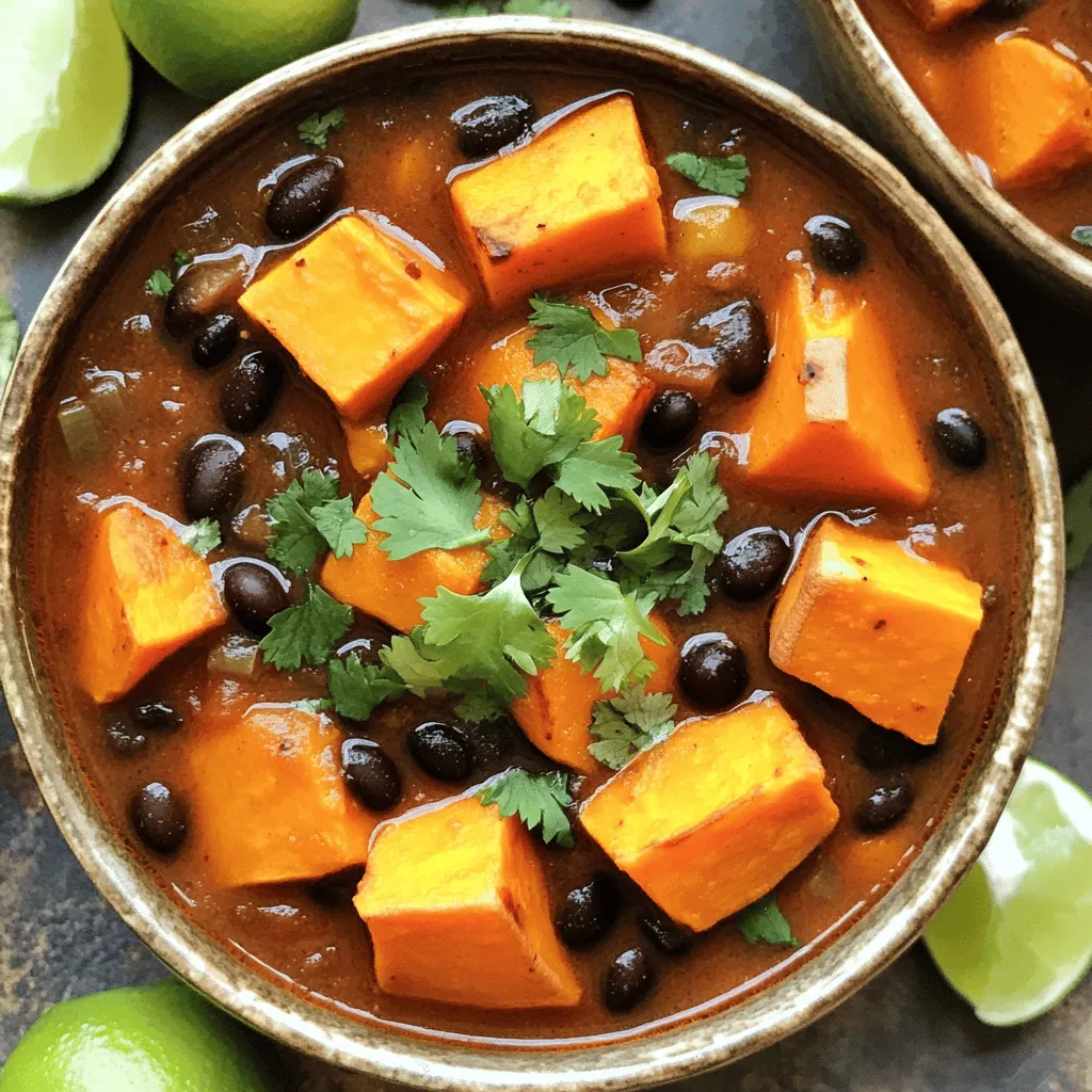 - 2 medium sweet potatoes, peeled and diced into 1-inch cubes - 1 can (15 oz) black beans, drained and rinsed thoroughly - 1 can (14 oz) diced tomatoes with green chilies, undrained - 1 medium onion, chopped finely - 3 cloves garlic, minced - 1 red bell pepper, chopped into bite-sized pieces - 2 cups vegetable broth (low sodium preferred) - 2 teaspoons ground cumin - 1 teaspoon smoked paprika - 1 teaspoon chili powder - 1 tablespoon olive oil - Salt and black pepper to taste - Fresh cilantro, chopped, for garnish - Lime wedges for serving Use medium sweet potatoes for the best size. A 15 oz can of black beans works well. For the tomatoes, choose a can with green chilies for a nice kick. The onion should be medium-sized, while garlic needs to be fresh for great flavor. Dice the red bell pepper into small pieces for even cooking. For broth, low-sodium vegetable broth enhances the taste without too much salt. Use a tablespoon for olive oil and teaspoons for spices. Adjust salt and pepper per your taste. Fresh cilantro adds a nice touch, and lime wedges give a zesty finish. This recipe is vegetarian and can be vegan. It is naturally gluten-free. Check for low-sodium options if you need to watch your salt. Sweet potatoes provide fiber and vitamins. Black beans add protein and iron. Overall, this chili is healthy and comforting. Feel free to adjust the spice level to suit your taste. Gather your ingredients before you start. This makes cooking easier. Here’s what you need: - 2 medium sweet potatoes, peeled and diced into 1-inch cubes - 1 can (15 oz) black beans, drained and rinsed thoroughly - 1 can (14 oz) diced tomatoes with green chilies, undrained - 1 medium onion, chopped finely - 3 cloves garlic, minced - 1 red bell pepper, chopped into bite-sized pieces - 2 cups vegetable broth (low sodium preferred) - 2 teaspoons ground cumin - 1 teaspoon smoked paprika - 1 teaspoon chili powder - 1 tablespoon olive oil - Salt and black pepper to taste - Fresh cilantro, chopped, for garnish - Lime wedges for serving Make sure to wash and chop all your veggies first. This saves time when cooking. 1. Heat the olive oil in a large pot over medium heat. 2. Once hot, add the chopped onion. Cook for about 5 minutes until soft. 3. Stir in the minced garlic and chopped red bell pepper. Cook for 2-3 minutes until fragrant. 4. Add the diced sweet potatoes to the pot. Mix well and cook for 5 minutes. 5. Sprinkle ground cumin, smoked paprika, and chili powder over the veggies. Stir for 1-2 minutes. 6. Pour in the undrained diced tomatoes and vegetable broth. Stir and bring to a gentle simmer. 7. Add the drained black beans. Season with salt and black pepper. Cover and cook for 25-30 minutes. 8. Taste and adjust the seasoning. Add more chili powder for heat if desired. 9. Remove from heat and serve hot in bowls. Garnish the chili with fresh cilantro. Squeeze lime juice over the top for extra flavor. Serve it with lime wedges on the side. This chili goes great with cornbread or over rice. Enjoy your meal! For the full recipe, check out Cozy Sweet Potato & Black Bean Chili. To make your sweet potato and black bean chili shine, focus on the spices. Use fresh spices for the best taste. Ground cumin, smoked paprika, and chili powder add deep flavor. Sauté your onions until they are soft. This brings out their sweetness. Don't rush the cooking. Letting the sweet potatoes simmer helps them absorb all the tasty juices. One common mistake is using old spices. Old spices lose their flavor and can ruin your dish. Another mistake is not seasoning enough. Taste your chili as it cooks. Add salt and pepper gradually. Lastly, avoid overcooking the sweet potatoes. They should be tender but not mushy. You can change some ingredients if needed. If you don't have sweet potatoes, try regular potatoes. Canned black beans can be swapped for pinto beans. For a different flavor, use fire-roasted tomatoes instead of regular diced tomatoes. If you want a milder chili, skip the chili powder or use less. For a boost of protein, add cooked chicken or turkey. For the complete recipe, check out the Full Recipe. {{image_4}} This sweet potato and black bean chili is already vegan. All the ingredients are plant-based. You can enjoy it without worry. Use vegetable broth to keep it vegetarian-friendly. I love adding more beans or veggies for a heartier meal. Try adding corn or zucchini for extra texture. These additions keep the dish colorful and nutritious. If you want more protein, try adding quinoa or lentils. Both options blend well with the chili. Cook the quinoa separately and stir it in at the end. This method ensures it doesn’t get mushy. You can also add some cooked chicken or turkey if you prefer meat. Keep it lean to stay healthy. Adjust the spice to your taste. If you like it hot, add more chili powder or diced jalapeños. Start with a little, then taste as you go. You can also include cayenne pepper for an extra kick. For milder chili, cut back on the chili powder. Adding a dollop of yogurt or sour cream can balance the heat nicely. After enjoying your sweet potato and black bean chili, allow it to cool. Then, transfer it to an airtight container. It will stay fresh in the fridge for up to 4 days. Make sure to keep it covered to prevent it from drying out or absorbing other smells. Reheat your chili on the stove or in the microwave. For the stove, place it in a pot over medium heat. Stir it often until it's hot. If using the microwave, put it in a safe bowl and heat in 30-second bursts. Stir in between to ensure even heating. You can freeze this chili for later enjoyment. Let it cool completely before storing. Use freezer-safe containers or bags, leaving some space for expansion. It can last up to 3 months in the freezer. When you want to eat it, thaw it overnight in the fridge before reheating. Enjoy a warm bowl of chili anytime! For the full recipe, check out the Cozy Sweet Potato & Black Bean Chili section. Yes, you can use fresh black beans. However, they need to be cooked first. Soak them overnight in water. Then boil them until they are soft. This process takes time but adds a fresh taste. If you're in a hurry, canned beans save time and are just as tasty. Sweet Potato and Black Bean Chili lasts about 4 to 5 days in the fridge. Store it in an airtight container to keep it fresh. When you want to enjoy it again, just reheat it on the stove or in the microwave. The flavors blend even more over time! This chili pairs well with many sides. Here are some great options: - Cornbread for a sweet touch - Rice for a filling meal - Avocado slices for creaminess - A fresh salad for crunch - Tortilla chips for a fun snack For the full recipe, check out the Cozy Sweet Potato & Black Bean Chili section! In this blog post, we explored the ingredients, preparation, and cooking steps for Sweet Potato and Black Bean Chili. We covered tips for improving flavor and avoiding mistakes. You learned about variations, dietary options, and how to store leftovers. With these ideas, you can make a chili that fits your taste. Enjoy your cooking!