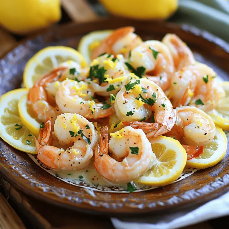 For Lemon Garlic Butter Shrimp, gather these main ingredients: - 1 pound large shrimp, peeled and deveined - 4 tablespoons unsalted butter - 4 cloves garlic, finely minced - Juice and zest from 1 large lemon - 1 tablespoon fresh parsley, finely chopped - 1/2 teaspoon red pepper flakes (optional for a hint of heat) - Salt and freshly cracked black pepper to taste - Lemon slices, for garnish You can also add a pinch of paprika for extra flavor. If you want to change things up, you can use chicken or scallops instead of shrimp. For fresh ingredients, if you lack fresh parsley, use dried parsley. If you don’t have a lemon, lime juice works well too. You will need a large skillet to cook the shrimp evenly. A wooden spoon or spatula will help you stir the shrimp. A sharp knife and cutting board are also essential for prepping your garlic and parsley. 1. Preparing the shrimp for cooking Start by drying the shrimp well with paper towels. This step is key for a good sear. Moist shrimp will steam instead of sear, and we want that nice crust! 2. Prepping garlic and other ingredients Mince the garlic finely. You want it small so it cooks evenly. Squeeze the juice from the lemon into a bowl. Grate the zest too. Chop the parsley finely for a fresh finish. 1. Detailed cooking instructions In a large skillet, melt the butter over medium heat. Add the minced garlic and sauté for about one minute. You want it fragrant but not brown. Then, turn the heat to medium-high. Add the dried shrimp to the skillet. 2. Tips for achieving the perfect sear Season the shrimp with salt, black pepper, and red pepper flakes if you like heat. Cook for 2-3 minutes on each side. They will turn pink and opaque. Do not crowd the pan; this helps with searing. 1. Adding lemon juice and zest Just before the shrimp are done, add the lemon juice and zest to the skillet. Toss quickly to coat the shrimp in that buttery sauce. This adds bright, fresh flavor. 2. Incorporating parsley and presentation tips Remove the skillet from heat and stir in the chopped parsley. This adds color and a hint of freshness. Serve the shrimp hot, garnished with lemon slices and a sprinkle of parsley for a lovely look. For the full recipe, check the link above. To sauté shrimp well, start with dry shrimp. Pat them with paper towels. This helps them sear nicely. Heat your skillet before adding the butter. Use medium heat to melt the butter, then add the garlic. Stir it for one minute until you smell its great aroma. Keep an eye on the garlic so it doesn't burn. To prevent overcooking, cook shrimp for only 2-3 minutes per side. Look for that bright pink color. Once they turn opaque, they are ready. If you overcook shrimp, they become rubbery and tough. Nobody wants that! Adding herbs can lift the flavor. Fresh parsley adds a bright taste. You can also try basil or cilantro for variety. For spice, red pepper flakes offer a nice kick. Adjust the spice level by adding more or less. If you want more heat, use jalapeños or hot sauce. To make your dish look pretty, serve the shrimp on a white plate. This makes the colors pop. Garnish with lemon slices and extra parsley. A sprinkle of black pepper adds a nice touch too. Pair this dish with rice, pasta, or a fresh salad. These sides complement the buttery sauce well. For a fun twist, serve it with crusty bread to soak up the sauce. Get creative and enjoy your meal! You can find the full recipe [here](#). {{image_4}} You can easily change the taste of Lemon Garlic Butter Shrimp. Adding spices like paprika or cumin can give it a new spin. These spices can enhance the dish without overpowering the lemon and garlic. You can also add vegetables, making it even more colorful. Try bell peppers, spinach, or zucchini. Just sauté them before adding shrimp for a well-rounded taste. If you prefer gluten-free, this dish fits perfectly. All the ingredients are naturally gluten-free. For a lower-fat version, you can use less butter or swap it for olive oil. This will still keep the dish tasty while cutting back on fat. You can also use shrimp alternatives like chicken or tofu if you wish. Lemon Garlic Butter Shrimp can transform into a pasta dish easily. Just toss cooked pasta in the same sauce for a hearty meal. For an Asian twist, add soy sauce and sesame oil. This gives it a bold flavor with a hint of sweetness. You can garnish with green onions to add freshness. For the full recipe, check here [Full Recipe]. To keep your Lemon Garlic Butter Shrimp fresh, place it in an airtight container. Make sure to cool the dish before sealing it. Store the shrimp in the refrigerator. It will stay good for up to three days. If you want to keep it longer, freezing is a good option. To freeze your shrimp dish, let it cool completely. Then, place it in a freezer-safe bag or container. Remove as much air as possible to avoid freezer burn. You can keep it in the freezer for up to three months. When you are ready to eat, thaw the shrimp in the fridge overnight. For a quick method, run the sealed bag under cold water. Reheat in a pan over low heat until warm. Avoid cooking it too long to keep the shrimp tender. Food safety is key when handling shrimp. Always wash your hands before preparing food. Check that the shrimp is fresh before cooking. Fresh shrimp should smell like the ocean and not have a strong odor. If your shrimp looks discolored or slimy, it may be spoiled. Trust your nose and eyes, and when in doubt, throw it out. Always follow these safety tips to enjoy your meal worry-free! How long to cook shrimp for best results? Cook shrimp for 2-3 minutes on each side. They should turn pink and opaque. Overcooking makes them tough. Can I use frozen shrimp instead? Yes, you can use frozen shrimp. Just thaw them first. Dry them well before cooking. This helps them sear nicely. What to do if shrimp are rubbery? If shrimp are rubbery, you likely overcooked them. Cook them just until they turn pink. How can I enhance the lemon flavor? To boost lemon flavor, add more zest or juice. Fresh lemon juice makes a big difference. You can also add lemon slices for garnish. What drinks pair well with Lemon Garlic Butter Shrimp? White wine, like Sauvignon Blanc, pairs well. Sparkling water with lemon is a refreshing choice. Best sides to serve alongside this dish? Serve with rice or pasta to soak up the sauce. A fresh green salad or roasted veggies also pairs nicely. For the full recipe, check the link above. This blog post covered everything you need for a great Lemon Garlic Butter Shrimp. We discussed required and optional ingredients, tool recommendations, and preparation steps. You learned how to cook shrimp perfectly while enhancing flavor and presentation. By following these tips and exploring variations, you can create a dish that suits your taste. Whether you want to store leftovers or try new flavors, you now have the tools to impress. Enjoy cooking and make it your own!