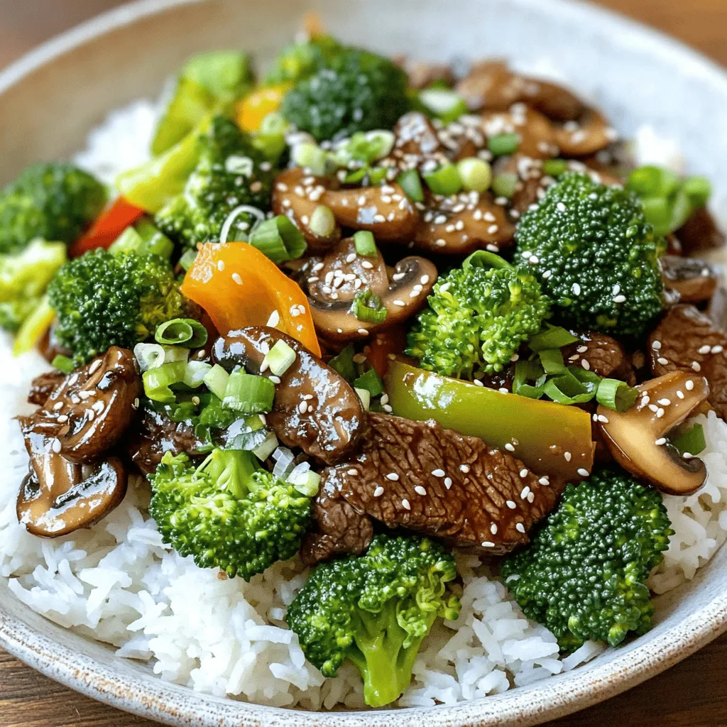 - 1 lb (450g) flank steak, thinly sliced against the grain - 8 oz (225g) shiitake mushrooms, sliced - 1 bell pepper (red or green), sliced into strips - 1 cup broccoli florets, fresh or frozen - 4 green onions, chopped (white and green parts kept separate) - 4 cloves garlic, minced - 2 tablespoons fresh ginger, minced - 3 tablespoons low-sodium soy sauce - 1 tablespoon oyster sauce - 1 tablespoon sesame oil - 2 tablespoons vegetable oil (divided) - 1 tablespoon cornstarch - 1/4 cup beef broth - 1 teaspoon granulated sugar - Salt and freshly cracked pepper to taste - Toasted sesame seeds for garnish When making Asian Beef with Mushrooms, gather all these ingredients first. Fresh flank steak gives the best flavor, and thin slicing helps it cook quickly. Shiitake mushrooms add a rich taste, and the bell pepper adds a nice crunch. Broccoli brings in color and nutrients. Garlic and ginger are key for that classic Asian flavor. They make the dish smell amazing. For sauces, I use low-sodium soy sauce for saltiness and oyster sauce for sweetness. Sesame oil adds a nutty flavor. Vegetable oil is great for cooking at high heat. Finally, cornstarch helps thicken the sauce, and beef broth adds depth. A sprinkle of sugar balances the flavors, while salt and pepper enhance everything. Toasted sesame seeds on top make your dish look fancy. You can find the full recipe [here](#). - Marinate the beef: In a bowl, mix sliced flank steak with soy sauce, oyster sauce, sesame oil, cornstarch, salt, and pepper. Coat the beef well. Let it sit for 20 minutes. This makes the beef tasty and tender. - Prepare the vegetables: Slice the shiitake mushrooms and bell pepper. Chop the green onions, keeping the white and green parts separate. Cut broccoli into florets if using fresh. - Sear the beef: Heat 1 tablespoon of vegetable oil in a large skillet over medium-high heat. When the oil is hot, add the marinated beef in a single layer. Sear for 2-3 minutes until nicely browned. Remove the beef and set it aside. - Sauté aromatics: In the same skillet, add the other tablespoon of vegetable oil. Add minced garlic and ginger. Sauté for 30 seconds until they smell good, but don’t let them burn. - Stir-fry vegetables: Add sliced shiitake mushrooms, bell pepper, and broccoli to the skillet. Stir-fry for 5-7 minutes until the veggies are bright and crisp. - Combine everything: Put the cooked beef back in the skillet. Add the white parts of the green onions and the beef broth. Sprinkle in the teaspoon of sugar. Stir well and cook for 2-3 minutes until the sauce thickens slightly. - Adjust seasoning: Taste the dish. If it needs more flavor, add more salt or pepper. - Garnish and serve: Remove from heat. Sprinkle with toasted sesame seeds and the green parts of the green onions for color. Serve over jasmine rice or noodles for a complete meal. Enjoy your savory Asian beef with mushrooms! For the full recipe, check out the complete guide. - Tips for marinating beef: Marinate your flank steak for at least 20 minutes. This step adds flavor and softness. Use soy sauce, oyster sauce, and sesame oil for that rich taste. Make sure to coat the beef well in the marinade. - Importance of high heat: Cooking over high heat helps sear the beef nicely. It locks in the juices and gives a great texture. A hot skillet or wok makes all the difference in your stir-fry. - How to achieve perfect sear: Heat your oil until it shimmers. Add the beef in a single layer. Don’t crowd the pan; this allows for better browning. Sear for 2-3 minutes without moving it around. - Stir-frying tips for vegetables: Cut your veggies into uniform pieces. This ensures even cooking. Start with the ones that take longer to cook, like broccoli. Add softer veggies, like bell peppers, later. - Experiment with additional spices: Don’t be afraid to add your favorite spices. Some chili flakes can add heat. You can also try a dash of five-spice powder for extra depth. - Suggested garnishing ideas: Fresh herbs like cilantro or basil can brighten the dish. Toasted sesame seeds add crunch and a nutty flavor. Green onions on top not only taste good but look great too. For the full recipe, check out the detailed instructions. {{image_4}} You can easily switch beef for chicken or tofu. Both options bring unique flavors. Chicken cooks quickly and stays juicy. Use boneless chicken thighs for the best taste. Tofu is great for a vegan dish. Press it to remove water, then cube and fry. This keeps it firm and adds texture. Mushrooms change the dish's texture. You can use different types like button or portobello. Each type adds a unique taste. Other vegetables work well too. Try snap peas for crunch or carrots for sweetness. You can mix in bok choy or snow peas for color and nutrition. If you like spice, add chili sauces like sriracha or sambal. These sauces give a nice kick. Adjust the heat based on your taste. To change the sweet and savory balance, add more sugar or soy sauce. This lets you customize the dish to your liking. For the Full Recipe, follow the detailed steps to create your own delicious stir-fry! To keep your Asian Beef with Mushrooms fresh, follow these tips: - Cool the dish to room temperature. - Store leftovers in airtight containers. - Place the containers in the fridge. - Consume within three days for best taste. Using airtight containers helps lock in flavors. This keeps your meal safe from bacteria. To reheat your leftovers, do this: - Use a microwave or a skillet. - If using a microwave, place on medium heat for 1-2 minutes. - Stir halfway to heat evenly. - If using a skillet, add a splash of water and heat on low. This method keeps the flavor and texture intact. The steam from the water helps prevent dryness. Can you freeze this dish? Yes, you can! Here’s how: - Portion the beef and mushrooms into freezer-safe bags. - Remove as much air as possible before sealing. - Label each bag with the date and contents. For best results, freeze within two days. Thaw overnight in the fridge before reheating. This way, your meal stays tasty and safe! What to serve with Asian Beef with Mushrooms? You can serve this dish with jasmine rice or noodles. Both options soak up the sauce well. Add a side of steamed vegetables for extra color and nutrition. Can I use other cuts of beef? Yes, you can use sirloin or ribeye if you prefer. Just slice them thinly against the grain for the best texture. This will keep the beef tender and juicy. How do I make this dish gluten-free? To make this dish gluten-free, use gluten-free soy sauce. You can also check labels on other sauces. Make sure they are gluten-free as well. How do I know when the beef is cooked? The beef is cooked when it turns brown and is no longer red. It should feel firm but still tender to touch. Thin slices cook quickly, so watch them closely. Can I prepare this dish in advance? Yes, you can prepare the beef and vegetables ahead of time. Store them separately until you're ready to cook. This will keep everything fresh and tasty. Can I use canned mushrooms instead? Canned mushrooms can work in a pinch. However, fresh shiitake mushrooms add more flavor and texture. If using canned, drain and rinse them well before adding. How to adjust the recipe for different serving sizes? You can easily adjust the recipe. Simply multiply or divide the ingredient amounts by the number of servings you need. Keep the cooking times similar for best results. This post covers how to make a tasty Asian beef dish. You’ll start with key ingredients like flank steak and shiitake mushrooms. Then, follow the simple steps for preparation and cooking. Don’t forget the helpful tips to enhance flavor and get perfect texture. You can also explore variations for your taste. With proper storage methods, you can enjoy leftovers later. Remember, cooking is a fun way to express yourself. Try this dish, make it yours, and impress your family and friends!