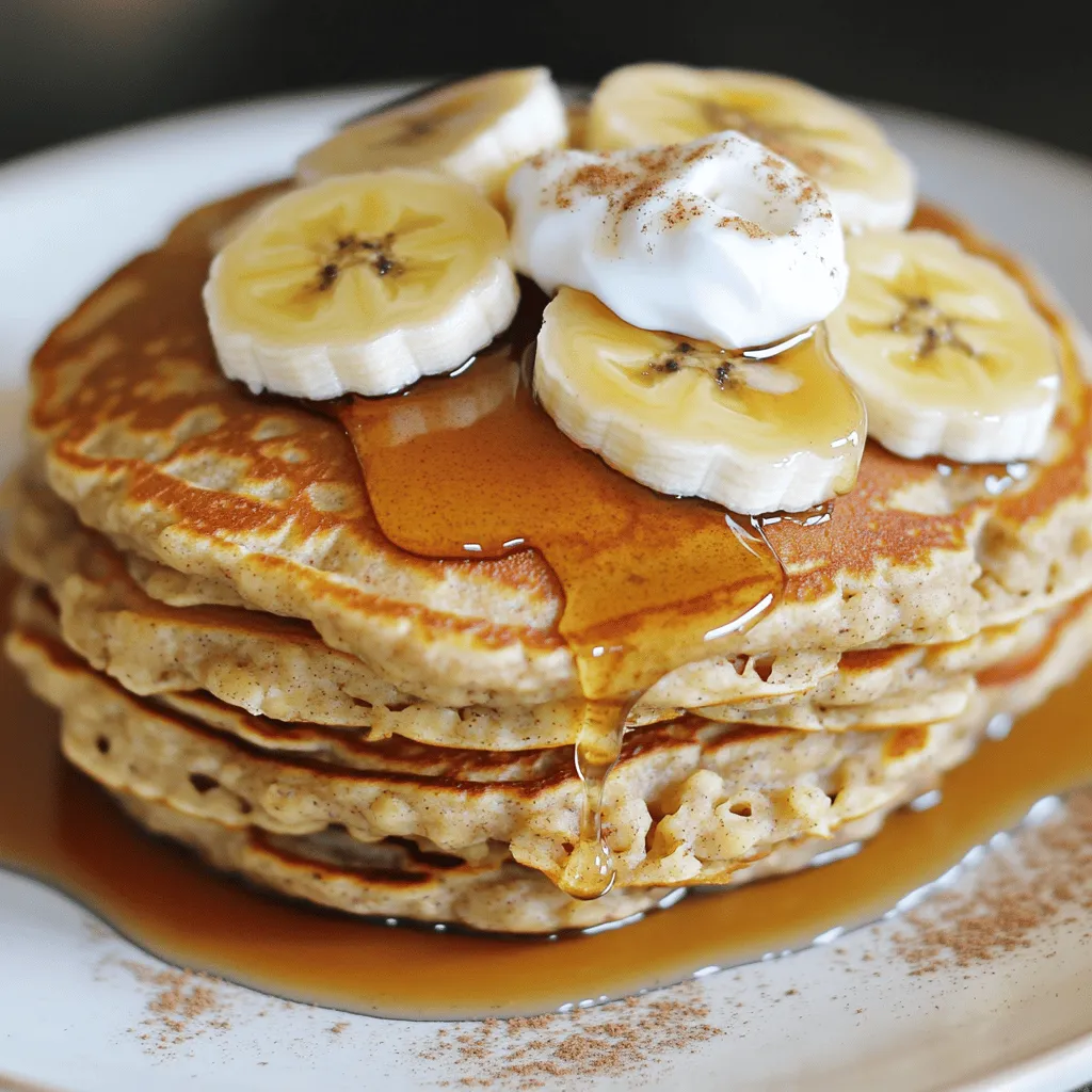 - 1 cup rolled oats - 1 ripe banana, mashed until smooth - 1 cup milk (choose from dairy or non-dairy options) These three main ingredients form the heart of your banana oatmeal pancakes. Rolled oats give the pancakes a hearty texture while providing fiber. The ripe banana adds natural sweetness and moisture, helping keep the pancakes soft. Milk binds everything and helps create a lovely, smooth batter. - 1/2 teaspoon baking powder - 1/2 teaspoon ground cinnamon - 1/4 teaspoon salt Baking powder is key for making the pancakes rise. Ground cinnamon gives them a warm flavor that pairs well with banana. Salt enhances the overall taste, balancing the sweetness from the banana. - 1 tablespoon honey or maple syrup - 1/2 teaspoon pure vanilla extract - Cooking spray or butter, for frying You can add honey or maple syrup for extra sweetness. Pure vanilla extract adds depth to the flavor. Cooking spray or butter prevents the pancakes from sticking to the skillet, ensuring easy flipping. For the complete recipe, check the Full Recipe. To make oat flour, start by blending rolled oats in a blender. Blend until the oats look like fine flour. This oat flour is key for fluffy pancakes. It gives them a nice texture and a nutty taste. In a large bowl, mix the oat flour with baking powder, ground cinnamon, and salt. Use a whisk to combine these dry ingredients well. This step ensures even flavor and rise in your pancakes. Next, take a ripe banana and mash it in a separate bowl. Aim for a smooth consistency with no lumps. Add the milk, egg (or flax egg), honey or maple syrup, and pure vanilla extract. Stir until everything is well mixed. Pour the wet banana mixture into your bowl with the dry ingredients. Gently mix until just combined. Do not overmix, as this can make the pancakes tough. Let the batter rest for five minutes. This allows it to thicken, which improves the texture. Heat a non-stick skillet over medium heat. Lightly grease it with cooking spray or butter. Pour about 1/4 cup of batter onto the skillet for each pancake. Cook for 2-3 minutes until bubbles form on top. When the edges look set, carefully flip the pancakes. Cook for another 2-3 minutes until golden brown. For more details, check the Full Recipe for Banana Oatmeal Pancakes. Enjoy your cooking! To make the best banana oatmeal pancakes, you must not overmix the batter. Overmixing can lead to tough pancakes. Mix just enough until you don’t see dry flour anymore. This keeps them light and fluffy. Resting the batter is also key. Let it sit for about 5 minutes. This allows the oats to absorb moisture, making the pancakes thicker and softer. Get creative with your toppings! Sliced bananas and fresh berries add great flavor. You can also sprinkle some nuts on top for crunch. When serving, drizzle warm maple syrup or honey. You can add a dollop of yogurt for creaminess. These toppings make your pancakes a real treat! Want smaller pancakes? Use about 2 tablespoons of batter. For larger ones, pour 1/2 cup of batter. Adjusting the size lets you cater to different tastes. Cooking times vary. Small pancakes take about 1-2 minutes per side. Larger ones need 3-4 minutes. Always look for bubbles on top before flipping! {{image_4}} You can easily switch up the flavor of your banana oatmeal pancakes. Adding chocolate chips is a favorite. Just fold in about 1/2 cup of mini chocolate chips into your batter. This gives a sweet twist to each bite. Incorporating nuts or seeds can add crunch and nutrition. Try adding 1/4 cup of chopped walnuts or pecans. You could also mix in some chia seeds or flaxseeds for added health benefits. For those following a vegan diet, you can use a flax egg instead of a regular egg. To make a flax egg, mix 1 tablespoon of ground flaxseed with 3 tablespoons of water. Let it sit for a few minutes to thicken. This works great in the pancake batter. If you need gluten-free options, use certified gluten-free rolled oats. They will keep your pancakes safe and delicious for anyone with gluten sensitivities. You can serve your pancakes in many ways. Stacking them high on a plate looks great and is fun to eat. Try making a tall stack for a special breakfast. For a lighter option, serve single pancakes. This way, you can control the portion size. You can also serve pancakes with fruit compote or jam. A homemade fruit compote made from berries or peaches adds a fresh taste. Simply cook the fruit in a pan with a little sugar until it breaks down. This adds sweetness and flavor to your pancakes. For the full recipe, you can refer back to the main section of this article. Enjoy trying these variations! For best results, store leftover pancakes in an airtight container. Place parchment paper between layers to keep them from sticking. They will last in the fridge for about 3 to 5 days. Make sure to cool pancakes completely before storing. This helps prevent sogginess. To freeze pancakes, stack them with parchment paper in between. Wrap the stack tightly in plastic wrap or place them in a freezer bag. This method keeps them fresh for up to 2 months. When you want to enjoy them, you can thaw them overnight in the fridge. Alternatively, leave them out at room temperature for a few hours. For reheating, the microwave works well. Heat pancakes for about 20-30 seconds. If you want them crispy, use a skillet. Heat on medium-low for 1-2 minutes on each side. This method keeps pancakes fluffy and warm. Enjoy your pancakes like they were just made! To make your pancakes fluffier, you can try a few tricks. First, use fresh baking powder to ensure it works well. Also, let the batter rest for five minutes after mixing. This allows the oats to absorb moisture and expand, creating a lighter texture. Lastly, avoid overmixing; mix just until combined. This keeps air in the batter, making your pancakes fluffy. Yes, you can use quick oats instead of rolled oats. However, the texture will change. Quick oats are finer and absorb more liquid. This makes your pancakes denser and less chewy. Rolled oats provide a heartier texture, which I prefer. If you use quick oats, adjust the liquid in your recipe slightly to avoid wet pancakes. You can easily make these pancakes without eggs by using substitutes. A popular choice is a flax egg. To make one, mix one tablespoon of ground flaxseed with three tablespoons of water. Let it sit for about five minutes until it thickens. You can also use applesauce or mashed banana for moisture and binding. Each substitute gives a unique flavor to the pancakes. There are many great toppings for your pancakes. Here are some popular and unique ideas: - Sliced bananas for extra banana flavor - Maple syrup for sweetness - Honey for a natural touch - Greek yogurt for creaminess - Fresh berries like blueberries or strawberries for a fruity kick - Chopped nuts for crunch Feel free to mix and match for a fun breakfast treat! For the full recipe, check out the detailed steps above. You now have a complete guide to making delicious banana oatmeal pancakes. We covered the main ingredients, step-by-step instructions, helpful tips, and even variations to keep things exciting. Remember, the key to great pancakes is the right texture and resting the batter. Feel free to experiment with toppings and adjust sizes based on your taste. Enjoy making these pancakes yourself and share them with family and friends for a delightful breakfast experience!