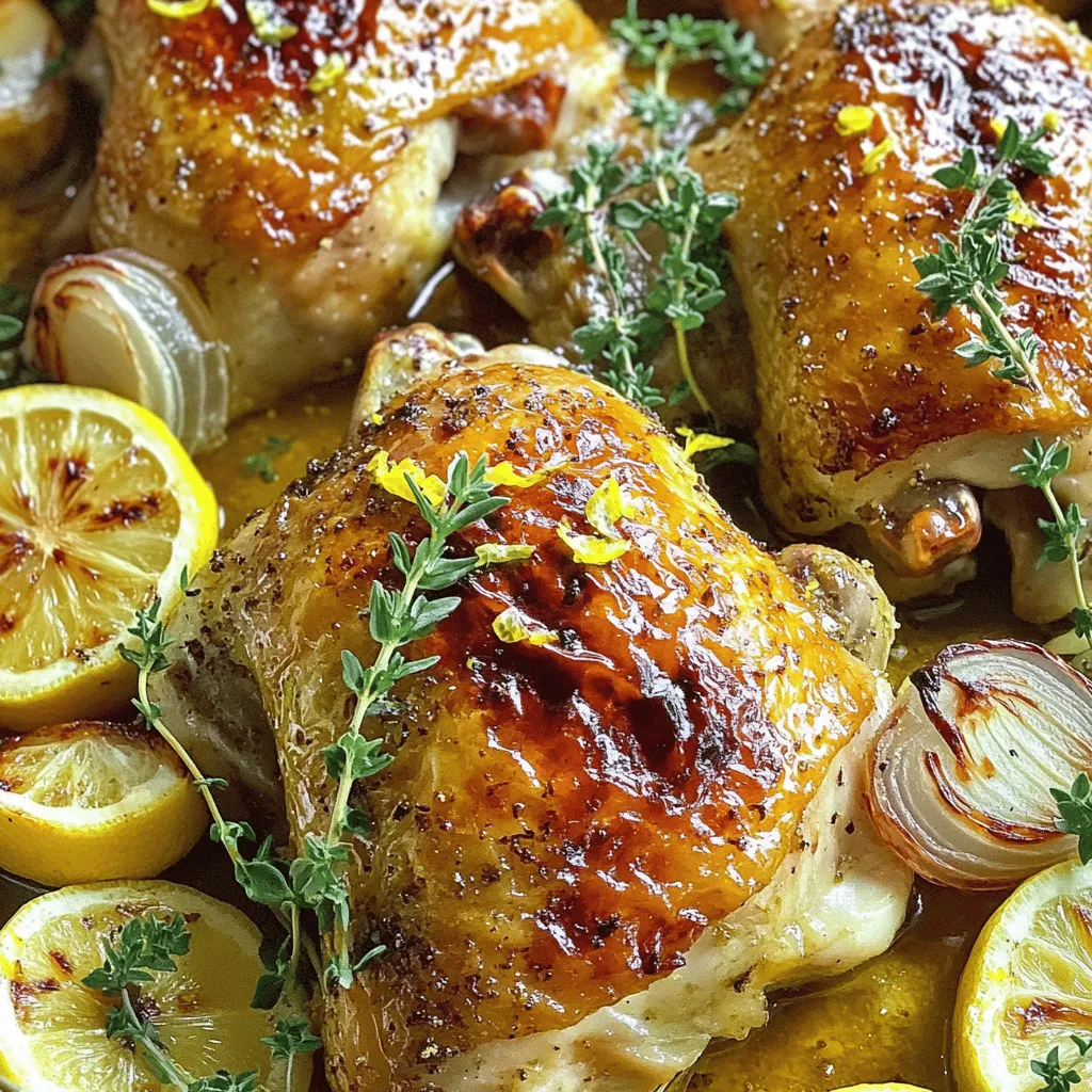 - 1 whole chicken (approximately 4-5 lbs) - 4 tablespoons olive oil - 4 cloves garlic, finely minced - 2 large lemons (one for zesting and juicing, the other sliced) - 1 tablespoon fresh thyme leaves (or 1 teaspoon dried thyme) - 1 tablespoon fresh rosemary, finely chopped (or 1 teaspoon dried rosemary) - Salt and pepper, to taste - 1 teaspoon smoked paprika - 1 medium onion, cut into quarters - Fresh parsley, for garnish When you pick your chicken, go for organic if you can. It often tastes better and is healthier. Organic chickens are raised without harmful chemicals. If you cannot find organic, choose a good quality conventional chicken. Fresh herbs add more flavor to your dish than dried ones. Always try to use fresh thyme and rosemary. Fresh garlic and lemons are also key. They make the dish bright and lively. Using old or dried versions can dull the taste. This recipe uses garlic and lemon to create a tasty balance. Fresh garlic brings out a strong, rich flavor. Fresh lemons add a zesty kick. Together, they make this dish stand out. You can find the full recipe above. 1. Preheat the oven: First, set your oven to 425°F (220°C). This hot temperature will help the skin of the chicken get crispy. 2. Prepare the marinade: In a small bowl, mix olive oil, minced garlic, lemon zest, and lemon juice. Add thyme, rosemary, smoked paprika, salt, and pepper. Whisk all these ingredients well to create a smooth marinade. 3. Dry the chicken: Pat the whole chicken dry with paper towels. This step is key to getting that crispy skin. 4. Marinate the chicken: Gently loosen the skin over the breast and thighs. Spoon half the marinade under the skin and inside the cavity. Rub the rest of the marinade all over the chicken skin. 5. Stuff the cavity: Place the quartered onion and lemon slices inside the chicken. This adds moisture and flavor while it roasts. 1. Truss the chicken (optional): If you want, tie the legs together with kitchen twine. Tuck the wing tips under the body to help it cook evenly. 2. Roast the chicken: Put the chicken breast-side up in a roasting pan. Roast it for about 1 hour and 15 minutes. To check if it’s done, use a meat thermometer. The internal temperature should reach 165°F (75°C). Baste the chicken with its juices halfway through cooking. 3. Rest the chicken: After roasting, let the chicken rest on a cutting board for about 15 minutes. This step is crucial. It helps keep the meat juicy and packed with flavor. Follow these steps, and you'll create a flavorful Lemon Garlic Roasted Chicken that will impress everyone at your dinner table. For the complete recipe, check out the [Full Recipe]. To get that perfect crispy skin on your chicken, start by drying the skin well. Pat it with paper towels until it feels dry. This step makes a huge difference in how the skin crisps up when roasted. Next, for even browning, place the chicken breast-side up in the roasting pan. This allows the heat to circulate properly. Basting the chicken with its own juices halfway through cooking also helps achieve that golden color. You can boost the flavors of your Lemon Garlic Roasted Chicken by adding more herbs and spices. Try mixing in some oregano or basil to the marinade for a fresh twist. If you want to switch things up, consider alternative marinades. A mix of honey and mustard can add a sweet kick. Or use orange juice instead of lemon for a different citrus flavor. Check out the Full Recipe for more ideas! {{image_4}} You can cook lemon garlic roasted chicken in many ways. If you want a quick option, try using an Instant Pot. It cooks the chicken fast and keeps it juicy. Just follow the same marinade method. Place the chicken in the pot with a cup of broth and cook for about 25 minutes. A slow cooker is another great choice. It gives a tender and flavorful result. Coat the chicken with the marinade, place it in the slow cooker, and cook on low for about 6-8 hours. This method makes the chicken fall-off-the-bone tender. Grilling is a fun way to add smoky flavor. Marinate the chicken as usual, then place it on a hot grill. Cook it for about 45 minutes, turning it often. This gives the chicken a crispy skin and a nice char. You can also mix up the flavors in this dish. For a touch of sweetness, add honey or mustard to the marinade. This adds a nice balance to the lemon's tartness. You can use about one tablespoon of honey or mustard for great results. Try combining other citrus fruits with the lemon. Oranges and limes work well. They add a unique twist. Use the zest and juice from these fruits for the marinade. This can brighten the dish and enhance the flavor in an exciting way. For more cooking tips, check out the Full Recipe. It has all the details needed to create your perfect lemon garlic roasted chicken. After you enjoy your Lemon Garlic Roasted Chicken, store leftovers properly to keep them fresh. - Refrigeration: Place any leftover chicken in an airtight container. It stays good for up to 3 days in the fridge. Make sure to cool it before sealing. - Freezing: If you want to keep the chicken longer, freeze it. Wrap it tightly in plastic wrap, then place it in a freezer bag. It can last for up to 3 months. Label the bag with the date for easy tracking. Reheating your roasted chicken should keep it tasty and moist. - Best methods: Use the oven for the best results. Preheat it to 350°F (175°C). Place the chicken in a baking dish and cover it with foil. Heat for about 20-30 minutes or until warm. - Maintaining moisture: To keep the chicken juicy, add a splash of broth or water to the dish before reheating. This adds steam, helping to retain moisture. Enjoy your flavorful meal again! Roasting time depends on the chicken's weight. Here are the general guidelines: - For a 3 to 4 lb chicken, roast for 1 hour to 1 hour 15 minutes. - For a 4 to 5 lb chicken, aim for 1 hour 15 minutes to 1 hour 30 minutes. - Always check for an internal temperature of 165°F (75°C) to ensure it's done. Yes, you can use boneless chicken. Here’s how to adapt the recipe: - Use chicken breasts or thighs for a quicker cook time. - Marinate the chicken just like the whole chicken. - Roast the boneless parts for about 30 to 40 minutes. Side dishes can elevate your meal. Here are some great options: - Roasted vegetables, like carrots and potatoes. - A fresh green salad with lemon vinaigrette. - Creamy mashed potatoes or rice pilaf. - Garlic bread or crusty rolls to soak up the juices. Feel free to explore more with the Full Recipe for Lemon Garlic Roasted Chicken! Roasting a whole chicken is simple and rewarding. We covered the key ingredients, from fresh herbs to quality chicken. You learned essential steps for prepping and roasting, plus tips for crispy skin. Variations like grilling or using spices add fun twists. Finally, proper storage keeps leftovers fresh. With this knowledge, you can make delicious lemon garlic roasted chicken. Enjoy trying different methods and flavors. Happy cooking!