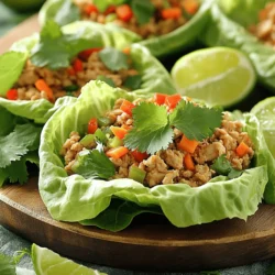 To make delicious Spicy Thai Chicken Lettuce Wraps, you need these key ingredients: - 1 lb (450g) ground chicken - 1 tablespoon vegetable oil - 3 cloves garlic, minced - 1 tablespoon fresh ginger, minced - 1 red bell pepper, diced - 1 carrot, grated - 2 green onions, thinly sliced - 1/4 cup soy sauce (substitute with tamari for gluten-free) - 2 tablespoons fish sauce (optional, for added depth of flavor) - 1 tablespoon sriracha (adjust according to your heat preference) - 1 tablespoon brown sugar - Juice of 1 lime - 1 head of butter or romaine lettuce, leaves carefully separated - Fresh cilantro and mint for garnish These ingredients pack a punch of flavor and are easy to find at your local store. You can customize your wraps based on what you have. Here are some options: - Ground turkey or pork instead of chicken - Add chopped mushrooms for extra texture - Use lime zest for more citrus flavor - Swap sriracha for another hot sauce if you prefer Feel free to mix and match based on your taste! Each ingredient brings its own health benefits: - Ground chicken is lean and high in protein. - Garlic and ginger help boost your immune system. - Bell peppers are rich in vitamins A and C. - Carrots provide beta-carotene for healthy eyesight. - Lettuce is low in calories and high in fiber. This dish is not just tasty but also nutritious. You get a great balance of flavors and health benefits, all in one meal! For the complete cooking instructions, check out the Full Recipe. Start by heating 1 tablespoon of vegetable oil in a large skillet over medium-high heat. Once the oil is hot, add 3 cloves of minced garlic and 1 tablespoon of minced ginger. Sauté these for about 30 seconds until they smell great but do not burn. Next, add 1 pound of ground chicken to the skillet. Cook it for 5 to 7 minutes, breaking it into small pieces with a spatula. Make sure the chicken is browned and fully cooked. While the chicken cooks, mix up a quick sauce. In a small bowl, combine 1/4 cup of soy sauce, 2 tablespoons of fish sauce (if you choose to use it), 1 tablespoon of sriracha, 1 tablespoon of brown sugar, and the juice of 1 lime. Whisk it together until it's smooth. Pour this sauce over the chicken mixture and stir well. Cook for another 2 minutes so that everything is well-coated in flavor. Now, it's time to add some color and crunch. Add 1 diced red bell pepper and 1 grated carrot to the skillet. Stir these in and cook for 2 to 3 minutes. This will soften the vegetables just a bit while keeping them crunchy. Once they are tender, remove the skillet from the heat and gently fold in 2 thinly sliced green onions. This step adds a fresh crunch to your dish. Now for the fun part—assembly! Take a whole lettuce leaf from your head of butter or romaine lettuce. Spoon a generous amount of the spicy chicken mixture into the center of the leaf. Feel free to add as much as you like! To finish, garnish the wraps with fresh cilantro and mint leaves. This adds a lovely aroma and freshness to your meal. For the full recipe, check out the complete instructions and tips. Enjoy creating these tasty wraps! To change the heat level, start with less sriracha. Taste the filling as you go. If you want more heat, add more sriracha a little at a time. You can also use fresh chili peppers for a fresher kick. For milder wraps, skip the fish sauce or sriracha. Use ground chicken for quick cooking. This meat stays tender when you cook it right. Make sure not to overcook it. Stir often and break the meat into small pieces. This helps it cook evenly. Cooking it on medium heat allows the flavors to blend without drying out the chicken. Make your wraps look great by using a colorful platter. Arrange the lettuce wraps neatly with lime wedges and herbs. Add fresh cilantro and mint for a pop of color. Let guests build their own wraps. This adds fun and makes it more interactive. For a personal touch, you can even serve with small bowls of extra sauce. For the full recipe, check out the details above. {{image_4}} If you want a vegetarian twist, swap ground chicken for mushrooms or tofu. Both add great texture and absorb flavors well. For a vegan option, use firm tofu and add extra veggies like zucchini or bell peppers. Crumble the tofu and sauté it just like the chicken. This keeps the dish filling and delicious. You can play with the sauce to mix things up. Try adding peanut butter for a creamy texture. You can also replace soy sauce with coconut aminos for a sweeter taste. For a tangy kick, add a splash of rice vinegar. Each change makes the wraps unique. If you have dietary restrictions, there are easy swaps. Use turkey instead of chicken for a leaner option. For gluten-free wraps, ensure your sauces use tamari instead of soy sauce. If you're avoiding sugar, replace brown sugar with a sugar substitute like agave or honey. These swaps keep the dish tasty while meeting your needs. For the complete recipe, check out the [Full Recipe] for Spicy Thai Chicken Lettuce Wraps. After enjoying your spicy Thai chicken lettuce wraps, you might have some filling left. To store it, let the filling cool to room temperature. Then, place it in an airtight container. This keeps the filling fresh for up to three days in the fridge. If you want to keep it longer, consider freezing it. When you're ready to eat the leftover filling, you can reheat it easily. Just take the filling out of the fridge or freezer. If frozen, let it thaw overnight in the fridge. To reheat, place it in a skillet over medium heat. Stir it gently until it warms through. This should take about 5 to 7 minutes. You can also use the microwave. Just heat in short bursts, stirring in between to avoid hot spots. Freezing is a great way to prepare meals ahead. You can freeze the filling right after cooking. Just let it cool, then transfer it to a freezer-safe bag or container. Be sure to remove as much air as possible. This helps prevent freezer burn. The filling can last up to three months in the freezer. When you’re ready to use it, thaw it in the fridge overnight. For a quick meal, you can cook it straight from frozen, just add a few extra minutes to the cooking time. For more details, check the full recipe. Yes, you can prepare the filling ahead of time. Cook the chicken and veggies, then store them in the fridge. Keep the sauce separate. Reheat the mixture before serving. This helps save time on busy days. Just assemble the wraps when you're ready to eat. If you want a change from lettuce, try these options: - Cabbage leaves: They are sturdy and add a nice crunch. - Collard greens: These have a mild flavor and hold fillings well. - Rice paper: Soak them in water for a few seconds to soften before wrapping. - Tortillas: A good choice for a heartier wrap. These alternatives keep the fun alive while exploring new flavors. You can easily make this dish gluten-free. Use tamari instead of soy sauce. Check fish sauce labels, as some brands may contain gluten. Always read labels to ensure your ingredients fit your needs. This way, you enjoy a tasty meal without worries. For the wraps, stick with fresh lettuce or gluten-free tortillas. For the complete recipe, check the Full Recipe. In this blog post, we explored how to make tasty Spicy Thai Chicken Lettuce Wraps. We looked at key ingredients, cooking steps, and helpful tips. You can adjust spiciness or swap ingredients for your needs. The dish has great nutritional value and easy storage options for leftovers. Remember, these wraps are fun to make and delicious to eat. Get creative with variations to suit your taste. Enjoy the bold flavors and make it your own!