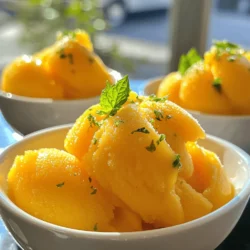 To make mango sorbet, you need just a few simple items: - 3 ripe mangoes, peeled and diced - 1/2 cup coconut water - 1/4 cup freshly squeezed lime juice - 1/4 cup agave syrup or honey - Pinch of sea salt These basic ingredients create a fresh and fruity treat. Choose ripe mangoes for the best flavor. The coconut water adds a light sweetness and a tropical twist. The lime juice brightens the taste and balances the sweetness. You can adjust sweetness based on your taste. I often use agave syrup for a mild sweetness. Honey is a great choice as well. If you want to skip added sugars, try using ripe bananas or dates. They blend well and keep the sorbet healthy. Garnishes can elevate your mango sorbet. I love using fresh mint leaves for a pop of color and flavor. You might also add some diced mango on top for a fun touch. A lime slice on the rim of the bowl adds a nice visual. These simple additions make your sorbet look great and taste even better. For the full recipe, check out Tropical Bliss Mango Sorbet. To make mango sorbet, start with ripe mangoes. Ripe mangoes will give you the best taste. You need three mangoes. Peel and dice them. Aim for small, even pieces. This helps them blend well later. After dicing, set the mango aside for now. Next, grab a blender or food processor. Add the diced mangoes to the blender. Then, pour in half a cup of coconut water. Add a quarter cup of freshly squeezed lime juice. Next, include a quarter cup of agave syrup or honey. You can adjust the sweetness as you blend. Finally, add a pinch of sea salt. Blend everything until it is smooth and creamy. Make sure there are no lumps left. Now, transfer the mango mixture to a shallow dish. Cover it tightly with plastic wrap. Place it in the freezer for about two hours. Check to see if the edges start to freeze. Once they do, take the dish out. Use a fork to scrape and mix the mixture well. This step is key to a fluffy texture. Return the dish to the freezer for another three to four hours. Scrape and mix every hour. This ensures even freezing. When fully set, the sorbet will be ready to serve. You can find the full recipe [here](#). Choosing ripe mangoes is key. Look for mangoes that give slightly when you press them. Their skin should be vibrant, with some red or yellow. A sweet aroma near the stem indicates ripeness. Avoid mangoes that feel hard or have dark spots. Ripe mangoes will help your sorbet taste amazing. Sweetness can change based on the mangoes. Taste your blended mix before freezing. If it's not sweet enough, add more agave syrup or honey. Blend again to mix it in well. Remember, you can always add more sweetener, but you can’t take it out. Adjust to find your perfect level. For a fluffy texture, mix your sorbet often while it freezes. After two hours, scrape the edges with a fork. Mix it well, so it stays light and airy. Repeat this every hour for four hours. This process prevents ice crystals and gives a smooth finish. Enjoy the refreshing, creamy result! {{image_4}} You can switch mangoes for other fruits in this sorbet. Try ripe peaches for a sweet twist. Pineapples give a tropical vibe, while berries add a tart flavor. The key is to use ripe fruit for the best taste. Blend these fruits just like the mangoes in the full recipe, and enjoy new flavors. If you want a vegan sorbet, use agave syrup as your sweetener. It’s plant-based and works great. For a sugar-free option, try using a sugar substitute like stevia. Just keep in mind that the sweetness can vary. Taste and adjust as needed. You can still enjoy a refreshing sorbet without sugar or animal products. Want to jazz up your mango sorbet? Add fresh coconut for a tropical touch. Grated coconut gives a nice texture and flavor. You can also mix in fresh mint for a cool taste. Just toss in a few mint leaves while blending. This small change can make your sorbet even more exciting and refreshing. To keep your mango sorbet fresh, store it in an airtight container. Make sure to press a piece of plastic wrap against the surface before sealing. This helps to reduce ice formation. Keep it in the coldest part of your freezer. Avoid opening the container often to maintain the right temperature. Mango sorbet can last up to two weeks in the freezer. After this time, it may lose its flavor and texture. For the best taste, try to enjoy it within the first week. If you plan to keep it longer, consider dividing it into smaller portions. This way, you can take out only what you need. If you notice ice crystals forming, don’t worry! You can revive the sorbet. Let it sit at room temperature for a few minutes. Then, use a fork to break up the ice. Stir it well to restore its creamy texture. Avoid refreezing without mixing, as this can make the sorbet icy and hard. Enjoy your Tropical Bliss Mango Sorbet straight from the freezer! For the full recipe, check out the details above. Yes, you can use frozen mangoes. They are a great option. Frozen mangoes save time and still taste good. Just make sure to thaw them a bit before blending. This will help you get a smooth texture. You know the sorbet is ready when it is firm but not rock solid. A good test is to use a fork. If you can scoop it easily, it’s ready. Let it sit out for 5-10 minutes before serving. This makes it easier to scoop and enjoy. If you don’t have coconut water, use water or juice instead. Pineapple juice gives a great tropical twist. You can also try almond milk for a creamier texture. Just keep in mind that these changes can alter the taste slightly. Mango sorbet is simple and fun to make. We covered the key ingredients, sweeteners, and garnishes. I shared step-by-step instructions from prep to freezing. You learned tips on how to pick ripe mangoes and adjust sweetness. We explored variations like fruit combos and vegan options. Lastly, I provided storage tips to keep your sorbet fresh. Now, you can enjoy delicious mango sorbet any time! Get creative and try new flavors. Your taste buds deserve it.