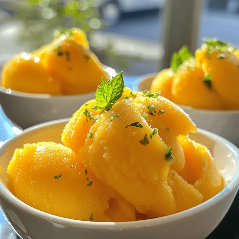 To make mango sorbet, you need just a few simple items: - 3 ripe mangoes, peeled and diced - 1/2 cup coconut water - 1/4 cup freshly squeezed lime juice - 1/4 cup agave syrup or honey - Pinch of sea salt These basic ingredients create a fresh and fruity treat. Choose ripe mangoes for the best flavor. The coconut water adds a light sweetness and a tropical twist. The lime juice brightens the taste and balances the sweetness. You can adjust sweetness based on your taste. I often use agave syrup for a mild sweetness. Honey is a great choice as well. If you want to skip added sugars, try using ripe bananas or dates. They blend well and keep the sorbet healthy. Garnishes can elevate your mango sorbet. I love using fresh mint leaves for a pop of color and flavor. You might also add some diced mango on top for a fun touch. A lime slice on the rim of the bowl adds a nice visual. These simple additions make your sorbet look great and taste even better. For the full recipe, check out Tropical Bliss Mango Sorbet. To make mango sorbet, start with ripe mangoes. Ripe mangoes will give you the best taste. You need three mangoes. Peel and dice them. Aim for small, even pieces. This helps them blend well later. After dicing, set the mango aside for now. Next, grab a blender or food processor. Add the diced mangoes to the blender. Then, pour in half a cup of coconut water. Add a quarter cup of freshly squeezed lime juice. Next, include a quarter cup of agave syrup or honey. You can adjust the sweetness as you blend. Finally, add a pinch of sea salt. Blend everything until it is smooth and creamy. Make sure there are no lumps left. Now, transfer the mango mixture to a shallow dish. Cover it tightly with plastic wrap. Place it in the freezer for about two hours. Check to see if the edges start to freeze. Once they do, take the dish out. Use a fork to scrape and mix the mixture well. This step is key to a fluffy texture. Return the dish to the freezer for another three to four hours. Scrape and mix every hour. This ensures even freezing. When fully set, the sorbet will be ready to serve. You can find the full recipe [here](#). Choosing ripe mangoes is key. Look for mangoes that give slightly when you press them. Their skin should be vibrant, with some red or yellow. A sweet aroma near the stem indicates ripeness. Avoid mangoes that feel hard or have dark spots. Ripe mangoes will help your sorbet taste amazing. Sweetness can change based on the mangoes. Taste your blended mix before freezing. If it's not sweet enough, add more agave syrup or honey. Blend again to mix it in well. Remember, you can always add more sweetener, but you can’t take it out. Adjust to find your perfect level. For a fluffy texture, mix your sorbet often while it freezes. After two hours, scrape the edges with a fork. Mix it well, so it stays light and airy. Repeat this every hour for four hours. This process prevents ice crystals and gives a smooth finish. Enjoy the refreshing, creamy result! {{image_4}} You can switch mangoes for other fruits in this sorbet. Try ripe peaches for a sweet twist. Pineapples give a tropical vibe, while berries add a tart flavor. The key is to use ripe fruit for the best taste. Blend these fruits just like the mangoes in the full recipe, and enjoy new flavors. If you want a vegan sorbet, use agave syrup as your sweetener. It’s plant-based and works great. For a sugar-free option, try using a sugar substitute like stevia. Just keep in mind that the sweetness can vary. Taste and adjust as needed. You can still enjoy a refreshing sorbet without sugar or animal products. Want to jazz up your mango sorbet? Add fresh coconut for a tropical touch. Grated coconut gives a nice texture and flavor. You can also mix in fresh mint for a cool taste. Just toss in a few mint leaves while blending. This small change can make your sorbet even more exciting and refreshing. To keep your mango sorbet fresh, store it in an airtight container. Make sure to press a piece of plastic wrap against the surface before sealing. This helps to reduce ice formation. Keep it in the coldest part of your freezer. Avoid opening the container often to maintain the right temperature. Mango sorbet can last up to two weeks in the freezer. After this time, it may lose its flavor and texture. For the best taste, try to enjoy it within the first week. If you plan to keep it longer, consider dividing it into smaller portions. This way, you can take out only what you need. If you notice ice crystals forming, don’t worry! You can revive the sorbet. Let it sit at room temperature for a few minutes. Then, use a fork to break up the ice. Stir it well to restore its creamy texture. Avoid refreezing without mixing, as this can make the sorbet icy and hard. Enjoy your Tropical Bliss Mango Sorbet straight from the freezer! For the full recipe, check out the details above. Yes, you can use frozen mangoes. They are a great option. Frozen mangoes save time and still taste good. Just make sure to thaw them a bit before blending. This will help you get a smooth texture. You know the sorbet is ready when it is firm but not rock solid. A good test is to use a fork. If you can scoop it easily, it’s ready. Let it sit out for 5-10 minutes before serving. This makes it easier to scoop and enjoy. If you don’t have coconut water, use water or juice instead. Pineapple juice gives a great tropical twist. You can also try almond milk for a creamier texture. Just keep in mind that these changes can alter the taste slightly. Mango sorbet is simple and fun to make. We covered the key ingredients, sweeteners, and garnishes. I shared step-by-step instructions from prep to freezing. You learned tips on how to pick ripe mangoes and adjust sweetness. We explored variations like fruit combos and vegan options. Lastly, I provided storage tips to keep your sorbet fresh. Now, you can enjoy delicious mango sorbet any time! Get creative and try new flavors. Your taste buds deserve it.