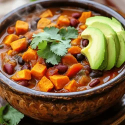 For this hearty vegan sweet potato chili, you will need: - 2 medium sweet potatoes, peeled and diced into 1-inch cubes - 1 can (15 oz) black beans, thoroughly rinsed and drained - 1 can (15 oz) kidney beans, thoroughly rinsed and drained - 1 can (15 oz) diced tomatoes, including their juices - 1 medium onion, finely diced - 3 cloves garlic, minced - 1 red bell pepper, diced - 2 tablespoons chili powder - 1 teaspoon ground cumin - 1 teaspoon smoked paprika - 1/2 teaspoon cayenne pepper (adjust to taste for heat) - 2 cups vegetable broth - 1 tablespoon olive oil - Salt and freshly ground black pepper, to taste - Fresh cilantro, chopped (for garnish) - Avocado slices (for serving, optional) Sweet potatoes are rich in vitamins A and C. They also offer fiber, which is good for digestion. Beans provide protein and fiber, making this dish filling and nutritious. Tomatoes are high in antioxidants, which help fight disease. Onions and garlic boost your immune system. The spices add flavor and may have health benefits, too. You can swap sweet potatoes for butternut squash for a different taste. If you don't have black beans, use pinto beans instead. Canned tomatoes can be replaced with fresh tomatoes, though you may need to adjust the cooking time. If you're out of vegetable broth, water works, but the flavor will be less rich. Use any bell pepper color if red is not available. First, gather your ingredients. You need sweet potatoes, black beans, kidney beans, diced tomatoes, onion, garlic, red bell pepper, chili powder, ground cumin, smoked paprika, cayenne pepper, vegetable broth, olive oil, salt, and pepper. Start by peeling and dicing two medium sweet potatoes into 1-inch cubes. Next, finely dice one medium onion and mince three cloves of garlic. Dice one red bell pepper, too. Rinse and drain the black and kidney beans. In a large pot, heat one tablespoon of olive oil over medium heat. Once the oil is hot, add the diced onion. Sauté the onion for 4-5 minutes until it looks soft and clear. Next, add the minced garlic and red bell pepper. Cook this mix for 2-3 minutes until it smells great and the peppers soften. Then, add the sweet potatoes and sauté for another 5 minutes. This step builds flavor and warmth. Now, sprinkle in two tablespoons of chili powder, one teaspoon of ground cumin, one teaspoon of smoked paprika, and half a teaspoon of cayenne pepper. Stir well so all the sweet potatoes get coated in spices. Let this mixture cook for 2 minutes to boost the spice aroma. Pour in one can of diced tomatoes and two cups of vegetable broth. Stir to mix everything. Increase the heat to bring it to a rolling boil. Once it boils, reduce the heat to low and cover the pot. Allow it to simmer for 20-25 minutes until the sweet potatoes are soft. After the sweet potatoes are tender, stir in the rinsed black beans and kidney beans. Cook for another 5 minutes, until the beans are warm. Taste the chili and add salt and pepper as you like. To ensure your chili has the right texture, chop the sweet potatoes into even pieces. This helps cook them evenly. When sautéing, don’t rush the steps. Let the onion and garlic soften fully before adding more ingredients. Simmer the chili long enough to let flavors blend but avoid overcooking the sweet potatoes. They should be soft but not mushy. To enhance the texture, you can add more vegetables or beans. This recipe offers a hearty dish that fills you up. Enjoy your Vegan Sweet Potato Chili with fresh cilantro and avocado slices for the best experience! For the complete recipe, check out the Full Recipe. You can easily control the heat in your vegan sweet potato chili. Start with just a little cayenne pepper and taste as you go. If you want it spicier, add more cayenne. You can also use fresh jalapeños instead. Just chop them finely and add them with the onions. Remember, you can always add more spice, but it's hard to take it away. Making this chili ahead of time is smart. It tastes even better the next day! Prepare the chili and let it cool. Store it in an airtight container in the fridge. You can keep it fresh for up to three days. You can also freeze it for up to three months. Just reheat on the stove or in the microwave when you're ready to eat. Pairing side dishes with your chili enhances the meal. Here are some great options: - Cornbread: Its sweet and buttery flavor matches well. - Rice: Serve it over brown or white rice for extra carbs. - Salad: A fresh green salad can balance the chili's richness. - Tortilla chips: Crunchy chips add texture and fun. - Avocado: Creamy avocado slices make a perfect topping. These sides will make your chili night even better! For the full recipe, check out the recipe section. {{image_4}} You can change up the flavor of your chili by adding different vegetables. Try using zucchini, corn, or carrots. Each veggie gives a unique taste and nutrition. For a colorful dish, mix in bell peppers of different colors. You can even add leafy greens like spinach or kale. They cook down well and boost the health factor. If you want more protein, consider adding lentils or chickpeas. They blend nicely with the flavors of the chili. You can also include vegan ground meat or tofu for a heartier dish. Just be sure to cook them well to soak up all the spices in the chili. To really enhance the taste, try adding fresh herbs like cilantro or parsley. A squeeze of lime juice brightens the dish. You can also mix in a tablespoon of maple syrup or agave for sweetness. Hot sauce can add a spicy kick if you prefer a bolder flavor. These small changes can take your chili from good to great! For the full recipe, check out the details in the main article. After enjoying your vegan sweet potato chili, store any leftovers in an airtight container. Let the chili cool to room temperature first. This helps prevent condensation and keeps your chili fresh. You can keep it in the fridge for up to five days. If you want to keep it longer, consider freezing it. When you're ready to enjoy your leftover chili, reheat it on the stove or in the microwave. If using the stove, place it in a pot over medium heat. Stir it often until it's hot throughout. This usually takes about 10 minutes. If using a microwave, heat it in short bursts, stirring between each burst, until hot. This helps ensure even heating. To freeze your chili, let it cool completely before transferring it to a freezer-safe container. Leave some space at the top, as liquids expand when frozen. You can keep it in the freezer for up to three months. When you're ready to eat it, thaw it in the fridge overnight. You can also use the microwave for quick thawing. For the best taste, reheat it on the stove after thawing. This way, you'll enjoy a warm, hearty meal anytime. For the full recipe, check the earlier section. Yes, you can use many types of beans in this chili. Feel free to swap black beans or kidney beans for pinto beans, cannellini beans, or chickpeas. Each bean brings its own flavor and texture to the dish. Just make sure to rinse and drain canned beans to remove excess salt and starch. You can even mix different beans for a fun twist! Absolutely! This chili is naturally gluten-free. It uses whole food ingredients like sweet potatoes, beans, and spices. Always check the labels on canned products, like diced tomatoes and vegetable broth, to ensure they are gluten-free. This way, you can enjoy the chili without worrying about gluten. To kick up the heat, add more cayenne pepper or chili powder. You can also include fresh jalapeños or serrano peppers for a fresh and spicy flavor. If you like smoky heat, try adding chipotle peppers in adobo sauce. Start with a little, taste, and adjust until it’s just right for you! Vegan Sweet Potato Chili is fun and easy to make. You learned about key ingredients, their benefits, and tasty substitutes. I shared step-by-step instructions to ensure a perfect chili every time. Tips on adjusting spice levels and side dishes make your meal even better. You can customize this chili with different veggies and proteins. Remember to store leftovers right and freeze for later. With all this info, you can enjoy a warm bowl of chili anytime!