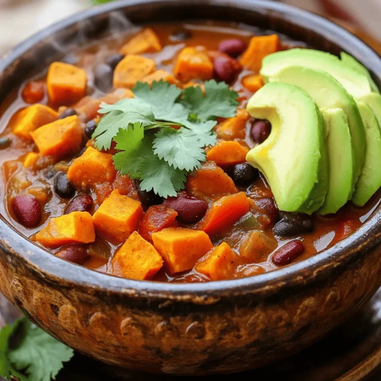 For this hearty vegan sweet potato chili, you will need: - 2 medium sweet potatoes, peeled and diced into 1-inch cubes - 1 can (15 oz) black beans, thoroughly rinsed and drained - 1 can (15 oz) kidney beans, thoroughly rinsed and drained - 1 can (15 oz) diced tomatoes, including their juices - 1 medium onion, finely diced - 3 cloves garlic, minced - 1 red bell pepper, diced - 2 tablespoons chili powder - 1 teaspoon ground cumin - 1 teaspoon smoked paprika - 1/2 teaspoon cayenne pepper (adjust to taste for heat) - 2 cups vegetable broth - 1 tablespoon olive oil - Salt and freshly ground black pepper, to taste - Fresh cilantro, chopped (for garnish) - Avocado slices (for serving, optional) Sweet potatoes are rich in vitamins A and C. They also offer fiber, which is good for digestion. Beans provide protein and fiber, making this dish filling and nutritious. Tomatoes are high in antioxidants, which help fight disease. Onions and garlic boost your immune system. The spices add flavor and may have health benefits, too. You can swap sweet potatoes for butternut squash for a different taste. If you don't have black beans, use pinto beans instead. Canned tomatoes can be replaced with fresh tomatoes, though you may need to adjust the cooking time. If you're out of vegetable broth, water works, but the flavor will be less rich. Use any bell pepper color if red is not available. First, gather your ingredients. You need sweet potatoes, black beans, kidney beans, diced tomatoes, onion, garlic, red bell pepper, chili powder, ground cumin, smoked paprika, cayenne pepper, vegetable broth, olive oil, salt, and pepper. Start by peeling and dicing two medium sweet potatoes into 1-inch cubes. Next, finely dice one medium onion and mince three cloves of garlic. Dice one red bell pepper, too. Rinse and drain the black and kidney beans. In a large pot, heat one tablespoon of olive oil over medium heat. Once the oil is hot, add the diced onion. Sauté the onion for 4-5 minutes until it looks soft and clear. Next, add the minced garlic and red bell pepper. Cook this mix for 2-3 minutes until it smells great and the peppers soften. Then, add the sweet potatoes and sauté for another 5 minutes. This step builds flavor and warmth. Now, sprinkle in two tablespoons of chili powder, one teaspoon of ground cumin, one teaspoon of smoked paprika, and half a teaspoon of cayenne pepper. Stir well so all the sweet potatoes get coated in spices. Let this mixture cook for 2 minutes to boost the spice aroma. Pour in one can of diced tomatoes and two cups of vegetable broth. Stir to mix everything. Increase the heat to bring it to a rolling boil. Once it boils, reduce the heat to low and cover the pot. Allow it to simmer for 20-25 minutes until the sweet potatoes are soft. After the sweet potatoes are tender, stir in the rinsed black beans and kidney beans. Cook for another 5 minutes, until the beans are warm. Taste the chili and add salt and pepper as you like. To ensure your chili has the right texture, chop the sweet potatoes into even pieces. This helps cook them evenly. When sautéing, don’t rush the steps. Let the onion and garlic soften fully before adding more ingredients. Simmer the chili long enough to let flavors blend but avoid overcooking the sweet potatoes. They should be soft but not mushy. To enhance the texture, you can add more vegetables or beans. This recipe offers a hearty dish that fills you up. Enjoy your Vegan Sweet Potato Chili with fresh cilantro and avocado slices for the best experience! For the complete recipe, check out the Full Recipe. You can easily control the heat in your vegan sweet potato chili. Start with just a little cayenne pepper and taste as you go. If you want it spicier, add more cayenne. You can also use fresh jalapeños instead. Just chop them finely and add them with the onions. Remember, you can always add more spice, but it's hard to take it away. Making this chili ahead of time is smart. It tastes even better the next day! Prepare the chili and let it cool. Store it in an airtight container in the fridge. You can keep it fresh for up to three days. You can also freeze it for up to three months. Just reheat on the stove or in the microwave when you're ready to eat. Pairing side dishes with your chili enhances the meal. Here are some great options: - Cornbread: Its sweet and buttery flavor matches well. - Rice: Serve it over brown or white rice for extra carbs. - Salad: A fresh green salad can balance the chili's richness. - Tortilla chips: Crunchy chips add texture and fun. - Avocado: Creamy avocado slices make a perfect topping. These sides will make your chili night even better! For the full recipe, check out the recipe section. {{image_4}} You can change up the flavor of your chili by adding different vegetables. Try using zucchini, corn, or carrots. Each veggie gives a unique taste and nutrition. For a colorful dish, mix in bell peppers of different colors. You can even add leafy greens like spinach or kale. They cook down well and boost the health factor. If you want more protein, consider adding lentils or chickpeas. They blend nicely with the flavors of the chili. You can also include vegan ground meat or tofu for a heartier dish. Just be sure to cook them well to soak up all the spices in the chili. To really enhance the taste, try adding fresh herbs like cilantro or parsley. A squeeze of lime juice brightens the dish. You can also mix in a tablespoon of maple syrup or agave for sweetness. Hot sauce can add a spicy kick if you prefer a bolder flavor. These small changes can take your chili from good to great! For the full recipe, check out the details in the main article. After enjoying your vegan sweet potato chili, store any leftovers in an airtight container. Let the chili cool to room temperature first. This helps prevent condensation and keeps your chili fresh. You can keep it in the fridge for up to five days. If you want to keep it longer, consider freezing it. When you're ready to enjoy your leftover chili, reheat it on the stove or in the microwave. If using the stove, place it in a pot over medium heat. Stir it often until it's hot throughout. This usually takes about 10 minutes. If using a microwave, heat it in short bursts, stirring between each burst, until hot. This helps ensure even heating. To freeze your chili, let it cool completely before transferring it to a freezer-safe container. Leave some space at the top, as liquids expand when frozen. You can keep it in the freezer for up to three months. When you're ready to eat it, thaw it in the fridge overnight. You can also use the microwave for quick thawing. For the best taste, reheat it on the stove after thawing. This way, you'll enjoy a warm, hearty meal anytime. For the full recipe, check the earlier section. Yes, you can use many types of beans in this chili. Feel free to swap black beans or kidney beans for pinto beans, cannellini beans, or chickpeas. Each bean brings its own flavor and texture to the dish. Just make sure to rinse and drain canned beans to remove excess salt and starch. You can even mix different beans for a fun twist! Absolutely! This chili is naturally gluten-free. It uses whole food ingredients like sweet potatoes, beans, and spices. Always check the labels on canned products, like diced tomatoes and vegetable broth, to ensure they are gluten-free. This way, you can enjoy the chili without worrying about gluten. To kick up the heat, add more cayenne pepper or chili powder. You can also include fresh jalapeños or serrano peppers for a fresh and spicy flavor. If you like smoky heat, try adding chipotle peppers in adobo sauce. Start with a little, taste, and adjust until it’s just right for you! Vegan Sweet Potato Chili is fun and easy to make. You learned about key ingredients, their benefits, and tasty substitutes. I shared step-by-step instructions to ensure a perfect chili every time. Tips on adjusting spice levels and side dishes make your meal even better. You can customize this chili with different veggies and proteins. Remember to store leftovers right and freeze for later. With all this info, you can enjoy a warm bowl of chili anytime!