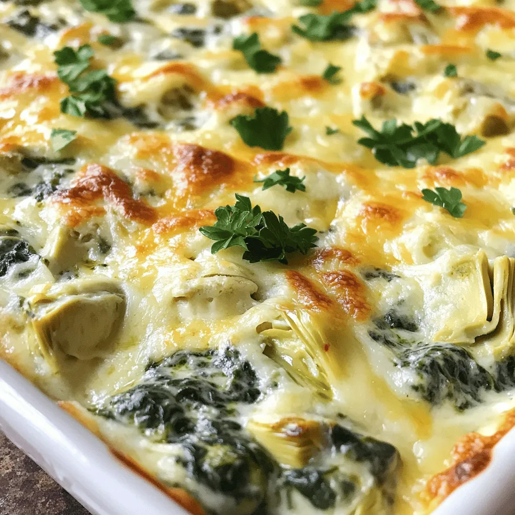 - 1 cup frozen spinach, thoroughly thawed and squeezed to remove excess moisture - 1 can (14 oz) artichoke hearts, drained and finely chopped - 1 cup cream cheese, softened at room temperature - 1/2 cup sour cream - 1/2 cup mayonnaise - 1 cup shredded mozzarella cheese, plus extra for topping - 1/2 cup grated Parmesan cheese - 2 cloves garlic, minced - 1/2 teaspoon red pepper flakes (or to taste for a kick) - Salt and pepper to taste - Fresh parsley, finely chopped, for garnish I love how the main ingredients create a rich and creamy dip. The frozen spinach gives a fresh taste, while the artichoke hearts add a unique texture. Cream cheese, sour cream, and mayonnaise combine to form the base. Together, they make the dip smooth and indulgent. The shredded mozzarella and grated Parmesan add a cheesy depth. Garlic gives it a savory punch, and seasonings like red pepper flakes bring warmth. This dip is not just tasty; it’s a crowd-pleaser! - For cream cheese, you can use Greek yogurt for a lighter option. - Swap sour cream with more cream cheese or plain yogurt. - Instead of mayonnaise, try avocado or a vegan mayo. - Use cheddar or gouda if you want a different cheese flavor. These substitutions help you tailor the dip to your taste or dietary needs. I enjoy experimenting with different cheeses, as they can change the dip’s flavor entirely. Feel free to mix and match based on what you have. Enjoy exploring these options! You can find the full recipe to guide you through the process. 1. First, preheat your oven to 350°F (175°C). This helps the dip bake evenly. 2. In a large mixing bowl, combine the cream cheese, sour cream, and mayonnaise. Use a hand mixer or spatula to mix until smooth. This base gives the dip its creamy texture. 1. Next, add the minced garlic, red pepper flakes, salt, and pepper to the bowl. Mix well to blend all flavors. 2. Gently fold in the chopped artichoke hearts and drained spinach. Combine until everything is mixed nicely. This step adds a hearty feel to the dip. 3. Now, stir in the shredded mozzarella and grated Parmesan cheese. Set aside a small handful of mozzarella for later. This blend of cheeses adds richness to the dip. 1. Transfer the mixture to a greased baking dish, spreading it evenly. Sprinkle the reserved mozzarella on top. This will create a delicious, cheesy crust. 2. Place the baking dish in the oven and bake for 25-30 minutes. Look for a bubbly dip with a golden brown top when it’s ready. 3. Once baked, remove the dish from the oven and let it cool for a few minutes. This allows the flavors to settle. 4. For a fresh touch, garnish with finely chopped parsley before serving. This adds color and a hint of freshness. Enjoy this creamy spinach and artichoke dip warm with your favorite dippers! You can find the full recipe for a clear guide. To achieve the best texture for your creamy spinach and artichoke dip, focus on ingredient temperatures. Start with room-temperature cream cheese. Cold cream cheese can result in clumps. Soften it well before mixing. Warm ingredients blend easily, creating a smooth dip. Using thawed and drained spinach is key. Excess moisture can make the dip watery. Squeeze the spinach tightly to remove any extra water. This step ensures a thicker and creamier texture. Pair your dip with crispy tortilla chips, toasted baguette slices, or fresh veggie sticks. These options add great crunch and flavor. For parties, consider serving it in a bread bowl. This creative touch invites guests to dig in. You can also use mini cups for individual servings. This makes it easy for guests to enjoy without sharing. Proper storage helps keep your dip fresh. Place any leftovers in an airtight container. This keeps moisture out and flavor in. Your dip will stay good in the fridge for up to three days. When ready to enjoy again, reheating is simple. Use the oven for the best results. Preheat it to 350°F (175°C). Bake for about 15 minutes until warm. For a quicker option, you can use the microwave. Heat in 30-second intervals, stirring between each. This method works well but may not crisp the top. {{image_4}} You can easily change the taste of your creamy spinach and artichoke dip. Try adding spices like cumin or smoked paprika for a unique flavor. Fresh herbs like basil or thyme also work well. They add aroma and taste that enhance this dish. Mixing different types of cheese can also create a new twist. For example, use goat cheese for a tangy flavor or pepper jack for a spicy kick. Combining cheddar with mozzarella gives a rich, cheesy burst. Tailor the cheese to suit your taste! If you want a lighter dip, swap regular cream cheese for low-fat cream cheese. You can also use plain Greek yogurt in place of sour cream and mayonnaise. This change keeps the dip creamy while cutting calories. For vegan options, use cashew cream or tofu as a base. Nutritional yeast can replace cheese for a savory taste. There are many ways to make this dip healthier without losing flavor! Serving this dip can be fun! Consider individual servings in small ramekins. This looks nice and makes it easy for guests to enjoy. You can also create a dip platter. Arrange your dip with colorful veggies, chips, and bread around it. This makes it look inviting and festive. People love to dig in when it looks good! To keep your creamy spinach and artichoke dip fresh, let it cool first. After cooling, transfer it to a clean, airtight container. This helps prevent air from spoiling the flavors. Make sure to seal it well. Store the container in the fridge. In the fridge, your dip lasts about 3 to 5 days. Make sure to check for changes in smell or texture before eating. If you want to keep it longer, freezing is a good option. You can freeze the dip for up to 3 months. When freezing, use a freezer-safe container and leave some space for expansion. When it’s time to enjoy your leftovers, you have two choices: oven or microwave. To reheat in the oven, preheat it to 350°F (175°C). Place the dip in an oven-safe dish and cover it with foil. Bake for 15 to 20 minutes, or until hot. For the microwave, put the dip in a microwave-safe bowl. Heat it for 1 to 2 minutes, stirring halfway through. Both methods work great, but the oven gives a nice crisp top. You can serve this dip with many tasty options. Here are some popular dippers: - Tortilla chips - Toasted baguette slices - Fresh vegetable sticks like carrots and celery - Pita chips - Crackers These choices create a fun spread. Mix and match to suit your taste. Yes, you can prepare this dip in advance. Here’s how: 1. Mix all the ingredients and place them in your baking dish. 2. Cover it tightly with plastic wrap. 3. Store it in the fridge for up to 24 hours. When ready to serve, just bake it right from the fridge. You may need to add a few extra minutes to the baking time. Yes, this dip can be gluten-free. Most ingredients are safe. Just check: - Tortilla chips and crackers for gluten-free options. - Ensure your mayonnaise is gluten-free if sensitive. This way, everyone can enjoy it! To add heat, try these tips: - Use more red pepper flakes for a bigger kick. - Add diced jalapeños or serrano peppers. - Mix in hot sauce to taste. Start small and adjust to your spice level. Cheese makes this dip creamy and rich. Here are my top picks: - Mozzarella for a mild, stretchy texture. - Parmesan for a sharp, nutty flavor. - Cream cheese for a smooth base. Feel free to mix different cheeses for new flavors. For the full recipe, check out the [Full Recipe]. You now have a detailed guide for making Creamy Spinach and Artichoke Dip. We covered the main ingredients, preparation steps, and baking instructions. I shared helpful tips and variations to suit your taste. Remember, you can substitute ingredients to make it just right for you. Whether it's for a party or a cozy night in, this dip can be a hit. Enjoy creating and sharing this tasty treat with friends and family!