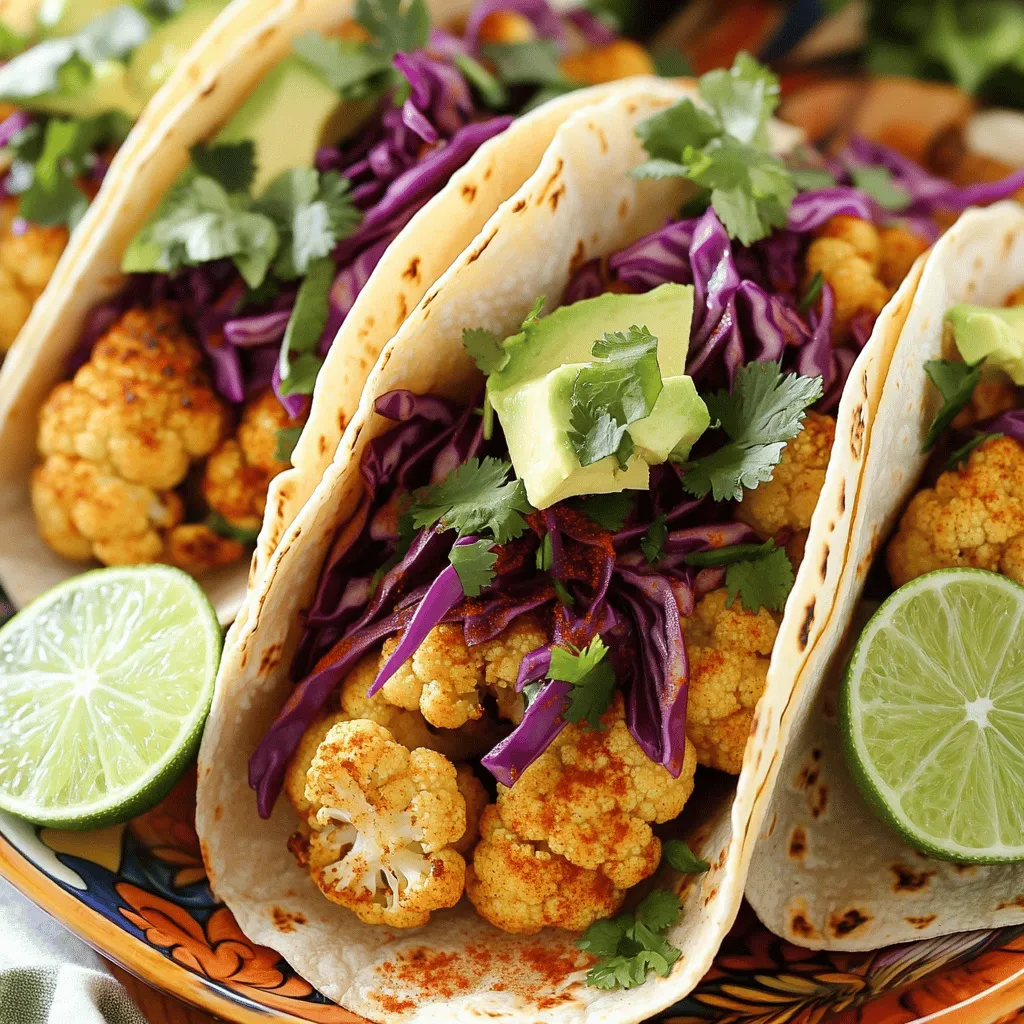 - 1 medium head of cauliflower, cut into small florets - 1 tablespoon olive oil - 1 teaspoon chili powder - 1 teaspoon ground cumin - 1 teaspoon smoked paprika - Salt and pepper to taste - 8 small corn tortillas - 1 cup red cabbage, finely shredded - 1 ripe avocado, sliced - 1/2 cup fresh cilantro, chopped - 1 lime, cut into wedges - Optional: Vegan sour cream or yogurt for topping Cauliflower is the star of these tacos. This veggie shines with its crunchy texture and great taste. You will want to season it well. Olive oil helps the spices stick. Chili powder adds heat, while cumin and smoked paprika bring deep flavor. Don't forget salt and pepper to balance everything. Red cabbage gives a nice crunch. Its bright color makes the dish pop. The avocado adds creaminess, while cilantro brings freshness. Lime is a must. It brightens every bite. For extra creaminess, you can add vegan sour cream or yogurt. Cauliflower is low in calories and high in fiber. This makes it a great choice for your meals. It is also rich in vitamins and antioxidants. Eating cauliflower can help boost your health and keep you feeling full. You can swap spices if you like. Try adding garlic powder or onion powder for more flavor. If you want a kick, use cayenne pepper instead of chili powder. For toppings, you can use diced tomatoes, radishes, or even a salsa. Feel free to get creative! Add what you enjoy to make your tacos your own. For the full recipe, check out the details above. - Preheat the oven to 425°F (220°C). - Prepare the baking sheet with parchment paper. Start by heating your oven. This helps the cauliflower roast evenly. Use parchment paper on your baking sheet. This makes cleanup quick and easy. - Seasoning the cauliflower florets - Roasting process: time and stirring instructions In a large bowl, mix the small cauliflower florets with olive oil, chili powder, ground cumin, smoked paprika, salt, and pepper. Toss them well to coat each floret. Spread the seasoned florets on the baking sheet. Roast them for 25-30 minutes. Stir them halfway through to ensure even cooking. You want them tender and golden. - Warming tortillas in a skillet - Tips for keeping tortillas pliable While the cauliflower roasts, warm corn tortillas in a skillet over medium heat. Heat them for about 30 seconds on each side. This softens them and makes them easy to fold. To keep them pliable, stack them and cover with a clean kitchen towel. - Step-by-step assembly guide - Topping suggestions for a flavorful finish Once the cauliflower is done, it’s time to assemble! Place a generous amount of roasted cauliflower in the center of each tortilla. Top with shredded red cabbage for crunch. Add creamy avocado slices and sprinkle fresh chopped cilantro on top. To finish, serve with lime wedges. A drizzle of vegan sour cream can add extra flavor. For more details, check out the Full Recipe. To get the best texture and flavor from your cauliflower, follow these steps: - Cut the cauliflower evenly: This helps it roast at the same rate. Aim for small, uniform florets for even cooking. - Use enough oil: A tablespoon of olive oil helps the spices stick and adds great flavor. Don’t skimp on it! - Season well: The key is to coat the cauliflower fully with spices. Use chili powder, cumin, and paprika for a tasty kick. Common roasting mistakes can ruin your dish: - Don’t overcrowd the pan: If florets touch, they will steam instead of roast. Give them space. - Skip the stirring: Stir halfway through cooking to ensure even browning. This step is key for texture. Prepping ingredients in advance saves time. Here’s how: - Chop the cauliflower ahead: Store it in the fridge in a sealed bag. It stays fresh for a few days. - Mix spices early: Combine the chili powder, cumin, and paprika in a small jar. This makes it easy to season later. Storing roasted cauliflower is simple. Let it cool, then place it in an airtight container. It lasts about 3-4 days in the fridge. Reheating roasted cauliflower is quick: - Oven method: Heat at 350°F (175°C) for about 10 minutes. - Microwave method: Use a microwave-safe dish and cover it. Heat in short bursts to avoid sogginess. Pair your vegan cauliflower tacos with fun sides or drinks: - Try a fresh salad: A simple green salad adds crunch and color. - Serve with a drink: Fresh limeade or a light beer complements the tacos well. For a gathering, presentation matters. Here are some ideas: - Use a colorful platter: Arrange the tacos in a circle, and add lime wedges around them. - Garnish with herbs: Extra cilantro on top makes the dish pop visually and adds flavor. For the full recipe, check out the [Full Recipe]. {{image_4}} You can easily change the flavor of your tacos. Try adding different spices or herbs. For example, cumin and coriander can bring a new taste. You can also use fresh herbs like oregano or basil for a fresh kick. Incorporate other veggies for added crunch and flavor. Roasted peppers or zucchini work well. You can also add corn for sweetness. Mixing in black beans boosts texture and protein, making your tacos even better. Want to add more protein? You can include chickpeas or lentils. These beans are great for a hearty filling. You can also mix in tempeh or tofu. Simply sauté them with spices for extra flavor. For homemade vegan taco filling, try mashed beans with spices. You can even make a quinoa mix with veggies. This gives a healthy, tasty option that packs a punch. If you need gluten-free options, use corn tortillas. They are naturally gluten-free and work perfectly. You can also find gluten-free flour tortillas at stores. For low-carb alternatives, consider lettuce wraps. They are fresh and crunchy, making a fun taco base. You can also try cauliflower tortillas for a great low-carb choice. They keep the flavor while cutting back on carbs. To keep your cauliflower tacos fresh, store them in the fridge. Place the tacos in an airtight container. If you have leftover components, store them separately. This helps maintain their taste and texture. Leftovers last for about 3 to 4 days in the fridge. Always check for any signs of spoilage before eating. You can freeze these tacos for later. If you freeze assembled tacos, wrap each in plastic wrap. Place them in a freezer-safe bag. For unassembled tacos, store the roasted cauliflower and toppings separately. Thaw the tacos overnight in the fridge before reheating. To reheat, place them in the oven at 350°F (175°C) for about 15 minutes. For optimal freshness, use glass or BPA-free plastic containers. These types keep the flavor and texture intact. Label each container with the date you stored it. Organize your fridge so you can see your delicious leftovers easily. This way, you won't forget to enjoy your tasty vegan cauliflower tacos! Yes, you can use frozen cauliflower! It saves time and is easy to find. However, there are pros and cons. Pros: - Frozen cauliflower is often pre-cut and ready to cook. - It can be cheaper than fresh cauliflower. Cons: - Frozen cauliflower may not get as crispy when roasted. - It can release more water, which may affect texture. If you use frozen cauliflower, make sure to thaw and drain it well. This helps keep the tacos tasty and not soggy. These tacos pair well with various side dishes. Here are some tasty ideas: - Mexican rice: Fluffy rice with spices adds a nice touch. - Black beans: Rich and hearty, they complement the tacos well. - Guacamole: Creamy avocado dip brings extra flavor. - Corn salad: A fresh salad adds crunch and sweetness. Feel free to mix and match sides for a colorful plate! Want some heat? Here are ways to spice up your tacos: - Add jalapeños: Fresh jalapeños give a nice kick. - Use hot sauce: A drizzle of your favorite hot sauce can enhance flavor. - Spicy salsa: Top your tacos with a spicy salsa for extra zest. - Chili powder: You can increase the amount of chili powder in your seasoning mix. Adjust the spice level to fit your taste! Yes, these tacos can be gluten-free! You just need to choose the right tortillas. Look for corn tortillas, as they are usually gluten-free. Always check the packaging to be sure. If you want more options, try using lettuce leaves. They make a great low-carb, gluten-free wrap. Enjoy your tacos without worry! You’ve learned how to make tasty vegan cauliflower tacos from scratch. We discussed the key ingredients and their health benefits, plus tips for perfecting the roast. You now know various ways to customize toppings and enhance flavor. Remember, these tacos not only satisfy cravings but also fit many dietary needs. Try making them ahead for easy meals later. Enjoy experimenting with different spices and flavors to find your perfect combination. With each bite, you’ll appreciate the balance of taste and nutrition these tacos offer.