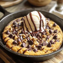 To make this delightful chocolate chip cookie skillet, you will need: - 1 cup all-purpose flour - 1/2 teaspoon baking soda - 1/4 teaspoon salt - 1/2 cup unsalted butter, melted and slightly cooled - 1/2 cup packed brown sugar (light or dark) - 1/4 cup granulated sugar - 1 teaspoon pure vanilla extract - 1 large egg, at room temperature - 1 cup semi-sweet chocolate chips - 1/2 cup chopped nuts (optional; walnuts or pecans work well) If you run out of certain ingredients, don't worry! Here are some easy swaps: - Flour: Use whole wheat flour for a nuttier taste. - Butter: Coconut oil or margarine can replace butter. - Sugars: Use coconut sugar for a lower-glycemic option. - Chocolate Chips: Dark chocolate or white chocolate can add a twist. - Nuts: Replace walnuts with almonds or skip them altogether for nut-free cookies. Using fresh ingredients is key to making this dish shine. Fresh flour and butter give the best flavor and texture. Old ingredients can make your cookie tough or bland. Fresh eggs help the cookie rise and stay soft. Always check your ingredients before you bake. This small step makes a big difference in taste and quality! Start by preheating your oven to 350°F (175°C). If you have a cast-iron skillet, place it in the oven while it heats. This helps the cookie bake evenly. Make sure to handle the hot skillet with care. It can get really hot! In a medium bowl, mix the dry ingredients. Combine 1 cup of all-purpose flour, 1/2 teaspoon of baking soda, and 1/4 teaspoon of salt. Whisk them together well. In a large bowl, pour in 1/2 cup of melted butter. Stir in 1/2 cup of brown sugar and 1/4 cup of granulated sugar until smooth. Add 1 teaspoon of vanilla extract and 1 large egg. Mix until everything blends together nicely. Now, add the dry mix to the wet mix. Use a spatula to fold everything gently. You want it just combined with no flour visible. Next, fold in 1 cup of semi-sweet chocolate chips and 1/2 cup of chopped nuts, if you like. Carefully take the hot skillet out of the oven. Pour the cookie dough into it, spreading it evenly. Bake for 20 to 25 minutes. Look for golden edges and a soft center. Let it cool for about 10 minutes before serving. You can find the full recipe in the article above! To get that soft and chewy center, you need to mix right. Do not overmix the dough. Fold the dry and wet ingredients until just combined. This keeps the cookie soft. The butter should be melted but not too hot. If it is too hot, it can cook the egg when you mix them. Baking time is key for the best cookie. If you like a gooey center, bake for 20 minutes. If you prefer a firmer cookie, go for 25 minutes. Every oven is different, so check your cookie a few minutes early. Look for golden edges and a soft center. Serve your cookie warm from the skillet. Top each slice with vanilla ice cream for a tasty treat. A drizzle of warm chocolate sauce makes it even better. For a fancy touch, sprinkle a little flaky sea salt on top. This contrast brings out the chocolate flavor. Enjoy sharing this delightful dessert with friends and family. For the full recipe, click here. {{image_4}} You can easily change the taste of your chocolate chip cookie skillet. Try using dark chocolate chips instead of semi-sweet ones. This will give it a rich and bold flavor. For a fun twist, add a teaspoon of espresso powder. It enhances the chocolate and adds depth. Want something fruity? Add dried cranberries or chopped cherries. These will bring a nice tartness that balances the sweetness. You can make this cookie skillet gluten-free by swapping the all-purpose flour for almond flour or a gluten-free blend. Just be sure to check the blend has xanthan gum. If you're vegan, replace the butter with coconut oil or vegan butter. Use a flax egg instead of the real egg by mixing one tablespoon of ground flaxseed with three tablespoons of water. Let it sit for a few minutes to thicken. This keeps the texture nice and chewy. Toppings can take your cookie to the next level. Consider adding a mix of toppings like mini marshmallows, peanut butter chips, or even crushed candy bars. After baking, top the skillet with ice cream, whipped cream, or a drizzle of caramel. You can also sprinkle some sea salt on top to enhance the flavors. Each topping makes your cookie skillet unique and fun! Store any leftover cookie skillet in an airtight container. Let it cool completely before sealing. This will keep the cookie fresh and soft. You can also cover it with plastic wrap. It’s best to eat it within three days. To reheat, use the oven for the best results. Preheat your oven to 350°F (175°C). Place the skillet in the oven for about 10 minutes. This warms it up without making it dry. If you use a microwave, heat it in short bursts. Start with 15 seconds, then check. You can freeze the cookie skillet for later. Cut it into slices and wrap each piece tightly in plastic wrap. Then place the wrapped pieces in a freezer bag. This will keep them fresh for up to three months. When ready to eat, thaw overnight in the fridge, then reheat. Enjoy your treat anytime! To prevent burning, keep a close eye on your cookie while it bakes. Set a timer for 20 minutes. Check for golden edges and a soft center. If the edges look done but the center is still too soft, you can cover it with aluminum foil. This will help it bake evenly without burning. Always use an oven mitt when handling the hot skillet to avoid any burns. Yes, you can prep the dough ahead of time. Mix your dough and store it in the fridge for up to 24 hours. When you're ready to bake, just pour the chilled dough into the hot skillet. If you want to bake it later, you can freeze the dough. Just wrap it well in plastic wrap and then place it in a freezer bag. When you're ready to bake, let it thaw in the fridge overnight. You can find a quality skillet at many kitchen stores or online retailers. Look for cast-iron skillets, as they hold heat well and give a nice crust. Brands like Lodge and Le Creuset offer great options. Check reviews to find one that fits your budget and needs. A good skillet is an investment that lasts a long time and is great for many recipes, not just this cookie skillet. You’ve learned about the key ingredients for a cookie skillet and why fresh ones matter. I shared step-by-step instructions to help you bake it right. With tips to achieve the perfect texture and fun variations, your options are endless. Don’t forget proper storage to keep leftovers tasty. Baking gives you freedom to try new things. Enjoy each bite and impress others with your skills!