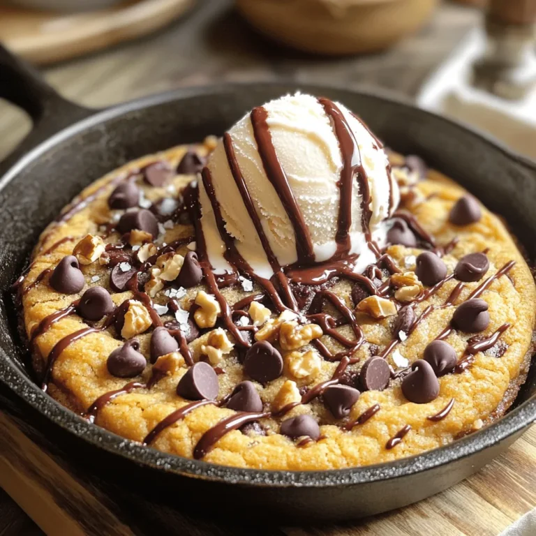 To make this delightful chocolate chip cookie skillet, you will need: - 1 cup all-purpose flour - 1/2 teaspoon baking soda - 1/4 teaspoon salt - 1/2 cup unsalted butter, melted and slightly cooled - 1/2 cup packed brown sugar (light or dark) - 1/4 cup granulated sugar - 1 teaspoon pure vanilla extract - 1 large egg, at room temperature - 1 cup semi-sweet chocolate chips - 1/2 cup chopped nuts (optional; walnuts or pecans work well) If you run out of certain ingredients, don't worry! Here are some easy swaps: - Flour: Use whole wheat flour for a nuttier taste. - Butter: Coconut oil or margarine can replace butter. - Sugars: Use coconut sugar for a lower-glycemic option. - Chocolate Chips: Dark chocolate or white chocolate can add a twist. - Nuts: Replace walnuts with almonds or skip them altogether for nut-free cookies. Using fresh ingredients is key to making this dish shine. Fresh flour and butter give the best flavor and texture. Old ingredients can make your cookie tough or bland. Fresh eggs help the cookie rise and stay soft. Always check your ingredients before you bake. This small step makes a big difference in taste and quality! Start by preheating your oven to 350°F (175°C). If you have a cast-iron skillet, place it in the oven while it heats. This helps the cookie bake evenly. Make sure to handle the hot skillet with care. It can get really hot! In a medium bowl, mix the dry ingredients. Combine 1 cup of all-purpose flour, 1/2 teaspoon of baking soda, and 1/4 teaspoon of salt. Whisk them together well. In a large bowl, pour in 1/2 cup of melted butter. Stir in 1/2 cup of brown sugar and 1/4 cup of granulated sugar until smooth. Add 1 teaspoon of vanilla extract and 1 large egg. Mix until everything blends together nicely. Now, add the dry mix to the wet mix. Use a spatula to fold everything gently. You want it just combined with no flour visible. Next, fold in 1 cup of semi-sweet chocolate chips and 1/2 cup of chopped nuts, if you like. Carefully take the hot skillet out of the oven. Pour the cookie dough into it, spreading it evenly. Bake for 20 to 25 minutes. Look for golden edges and a soft center. Let it cool for about 10 minutes before serving. You can find the full recipe in the article above! To get that soft and chewy center, you need to mix right. Do not overmix the dough. Fold the dry and wet ingredients until just combined. This keeps the cookie soft. The butter should be melted but not too hot. If it is too hot, it can cook the egg when you mix them. Baking time is key for the best cookie. If you like a gooey center, bake for 20 minutes. If you prefer a firmer cookie, go for 25 minutes. Every oven is different, so check your cookie a few minutes early. Look for golden edges and a soft center. Serve your cookie warm from the skillet. Top each slice with vanilla ice cream for a tasty treat. A drizzle of warm chocolate sauce makes it even better. For a fancy touch, sprinkle a little flaky sea salt on top. This contrast brings out the chocolate flavor. Enjoy sharing this delightful dessert with friends and family. For the full recipe, click here. {{image_4}} You can easily change the taste of your chocolate chip cookie skillet. Try using dark chocolate chips instead of semi-sweet ones. This will give it a rich and bold flavor. For a fun twist, add a teaspoon of espresso powder. It enhances the chocolate and adds depth. Want something fruity? Add dried cranberries or chopped cherries. These will bring a nice tartness that balances the sweetness. You can make this cookie skillet gluten-free by swapping the all-purpose flour for almond flour or a gluten-free blend. Just be sure to check the blend has xanthan gum. If you're vegan, replace the butter with coconut oil or vegan butter. Use a flax egg instead of the real egg by mixing one tablespoon of ground flaxseed with three tablespoons of water. Let it sit for a few minutes to thicken. This keeps the texture nice and chewy. Toppings can take your cookie to the next level. Consider adding a mix of toppings like mini marshmallows, peanut butter chips, or even crushed candy bars. After baking, top the skillet with ice cream, whipped cream, or a drizzle of caramel. You can also sprinkle some sea salt on top to enhance the flavors. Each topping makes your cookie skillet unique and fun! Store any leftover cookie skillet in an airtight container. Let it cool completely before sealing. This will keep the cookie fresh and soft. You can also cover it with plastic wrap. It’s best to eat it within three days. To reheat, use the oven for the best results. Preheat your oven to 350°F (175°C). Place the skillet in the oven for about 10 minutes. This warms it up without making it dry. If you use a microwave, heat it in short bursts. Start with 15 seconds, then check. You can freeze the cookie skillet for later. Cut it into slices and wrap each piece tightly in plastic wrap. Then place the wrapped pieces in a freezer bag. This will keep them fresh for up to three months. When ready to eat, thaw overnight in the fridge, then reheat. Enjoy your treat anytime! To prevent burning, keep a close eye on your cookie while it bakes. Set a timer for 20 minutes. Check for golden edges and a soft center. If the edges look done but the center is still too soft, you can cover it with aluminum foil. This will help it bake evenly without burning. Always use an oven mitt when handling the hot skillet to avoid any burns. Yes, you can prep the dough ahead of time. Mix your dough and store it in the fridge for up to 24 hours. When you're ready to bake, just pour the chilled dough into the hot skillet. If you want to bake it later, you can freeze the dough. Just wrap it well in plastic wrap and then place it in a freezer bag. When you're ready to bake, let it thaw in the fridge overnight. You can find a quality skillet at many kitchen stores or online retailers. Look for cast-iron skillets, as they hold heat well and give a nice crust. Brands like Lodge and Le Creuset offer great options. Check reviews to find one that fits your budget and needs. A good skillet is an investment that lasts a long time and is great for many recipes, not just this cookie skillet. You’ve learned about the key ingredients for a cookie skillet and why fresh ones matter. I shared step-by-step instructions to help you bake it right. With tips to achieve the perfect texture and fun variations, your options are endless. Don’t forget proper storage to keep leftovers tasty. Baking gives you freedom to try new things. Enjoy each bite and impress others with your skills!