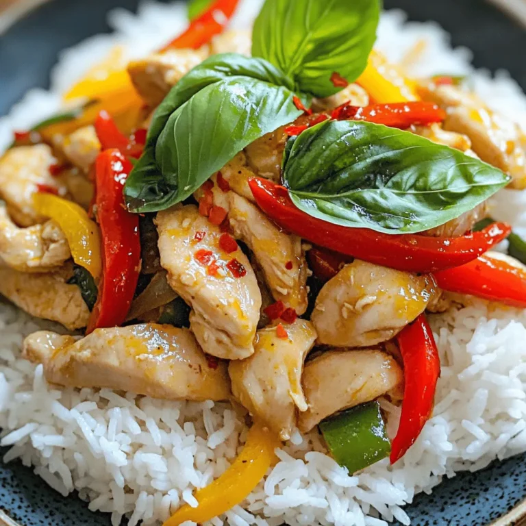 - 1 lb boneless chicken breast - 2-3 tablespoons vegetable oil - 4 cloves garlic - 2-3 red Thai chilies - 1 medium bell pepper - 1 cup fresh Thai basil leaves - 2 tablespoons soy sauce - 1 tablespoon fish sauce - 1 tablespoon oyster sauce - 1 teaspoon granulated sugar - Cooked jasmine rice - Optional garnishes (lime wedges, extra Thai basil, sliced red chili) When making Spicy Thai Basil Chicken, use fresh and high-quality ingredients. Fresh Thai basil adds a unique taste. The red Thai chilies bring heat but adjust them for your spice level. I suggest starting with fewer chilies if you prefer milder dishes. The sauces are key to flavor. Low-sodium soy sauce helps balance saltiness without being overpowering. Fish sauce adds depth, while oyster sauce gives a nice umami touch. Don't forget the sugar! It balances the salty flavors and enhances the overall taste. As for serving, I love pairing this dish with fluffy jasmine rice. It absorbs the sauce well. Adding lime wedges and extra basil gives it a fresh twist. You can also serve it with sliced red chili for those who want more heat. For the full recipe, check out the details above. Enjoy cooking! - Slice the chicken breast into bite-sized pieces. - Mince garlic and chop chilies. Start by slicing your chicken breast into small, even pieces. This helps the chicken cook quickly and evenly. Next, mince four cloves of garlic and chop two to three red Thai chilies. If you want less heat, remove the seeds from the chilies. - Heat vegetable oil in a skillet or wok. - Stir-fry garlic and chilies. - Cook chicken until no longer pink. - Add bell pepper and sauté. Heat two to three tablespoons of vegetable oil in a skillet or wok over medium-high heat. Once hot, add the minced garlic and chopped chilies. Stir-fry them for about 30 seconds until fragrant. Then, add the sliced chicken. Cook the chicken for about five to seven minutes until it is no longer pink. This step is key to getting that nice sear. After that, toss in your sliced bell pepper and sauté for another two minutes. This adds color and crunch. - Whisk together soy sauce, fish sauce, oyster sauce, and sugar. - Combine with chicken and bell pepper. - Fold in Thai basil and serve. In a small bowl, whisk together two tablespoons of soy sauce, one tablespoon of fish sauce, one tablespoon of oyster sauce, and one teaspoon of sugar until the sugar dissolves. Pour this sauce over the chicken and bell pepper mixture. Stir well to coat everything in flavor. Finally, fold in one cup of fresh Thai basil leaves, stirring quickly until the basil wilts. Serve your dish hot over jasmine rice. For extra flair, you can garnish with more basil and slices of chili. For the complete recipe, check out the Full Recipe section. To make your Spicy Thai Basil Chicken shine, start with well-seared chicken. Heat your skillet or wok until hot. This helps the chicken cook evenly and sear nicely. A good sear adds flavor and texture. Timing is key for the garlic. Add it to the hot oil first. Stir-fry for about 30 seconds. This brings out its aroma. Be careful not to burn it. Burnt garlic tastes bitter and can ruin your dish. Want to change the heat? Adjust the number of chilies. For less spice, use one chili. For more heat, add two or three. You can also deseed the chilies for a milder taste. If you prefer mild peppers, try bell peppers or banana peppers. They add flavor without the heat. This way, everyone can enjoy the dish at their own spice level. Using fresh ingredients makes a big difference. Select ripe bell peppers and fresh Thai basil. This boosts the dish's taste and aroma. Fresh ingredients enhance the overall eating experience. When choosing sauces, look for quality brands. Low-sodium soy sauce is a smart choice. It helps control saltiness while keeping flavor. Combine it with fish sauce and oyster sauce for depth. These choices bring authenticity to your meal. For more tips, check the [Full Recipe]. {{image_4}} You can swap chicken for tofu or shrimp. Tofu absorbs flavors well and offers a nice texture. Just press it to remove water before cooking. Shrimp cooks quickly and adds a delightful taste. If you want other meats, consider beef or pork. They both work well, too. Just adjust cooking times to ensure they are cooked through. For a plant-based option, use meat substitutes like tempeh or seitan. They mimic chicken's texture and taste. To balance flavors without fish sauce, try soy sauce and a splash of lime juice. You can even add a bit of miso for depth. Fresh herbs will also help enhance the dish. You can use an Instant Pot or slow cooker to make this dish. Both options save time and infuse flavor. Just follow the same steps but adjust cooking times based on your appliance. If you prefer a healthier method, try oven-baking. Spread the ingredients on a baking sheet and cook until the meat is done. This method allows for a lighter meal while keeping flavors intact. To store leftovers, let the dish cool. Place it in a container with a lid. The fridge is best for short-term storage. You can keep it for 3 to 4 days. I recommend using glass containers. They help keep the food fresh and safe. When reheating, the microwave is quick and easy. Use a microwave-safe dish. Cover it to keep moisture in. Heat in short bursts to avoid overcooking. Stir often to ensure even heating. You want the chicken warm but not dry. For long-term storage, freezing is great. Place cooled leftovers in a freezer-safe bag. Remove as much air as possible. Label the bag with the date. It can last up to three months in the freezer. When ready to eat, thaw in the fridge overnight. Reheat on the stove for the best taste and texture. You want to pair this dish with the right sides. Here are some popular options: - Jasmine rice: This fluffy rice absorbs the sauce well. - Stir-fried vegetables: Add color and crunch to your meal. - Spring rolls: A crunchy and fresh starter to enjoy. - Cucumber salad: This cool salad balances the spice perfectly. If the heat is too much, you can adjust it. Here are some easy tips: - Remove seeds from chilies: This cuts down the heat. - Use fewer chilies: Start with one or two, then taste. - Add sugar: A little sweetness can help tone down spice. - Serve with yogurt: This can cool your mouth if it’s too hot. Yes, you can use dried Thai basil. However, the flavor will change. Fresh basil gives a bright taste. Dried basil is more muted. For best results, use fresh when you can. Spicy Thai Basil Chicken, or Pad Krapow Gai, is a Thai classic. It comes from street food culture in Thailand. This dish highlights the bold flavors of Thai cuisine. Thai basil, chilies, and garlic make it special. It's a favorite among locals and visitors alike. Yes, you can make this dish gluten-free. Here’s how: - Use gluten-free soy sauce: Check the label to ensure it’s safe. - Choose a gluten-free oyster sauce: Many brands offer this. - Avoid sauces with wheat: Always read labels for safe options. In this post, we explored how to make Spicy Thai Basil Chicken. We discussed essential ingredients, sauces, and step-by-step cooking instructions. I shared tips for texture and spice adjustments, plus variations to suit different diets. Don't forget about storage options for leftovers and reheating tips. This dish is fun to make and tastes amazing. You can easily customize it to your liking. Try it out, and enjoy a burst of bold flavors in your meal!