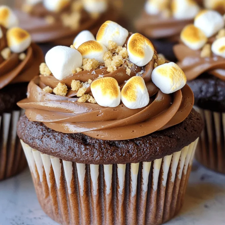 To make these delightful treats, you need a mix of basic and special items. Here’s your list: - 1 cup all-purpose flour - 1/2 cup unsweetened cocoa powder - 1 teaspoon baking soda - 1/2 teaspoon salt - 1/2 cup unsalted butter, softened - 1 cup granulated sugar - 2 large eggs, at room temperature - 1 teaspoon vanilla extract - 1/2 cup whole milk, at room temperature - 1/2 cup mini marshmallows, plus more for topping - 1/2 cup crushed graham crackers, plus extra for garnish - 1 cup milk chocolate chips - 1 cup prepared chocolate frosting These ingredients come together to create that perfect s’mores flavor. Each item plays an important role. You can make your cupcakes even more fun by adding special toppings. Here are some ideas: - Toasted mini marshmallows - Extra crushed graham crackers - Small pieces of chocolate These toppings add texture and flavor. You can get creative and use your favorites. Using good ingredients makes a big difference. Here are my tips: - Choose high-quality cocoa powder for rich taste. - Use fresh eggs for better fluffiness. - Look for good chocolate chips for a smooth melt. Always aim for the best quality you can find. It shows in the final product and enhances the joy of baking these perfect s’mores cupcakes. For the full recipe, you can check the link. First, preheat your oven to 350°F (175°C). This step warms the air and helps your cupcakes rise. Next, take a standard muffin tin and line it with cupcake liners. This keeps the cupcakes from sticking and makes cleanup easy. In one bowl, combine your wet ingredients. Start with softened butter and granulated sugar. Use an electric mixer to cream them together until they turn light and fluffy. This usually takes about 2-3 minutes. Then, add in two large eggs, one at a time. Mix well after each egg. Finally, stir in the vanilla extract. In a separate bowl, whisk together the dry ingredients: all-purpose flour, cocoa powder, baking soda, and salt. Add this mixture to the wet bowl, alternating with whole milk. Start and end with the dry ingredients. Mix until just combined. Overmixing can make your cupcakes tough. Gently fold in mini marshmallows, crushed graham crackers, and milk chocolate chips. This gives your cupcakes that fun s’mores texture. Now, it’s time to fill the cupcake liners. Spoon the batter in until they are about two-thirds full. This allows room for the cupcakes to rise. Place the muffin tin in the preheated oven and bake for 18-20 minutes. To check if they are done, insert a toothpick into the center. If it comes out clean, they are ready. Once baked, take them out and let them cool in the pan for about 10 minutes. After that, transfer the cupcakes to a wire rack to cool completely. This cooling step is key for adding frosting later. Make sure to follow the [Full Recipe] for all the details! To get a soft and moist cupcake, start with room temperature ingredients. This helps them mix well. Mix your dry and wet ingredients separately first. Always mix until just combined to avoid tough cupcakes. The key is not to overmix. Fold in the mini marshmallows and chocolate chips gently. This keeps them from sinking to the bottom. Bake them correctly by checking with a toothpick. If it comes out clean, they’re done! Use high-quality cocoa powder and real vanilla extract. These add rich flavor to your cupcakes. Don’t skip the crushed graham crackers; they give that classic s'mores taste. You can also try adding a pinch of salt to enhance the sweetness. This helps balance the flavors. When you bake, the chocolate chips melt and mix with the batter, adding pockets of chocolate goodness. For a neat and pretty finish, use a piping bag with a star tip. This makes your frosting look fancy. Start from the outside and swirl inwards. You can also spread it with a knife for a rustic look. For extra flair, toast mini marshmallows on top. It gives a campfire vibe and adds a nice texture. Finally, sprinkle some crushed graham crackers on the frosting. This makes your cupcakes not just tasty, but also stunning! For the complete guide, check the Full Recipe. {{image_4}} You can mix things up with different flavors in your s’mores cupcakes. Try adding peppermint extract for a minty twist. You can also swap in white chocolate for a sweeter taste. Want something fruity? Add some mashed bananas or crushed strawberries to the batter. These changes keep cupcakes exciting and fun! If you need a gluten-free option, use a gluten-free flour blend. This keeps the texture light and fluffy. For vegan s’mores cupcakes, substitute eggs with flaxseed meal or applesauce. Use plant-based butter and almond milk instead of regular milk. These adjustments let everyone enjoy the treat without missing out! Mini s’mores cupcakes are perfect for parties. They are cute and easy to eat. Plus, you can have more than one without feeling too full! Standard size cupcakes are great for a more filling dessert. Choose mini or standard based on your event. Both sizes taste amazing, and you can still use the full recipe for either! To keep your S’mores cupcakes fresh, store them in an airtight container. This helps maintain moisture and flavor. You can keep them at room temperature for a short time. If you plan to store them longer, the fridge is a better choice. Always let them cool completely before sealing them up to avoid sogginess. Freezing S’mores cupcakes is a great way to save them for later. First, let the cupcakes cool completely. Next, wrap each one in plastic wrap. Place them in a freezer-safe bag or container. They can last up to three months in the freezer. When you want to enjoy them, simply take out the cupcakes and let them thaw at room temperature. This helps them regain their moist texture. S’mores cupcakes are best enjoyed fresh. However, they can last for about three days at room temperature. If stored in the fridge, they can stay good for about a week. After that, the taste may change. For the best experience, try to enjoy them within a few days. You can find the Full Recipe to make these delicious treats anytime! Yes, you can make S’mores cupcakes ahead of time. Bake them a day or two in advance. Store them in an airtight container. This keeps them fresh and moist. Frost them just before serving for the best taste and look. If you want to freeze them, wrap each cupcake in plastic wrap. Put them in a freezer-safe bag. To serve, thaw them overnight in the fridge, and frost when ready. To make fluffy cupcakes, follow these tips: - Use room temperature ingredients: Eggs and butter mix better when they are at room temperature. - Cream butter and sugar well: Beat them together until light and fluffy. This adds air to the batter. - Do not overmix: Mix just until combined when adding dry and wet ingredients. Overmixing can lead to dense cupcakes. - Use baking soda correctly: Ensure it is fresh to help the cupcakes rise. You can easily make swaps for dietary needs: - Gluten-free: Use a gluten-free flour blend instead of all-purpose flour. - Dairy-free: Replace butter with coconut oil and use almond or oat milk. - Vegan: Substitute eggs with flax eggs (1 tablespoon ground flaxseed + 2.5 tablespoons water per egg). Use vegan chocolate and frosting. For the full recipe, check the detailed instructions above. To recap, this guide covered key ingredients, step-by-step baking, and tips for perfect s’mores cupcakes. We explored creative variations and proper storage to keep your treats fresh. The right ingredients and techniques can make anyone a cupcake pro. Embrace the fun of baking these cupcakes, and let your creativity shine. Enjoy sharing your tasty treats with family and friends!