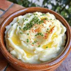 Here’s what you need to make creamy garlic mashed potatoes. These ingredients create a rich, buttery flavor. - 2 pounds Yukon gold potatoes, peeled and cut into 1-inch chunks - 4 cloves garlic, peeled - 1/2 cup unsalted butter, softened - 1 cup heavy cream (or substitute with whole milk) - Salt and freshly cracked black pepper to taste - Optional: 1/4 cup fresh chives, finely chopped - Optional: 1/4 teaspoon smoked paprika Yukon gold potatoes are my favorite for this recipe. They have a nice, creamy texture. Garlic adds a punch of flavor. Butter makes everything rich and smooth. The heavy cream creates a perfect creamy finish. You can swap heavy cream for whole milk for a lighter option. Chives and smoked paprika are great to add extra flavor and color if you like. When you gather these ingredients, you’re ready to create a comforting dish. The full recipe will guide you through the process step by step. Enjoy making this delicious side! - Place potatoes and garlic in a pot and cover with cold water. - Add salt and bring to a boil. Start by choosing good Yukon gold potatoes. I love these because they are creamy and flavorful. Cut them into 1-inch chunks for even cooking. Peel four cloves of garlic and add them to the pot with the potatoes. Pour enough cold water in to cover everything. This helps to cook the potatoes properly. Don’t forget to add a good pinch of salt to the water. It boosts the flavor as they cook. - Simmer for 15-20 minutes until potatoes are tender. - Drain the potatoes and garlic. Now, put the pot on the stove over medium-high heat. Once the water boils, lower the heat to medium-low. Let it simmer for about 15 to 20 minutes. You want the potatoes to be tender. You can check them by piercing with a fork. When they are soft, drain the potatoes and garlic using a colander. This step is key. It helps you get rid of excess water and keeps the flavors strong. - Return potatoes to pot, add butter, and mash until creamy. - Gradually mix in heavy cream, adjusting for desired consistency. - Season with salt, pepper, and smoked paprika. Next, return the drained potatoes and garlic to the pot. Add half a cup of softened unsalted butter right away. The warm potatoes help the butter melt quickly. Use a potato masher to mash everything together until it’s nice and creamy. Now, slowly pour in one cup of heavy cream. If you want a lighter version, you can use whole milk instead. Keep mashing and adjust the cream based on how creamy you want it. Don’t be afraid to add more if needed! Finally, season your mashed potatoes. Add salt, freshly cracked black pepper, and a bit of smoked paprika for a lovely twist. Stir everything well to mix those flavors. If you want a bit of green, fold in some finely chopped chives for a fresh touch. You can find the full recipe at the beginning of this article. Enjoy making this creamy garlic mashed potato dish! For creamy garlic mashed potatoes, I love using Yukon gold potatoes. They have a rich, buttery taste. Their natural creaminess makes them easy to mash. Russet potatoes are another option. They are fluffy but can be drier. Yukon gold gives that perfect texture, while russet needs more cream. Using warm ingredients is key to creamy mashed potatoes. Warm potatoes absorb cream and butter better. Cold ingredients can make lumps form. To avoid lumps, mash the potatoes right after draining. Use a potato masher, not a mixer. Mixing too fast can make them gummy. To boost flavor, try adding roasted garlic for depth. Fresh herbs like rosemary or thyme add brightness. You can also experiment with cheese. Cream cheese or sour cream can make them even richer. A sprinkle of smoked paprika adds a lovely warmth. Feel free to customize your mash for your taste. For the full recipe, check out the section above. {{image_4}} You can make creamy garlic mashed potatoes lighter or dairy-free. For lighter mashed potatoes, swap heavy cream for whole milk. This keeps a creamy texture but cuts calories. If you want dairy-free, use unsweetened almond milk or oat milk. These alternatives add a hint of nutty flavor. - Whole milk instead of heavy cream - Unsweetened almond milk for dairy-free - Oat milk as another dairy-free option To elevate the flavor, think about adding roasted garlic. Roasting the garlic gives a sweeter, richer taste. You can also add herbs like thyme or rosemary for freshness. If you love cheese, try mixing in cream cheese or cheddar. For a savory kick, crispy bacon bits take these potatoes to another level. - Roasted garlic for sweetness - Fresh herbs like thyme or rosemary - Cream cheese for a creamy twist - Crispy bacon bits for a salty crunch Many cultures have their own take on mashed potatoes. For example, in Ireland, they mix in cabbage to make colcannon. In Sweden, they add cream and serve with lingonberry sauce for a sweet touch. In Italy, you can find gnocchi, a potato dumpling that is soft and fluffy. Each version shows how versatile this dish can be. - Colcannon with cabbage from Ireland - Swedish mashed potatoes with lingonberry sauce - Gnocchi as a soft Italian twist To keep leftover mashed potatoes fresh, store them in an airtight container. This helps keep them moist. You can use glass or plastic containers with tight lids. Before sealing, let the mashed potatoes cool to room temperature. This step prevents steam from building up inside the container. If you have a lot of leftovers, divide them into smaller portions. This makes it easier to reheat only what you need later. Freezing mashed potatoes is easy. First, let them cool completely. Then, scoop them into freezer-safe bags or containers. Make sure to remove as much air as possible. This helps prevent freezer burn. When you’re ready to eat, thaw them in the fridge overnight. To reheat, place them in a pot over low heat. Stir often and add a splash of milk or cream to restore the creamy texture. Creamy garlic mashed potatoes last in the fridge for about 3 to 5 days. In the freezer, they’re safe for about 2 months. However, for the best taste and texture, try to eat them sooner. If they smell off or look discolored, it’s best to toss them. Proper storage helps maintain their delicious flavor. To make mashed potatoes creamy, use Yukon gold potatoes. These potatoes have a natural buttery taste. Cook them until tender, then mash them while warm. Add softened butter and heavy cream slowly. This helps create a smooth texture. For extra creaminess, you can keep adding cream until it’s just right. Yes, you can prepare creamy garlic mashed potatoes ahead of time. Make them, then store them in the fridge. To keep them fresh, cover the bowl tightly. When you are ready to serve, reheat them slowly. Stir in a bit more cream if needed to bring back the creamy texture. If you want a lighter version, use whole milk instead of heavy cream. You can also try sour cream or Greek yogurt for a tangy kick. For a dairy-free option, almond milk or coconut milk works well. Just adjust the amount based on how creamy you want them. To reheat leftovers, warm them on the stove over low heat. Stir often to prevent sticking. You can add a splash of milk or cream while reheating. This keeps them creamy and smooth. Avoid using the microwave, as it can make them dry and lumpy. Creamy garlic mashed potatoes pair well with many main dishes. They go nicely with roasted chicken or beef pot roast. You can also serve them with grilled fish or sautéed vegetables. For a cozy meal, enjoy them with meatloaf or a hearty stew. Pairing these sides makes for a comforting dinner. Creamy garlic mashed potatoes are a comforting staple. We covered the essential ingredients, preparation steps, and tips for a smooth texture. You learned about tasty variations and how to store leftovers. Mashed potatoes can be simple, yet so flexible. Explore your own creative touches. Whether for a meal or a gathering, these tips will help you make delicious mashed potatoes every time. Enjoy the process and share your creations!