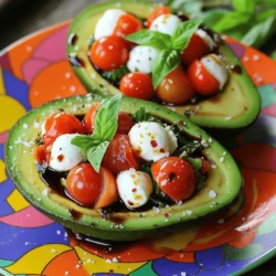 - 2 ripe avocados - 1 cup cherry tomatoes, halved - 1 cup mozzarella balls (bocconcini), drained - 1/4 cup fresh basil leaves, chopped - 2 tablespoons balsamic glaze - 1 tablespoon olive oil - Salt and pepper to taste - Pinch of red pepper flakes (optional) - Sharp knife - Mixing bowl - Spoon - Measuring spoons - Serving plate - Calories: 300 - Total Fat: 24g - Saturated Fat: 6g - Carbohydrates: 18g - Fiber: 9g - Protein: 10g - Sugar: 5g To start, cut the avocados in half. Do this lengthwise to get nice halves. Carefully remove the pits with a spoon. Next, scoop out a little flesh from each half. This gives you more space for your filling. Be gentle so you don’t break the shell. Keep the scooped avocado flesh and set it aside for later. Now, grab a medium mixing bowl. Add your halved cherry tomatoes, drained mozzarella balls, and chopped fresh basil leaves. This is the colorful filling that makes the dish pop. Take the reserved avocado flesh and dice it into small pieces. Fold this into your tomato and mozzarella mix. Be careful, as you don’t want to mash the ingredients. Drizzle olive oil and balsamic glaze over the filling. Next, season it with salt, pepper, and a pinch of red pepper flakes if you like some heat. Toss everything gently until well mixed. Now, spoon the Caprese filling into each avocado half. Pack it lightly for a nice look. For extra flavor, drizzle more balsamic glaze on top. Garnish with a few basil leaves to make it even prettier. Feel free to check out the Full Recipe for more details! To find ripe avocados, look for a dark green or black skin. Gently squeeze the avocado; it should feel soft but not mushy. If it feels hard, it is not ripe yet. You can also check near the stem. If it pops off easily and is green underneath, it is ripe. Choose firm avocados if you plan to use them later. To keep your avocado from turning brown, use lemon or lime juice. The acid in the juice slows down browning. After cutting, brush the exposed flesh with the juice. Cover the avocado halves tightly with plastic wrap or store them in an airtight container. If you have leftovers, sprinkle some salt on them before sealing. Serve your Caprese stuffed avocados on a colorful plate. You can add a drizzle of balsamic glaze on top for extra flavor. Surround the plate with fresh basil leaves to make it look nice. This dish is great as a starter or a light meal. Pair it with crusty bread or a light salad for a full experience. You can find the full recipe above to enjoy this tasty treat! {{image_4}} You can switch up the cheese in your Caprese stuffed avocados. Try using feta cheese for a tangy twist. Goat cheese adds a creamy texture that pairs well with the other ingredients. Or, use a vegan cheese if you want a dairy-free option. Each cheese brings a unique flavor to the dish. To make your stuffed avocados more filling, add some protein. Cooked chicken breast works great. Just chop it into small pieces and mix it in. Shrimp also adds a nice touch. Grilled or sautéed shrimp gives a seafood flair. You can also use canned tuna for quick prep. For a vegan version, skip the cheese and add chickpeas instead. They add protein and texture. You can also use tofu for a creamy bite. Just make sure to season it well. Fresh herbs like dill or cilantro can give a fresh taste. This way, everyone can enjoy this tasty treat! For the complete recipe, check out the Full Recipe section. To keep your Caprese stuffed avocados fresh, store them in the fridge. Use an airtight container. This helps keep them from browning. If you have leftover filling, store it separately. Use it within two days for the best taste. If your avocados start to brown, add a splash of lemon juice. This helps slow down browning. You can also wrap the avocado halves tightly in plastic wrap. This keeps air out and keeps them fresh longer. You can freeze some of the ingredients, but not the whole dish. Freeze mozzarella balls in a bag. They stay good for about three months. You can also freeze basil leaves in olive oil. Just blend them and pour into ice cube trays. This way, you can use them later for other dishes. To check if an avocado is ripe, gently squeeze it. If it feels soft but not mushy, it’s ready. You can also look at the skin. A dark green or black color often means ripeness. If it’s still bright green, give it a few more days. Yes, you can prepare the filling in advance. Just keep it in the fridge until you’re ready to eat. However, I recommend stuffing the avocados right before serving. This keeps them fresh and prevents browning. This recipe includes dairy, so it's not safe for those with lactose intolerance or a dairy allergy. If you have a nut allergy, ensure that any balsamic glaze you use is nut-free. Always check food labels for safety. If you can’t find mozzarella, try feta or goat cheese. Both give a different taste but still work well. For a dairy-free option, use a plant-based cheese that melts well. Absolutely! Basil is classic, but you can try parsley or cilantro for a twist. Fresh herbs add a lot of flavor and brightness to the dish. Consider adding garlic or onion powder to the filling. A squeeze of lemon juice can also brighten the taste. A sprinkle of Italian seasoning ties everything together nicely. These stuffed avocados are great as a light meal or an appetizer. They pair well with crusty bread or a side salad. You can also serve them at parties for a fun, trendy dish. The recipe makes two stuffed avocados, serving two people. You can easily double it for more guests. Just adjust the ingredients accordingly to keep the flavors balanced. In this post, I covered how to make stuffed avocados, including required ingredients and tools. You learned how to prepare avocados, make the filling, and assemble the dish. I shared tips on selecting ripe avocados, preventing browning, and serving ideas. Variations included different cheeses and proteins to enhance flavor. Lastly, storage tips help keep leftovers fresh. Experiment with your stuffed avocados. Enjoy the mix of flavors and textures you create!