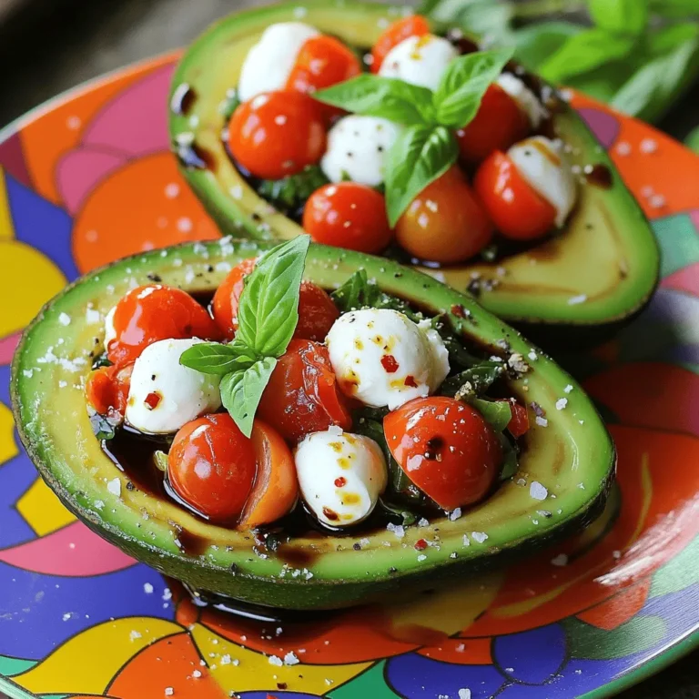 - 2 ripe avocados - 1 cup cherry tomatoes, halved - 1 cup mozzarella balls (bocconcini), drained - 1/4 cup fresh basil leaves, chopped - 2 tablespoons balsamic glaze - 1 tablespoon olive oil - Salt and pepper to taste - Pinch of red pepper flakes (optional) - Sharp knife - Mixing bowl - Spoon - Measuring spoons - Serving plate - Calories: 300 - Total Fat: 24g - Saturated Fat: 6g - Carbohydrates: 18g - Fiber: 9g - Protein: 10g - Sugar: 5g To start, cut the avocados in half. Do this lengthwise to get nice halves. Carefully remove the pits with a spoon. Next, scoop out a little flesh from each half. This gives you more space for your filling. Be gentle so you don’t break the shell. Keep the scooped avocado flesh and set it aside for later. Now, grab a medium mixing bowl. Add your halved cherry tomatoes, drained mozzarella balls, and chopped fresh basil leaves. This is the colorful filling that makes the dish pop. Take the reserved avocado flesh and dice it into small pieces. Fold this into your tomato and mozzarella mix. Be careful, as you don’t want to mash the ingredients. Drizzle olive oil and balsamic glaze over the filling. Next, season it with salt, pepper, and a pinch of red pepper flakes if you like some heat. Toss everything gently until well mixed. Now, spoon the Caprese filling into each avocado half. Pack it lightly for a nice look. For extra flavor, drizzle more balsamic glaze on top. Garnish with a few basil leaves to make it even prettier. Feel free to check out the Full Recipe for more details! To find ripe avocados, look for a dark green or black skin. Gently squeeze the avocado; it should feel soft but not mushy. If it feels hard, it is not ripe yet. You can also check near the stem. If it pops off easily and is green underneath, it is ripe. Choose firm avocados if you plan to use them later. To keep your avocado from turning brown, use lemon or lime juice. The acid in the juice slows down browning. After cutting, brush the exposed flesh with the juice. Cover the avocado halves tightly with plastic wrap or store them in an airtight container. If you have leftovers, sprinkle some salt on them before sealing. Serve your Caprese stuffed avocados on a colorful plate. You can add a drizzle of balsamic glaze on top for extra flavor. Surround the plate with fresh basil leaves to make it look nice. This dish is great as a starter or a light meal. Pair it with crusty bread or a light salad for a full experience. You can find the full recipe above to enjoy this tasty treat! {{image_4}} You can switch up the cheese in your Caprese stuffed avocados. Try using feta cheese for a tangy twist. Goat cheese adds a creamy texture that pairs well with the other ingredients. Or, use a vegan cheese if you want a dairy-free option. Each cheese brings a unique flavor to the dish. To make your stuffed avocados more filling, add some protein. Cooked chicken breast works great. Just chop it into small pieces and mix it in. Shrimp also adds a nice touch. Grilled or sautéed shrimp gives a seafood flair. You can also use canned tuna for quick prep. For a vegan version, skip the cheese and add chickpeas instead. They add protein and texture. You can also use tofu for a creamy bite. Just make sure to season it well. Fresh herbs like dill or cilantro can give a fresh taste. This way, everyone can enjoy this tasty treat! For the complete recipe, check out the Full Recipe section. To keep your Caprese stuffed avocados fresh, store them in the fridge. Use an airtight container. This helps keep them from browning. If you have leftover filling, store it separately. Use it within two days for the best taste. If your avocados start to brown, add a splash of lemon juice. This helps slow down browning. You can also wrap the avocado halves tightly in plastic wrap. This keeps air out and keeps them fresh longer. You can freeze some of the ingredients, but not the whole dish. Freeze mozzarella balls in a bag. They stay good for about three months. You can also freeze basil leaves in olive oil. Just blend them and pour into ice cube trays. This way, you can use them later for other dishes. To check if an avocado is ripe, gently squeeze it. If it feels soft but not mushy, it’s ready. You can also look at the skin. A dark green or black color often means ripeness. If it’s still bright green, give it a few more days. Yes, you can prepare the filling in advance. Just keep it in the fridge until you’re ready to eat. However, I recommend stuffing the avocados right before serving. This keeps them fresh and prevents browning. This recipe includes dairy, so it's not safe for those with lactose intolerance or a dairy allergy. If you have a nut allergy, ensure that any balsamic glaze you use is nut-free. Always check food labels for safety. If you can’t find mozzarella, try feta or goat cheese. Both give a different taste but still work well. For a dairy-free option, use a plant-based cheese that melts well. Absolutely! Basil is classic, but you can try parsley or cilantro for a twist. Fresh herbs add a lot of flavor and brightness to the dish. Consider adding garlic or onion powder to the filling. A squeeze of lemon juice can also brighten the taste. A sprinkle of Italian seasoning ties everything together nicely. These stuffed avocados are great as a light meal or an appetizer. They pair well with crusty bread or a side salad. You can also serve them at parties for a fun, trendy dish. The recipe makes two stuffed avocados, serving two people. You can easily double it for more guests. Just adjust the ingredients accordingly to keep the flavors balanced. In this post, I covered how to make stuffed avocados, including required ingredients and tools. You learned how to prepare avocados, make the filling, and assemble the dish. I shared tips on selecting ripe avocados, preventing browning, and serving ideas. Variations included different cheeses and proteins to enhance flavor. Lastly, storage tips help keep leftovers fresh. Experiment with your stuffed avocados. Enjoy the mix of flavors and textures you create!