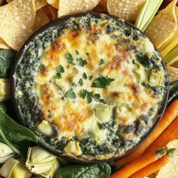 - 1 cup frozen spinach, thoroughly thawed and drained - 1 cup canned artichoke hearts, well-drained and roughly chopped - 1/2 cup cream cheese, softened at room temperature - 1/2 cup sour cream, at room temperature - 1/2 cup mayonnaise, preferably full-fat for creaminess - 1 cup shredded mozzarella cheese, fresh is best - 1/2 cup grated Parmesan cheese, plus more for topping if desired - 2 garlic cloves, finely minced - 1 teaspoon onion powder for flavor depth - Salt and freshly cracked black pepper, to taste - Red pepper flakes (optional, for a touch of heat) For the best flavor, make sure you use quality ingredients. Fresh mozzarella adds a great texture. If you want a different taste, try using feta cheese instead of mozzarella. You can also add some fresh herbs like basil or dill for a burst of freshness. To make creamy spinach and artichoke dip, you need to follow a few easy steps. 1. Thawing and preparing spinach First, take your frozen spinach and let it thaw. Place it in a bowl and squeeze out excess water. This keeps your dip from getting watery. 2. Mixing the creamy base In a medium mixing bowl, add the softened cream cheese, sour cream, and mayonnaise. Use a hand mixer or a spatula to blend them until smooth. You want a creamy mix without lumps. 3. Combining ingredients and baking Now, add minced garlic, onion powder, salt, and pepper to your creamy base. Mix well. Then, fold in the thawed spinach, chopped artichoke hearts, mozzarella cheese, and Parmesan cheese. Transfer this mix to a baking dish. Spread it evenly. 4. Tips for achieving the perfect texture Baking at the right temperature is key. Preheat your oven to 375°F (190°C) before baking. Bake your dip for 25-30 minutes until the top is golden brown. This step ensures a creamy inside and a nice crust. Enjoy the creamy goodness right after baking! For the full recipe, check the section above. 1. Overmixing the dip Mixing too much makes your dip too thin. Blend just until mixed. You want it creamy, not runny. 2. Not draining ingredients properly Water from spinach or artichokes makes your dip watery. Make sure to drain them well. Press out excess liquid with a paper towel if needed. 3. Baking time and temperature tips Baking at too high a temperature can burn the top before the dip is hot inside. Stick to 375°F (190°C). Bake for 25-30 minutes. Look for a golden top with bubbling edges. 4. Alternative serving methods If you want to mix it up, serve it in a bread bowl. Hollow out a round loaf of bread and fill it with the dip. It looks great and adds flavor! You can also serve it cold as a spread on sandwiches. {{image_4}} You can easily make this dip your own with simple swaps. Try adding different cheeses. Feta brings a tangy bite. Cheddar adds a sharp flavor. Both work well in this creamy dip. You can also mix in fresh herbs. Basil gives a sweet touch, while dill adds a fresh twist. Adjusting spice levels can change the game too. If you like heat, add more red pepper flakes. Just a little can make a big difference. Serving this dip is fun and creative. Pair it with various dippers. Crispy tortilla chips offer a nice crunch. Soft pita bread is a great match too. Fresh veggie sticks like carrots, celery, or bell peppers provide a healthy option. If you have leftovers, don’t worry! You can use them in sandwiches or quesadillas. Just spread the dip on bread or tortillas, and grill. It makes a tasty meal, and no one will waste food! For more ideas, check out the Full Recipe. After enjoying your creamy spinach and artichoke dip, store any leftovers in the fridge. Use an airtight container to keep it fresh. This dip can last up to five days when stored properly. To reheat the dip, first, let it sit at room temperature for about 15 minutes. This helps it heat evenly. Then, warm it in the oven at 350°F (175°C) for about 15-20 minutes. Stir it halfway through to ensure even heating. You can also use a microwave, but be sure to heat it in short bursts. Stir in between to avoid hot spots. If you want to freeze the dip, it’s best to do this before baking. Use a freezer-safe container and leave space at the top. It can last up to three months in the freezer. To use, thaw it overnight in the fridge. Then, bake it according to the full recipe instructions. Enjoy your delicious dip anytime! How long will leftover creamy spinach and artichoke dip last? Leftover dip will stay fresh for about 3-4 days in the fridge. Make sure to store it in an airtight container to keep it safe. Can I make this dip ahead of time? Yes, you can prepare it a day before. Just store it in the fridge and bake it right before serving. This makes for an easy party dish! What is the best way to reheat the dip? To reheat, place the dip in the oven at 350°F (175°C) for about 15-20 minutes. Stir it halfway through to heat evenly. You can also use a microwave, heating in short bursts. Can I use fresh spinach instead of frozen? Yes, fresh spinach works well. You’ll need about 2 cups of fresh spinach. Sauté it first, then drain excess water before mixing it in. What to do if the dip is too thick or too thin? If your dip is too thick, add a splash of milk or cream and mix well. If it's too thin, bake it a bit longer to thicken. Stir often to avoid burning. Adjusting flavors if it turns out bland If the dip tastes bland, add more salt, pepper, or garlic. A squeeze of lemon juice can add brightness. Taste as you go to find the right balance. In this post, we covered creamy spinach and artichoke dip. You learned about key ingredients, how to prep them, and baking tips. We discussed common mistakes to avoid and tasty variations to try. Properly storing leftovers and reheating methods were also highlighted. Enjoy your dip making, and don’t be afraid to experiment. Each tweak can lead to a new favorite. Happy cooking!