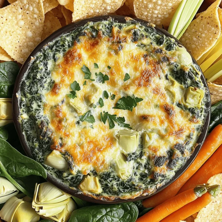 - 1 cup frozen spinach, thoroughly thawed and drained - 1 cup canned artichoke hearts, well-drained and roughly chopped - 1/2 cup cream cheese, softened at room temperature - 1/2 cup sour cream, at room temperature - 1/2 cup mayonnaise, preferably full-fat for creaminess - 1 cup shredded mozzarella cheese, fresh is best - 1/2 cup grated Parmesan cheese, plus more for topping if desired - 2 garlic cloves, finely minced - 1 teaspoon onion powder for flavor depth - Salt and freshly cracked black pepper, to taste - Red pepper flakes (optional, for a touch of heat) For the best flavor, make sure you use quality ingredients. Fresh mozzarella adds a great texture. If you want a different taste, try using feta cheese instead of mozzarella. You can also add some fresh herbs like basil or dill for a burst of freshness. To make creamy spinach and artichoke dip, you need to follow a few easy steps. 1. Thawing and preparing spinach First, take your frozen spinach and let it thaw. Place it in a bowl and squeeze out excess water. This keeps your dip from getting watery. 2. Mixing the creamy base In a medium mixing bowl, add the softened cream cheese, sour cream, and mayonnaise. Use a hand mixer or a spatula to blend them until smooth. You want a creamy mix without lumps. 3. Combining ingredients and baking Now, add minced garlic, onion powder, salt, and pepper to your creamy base. Mix well. Then, fold in the thawed spinach, chopped artichoke hearts, mozzarella cheese, and Parmesan cheese. Transfer this mix to a baking dish. Spread it evenly. 4. Tips for achieving the perfect texture Baking at the right temperature is key. Preheat your oven to 375°F (190°C) before baking. Bake your dip for 25-30 minutes until the top is golden brown. This step ensures a creamy inside and a nice crust. Enjoy the creamy goodness right after baking! For the full recipe, check the section above. 1. Overmixing the dip Mixing too much makes your dip too thin. Blend just until mixed. You want it creamy, not runny. 2. Not draining ingredients properly Water from spinach or artichokes makes your dip watery. Make sure to drain them well. Press out excess liquid with a paper towel if needed. 3. Baking time and temperature tips Baking at too high a temperature can burn the top before the dip is hot inside. Stick to 375°F (190°C). Bake for 25-30 minutes. Look for a golden top with bubbling edges. 4. Alternative serving methods If you want to mix it up, serve it in a bread bowl. Hollow out a round loaf of bread and fill it with the dip. It looks great and adds flavor! You can also serve it cold as a spread on sandwiches. {{image_4}} You can easily make this dip your own with simple swaps. Try adding different cheeses. Feta brings a tangy bite. Cheddar adds a sharp flavor. Both work well in this creamy dip. You can also mix in fresh herbs. Basil gives a sweet touch, while dill adds a fresh twist. Adjusting spice levels can change the game too. If you like heat, add more red pepper flakes. Just a little can make a big difference. Serving this dip is fun and creative. Pair it with various dippers. Crispy tortilla chips offer a nice crunch. Soft pita bread is a great match too. Fresh veggie sticks like carrots, celery, or bell peppers provide a healthy option. If you have leftovers, don’t worry! You can use them in sandwiches or quesadillas. Just spread the dip on bread or tortillas, and grill. It makes a tasty meal, and no one will waste food! For more ideas, check out the Full Recipe. After enjoying your creamy spinach and artichoke dip, store any leftovers in the fridge. Use an airtight container to keep it fresh. This dip can last up to five days when stored properly. To reheat the dip, first, let it sit at room temperature for about 15 minutes. This helps it heat evenly. Then, warm it in the oven at 350°F (175°C) for about 15-20 minutes. Stir it halfway through to ensure even heating. You can also use a microwave, but be sure to heat it in short bursts. Stir in between to avoid hot spots. If you want to freeze the dip, it’s best to do this before baking. Use a freezer-safe container and leave space at the top. It can last up to three months in the freezer. To use, thaw it overnight in the fridge. Then, bake it according to the full recipe instructions. Enjoy your delicious dip anytime! How long will leftover creamy spinach and artichoke dip last? Leftover dip will stay fresh for about 3-4 days in the fridge. Make sure to store it in an airtight container to keep it safe. Can I make this dip ahead of time? Yes, you can prepare it a day before. Just store it in the fridge and bake it right before serving. This makes for an easy party dish! What is the best way to reheat the dip? To reheat, place the dip in the oven at 350°F (175°C) for about 15-20 minutes. Stir it halfway through to heat evenly. You can also use a microwave, heating in short bursts. Can I use fresh spinach instead of frozen? Yes, fresh spinach works well. You’ll need about 2 cups of fresh spinach. Sauté it first, then drain excess water before mixing it in. What to do if the dip is too thick or too thin? If your dip is too thick, add a splash of milk or cream and mix well. If it's too thin, bake it a bit longer to thicken. Stir often to avoid burning. Adjusting flavors if it turns out bland If the dip tastes bland, add more salt, pepper, or garlic. A squeeze of lemon juice can add brightness. Taste as you go to find the right balance. In this post, we covered creamy spinach and artichoke dip. You learned about key ingredients, how to prep them, and baking tips. We discussed common mistakes to avoid and tasty variations to try. Properly storing leftovers and reheating methods were also highlighted. Enjoy your dip making, and don’t be afraid to experiment. Each tweak can lead to a new favorite. Happy cooking!