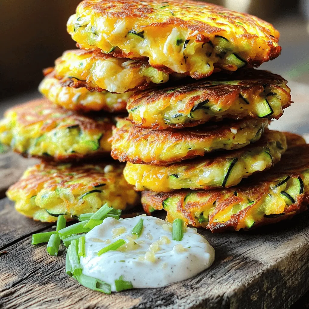 - 2 medium zucchinis, finely grated - 1 teaspoon sea salt - 1/2 cup all-purpose flour - 1/2 cup freshly grated Parmesan cheese - 1/2 cup shredded mozzarella cheese - 2 large eggs, lightly beaten - 1/4 cup green onions, finely chopped - 1 teaspoon garlic powder - 1/2 teaspoon freshly ground black pepper - 1/4 teaspoon cayenne pepper (optional for an extra kick) - Olive oil, for frying Fresh zucchini makes all the difference. Choose firm, vibrant zucchinis for the best taste. Look for ones with a smooth skin and no blemishes. Using quality cheese enhances flavor. Freshly grated Parmesan gives a rich, nutty taste. Shredded mozzarella adds creaminess. Choose these cheeses for a satisfying bite. For substitutions, you can use different cheeses. Goat cheese or feta adds a tangy twist. If you're dairy-free, try vegan cheese. Flour can be swapped for gluten-free options, like almond flour. Always aim for fresh and high-quality ingredients for the best results. Grating and Salting First, take two medium zucchinis and grate them finely. You can use a box grater or a food processor. Place the grated zucchini in a large bowl. Sprinkle one teaspoon of sea salt evenly over the zucchini. Let it sit for about 10 minutes. This step helps pull out extra moisture. Moisture Removal Technique After resting, the zucchini will lose water. Grab a clean kitchen towel or cheesecloth. Wrap the zucchini in the towel and twist it tightly. Squeeze to remove as much moisture as you can. This step is key to making crispy fritters. Combining All Components In the same bowl with the drained zucchini, add the following ingredients: half a cup of all-purpose flour, half a cup of freshly grated Parmesan cheese, half a cup of shredded mozzarella cheese, and two large eggs that are lightly beaten. Add a quarter cup of finely chopped green onions, one teaspoon of garlic powder, half a teaspoon of black pepper, and a quarter teaspoon of cayenne pepper if you want some heat. Ensuring Proper Consistency Mix everything well with a spoon. You want all the ingredients to blend smoothly. The mixture should feel thick and sticky. If it seems too runny, add a little more flour. Heating the Skillet Place a large skillet on medium heat. Pour in a drizzle of olive oil, just enough to cover the bottom of the skillet. Wait until the oil is hot and shimmering. This step ensures the fritters get a nice sear. Frying Techniques for Perfect Fritters Use a tablespoon to scoop out portions of the zucchini mix. Gently drop them into the hot skillet. Flatten each scoop a bit with the back of the spoon to form fritters. Fry for about 3-4 minutes until golden brown on one side. Carefully flip them to cook for another 3-4 minutes. They should be crispy and golden on both sides. Once done, remove the fritters and place them on a paper towel-lined plate to drain excess oil. Repeat with the remaining mixture, adding more olive oil as needed. For the full recipe, check the section above. To make your fritters crispy, start with dry zucchini. Grating the zucchini is just the first step. After grating, sprinkle the zucchini with sea salt. Let it sit for about 10 minutes. This process draws out moisture. You want to squeeze out as much liquid as you can. Use a clean kitchen towel or cheesecloth for this. The drier your zucchini, the crispier your fritters will be. Next, pay attention to cooking temperature. Heat your skillet over medium heat. If the skillet is too cool, the fritters will soak up oil. If it’s too hot, they will burn. You want a nice shimmer on the oil before frying. This means it’s ready. Always fry in small batches. This helps maintain the right temperature. When it comes to serving, pair your fritters with dips or sauces. A homemade garlic yogurt sauce is a great choice. Just mix yogurt, minced garlic, and fresh herbs. This adds a refreshing taste. You can also serve them with a tangy salsa or spicy aioli. For side dishes, consider a fresh garden salad. The cool crunch of the salad balances the warm fritters. You might also try serving them with roasted vegetables. This makes a colorful and satisfying meal. There are a few common mistakes to watch for. First, avoid overcrowding the pan. If you add too many fritters at once, they won’t cook evenly. Each fritter needs space to crisp up. Another mistake is not salting the zucchini properly. Salting is key for removing moisture. If you skip this step, your fritters may turn out soggy. Remember, a little salt goes a long way in enhancing flavor. These tips and tricks can help you create the best savory cheesy zucchini fritters. For the complete recipe, check the Full Recipe section above. {{image_4}} You can spice up your fritters easily. Add finely chopped peppers for a kick. Jalapeños or serranos work great. This heat pairs well with the cheese. You can also try herbs like basil, dill, or parsley. Each herb adds fresh notes. You might love how basil brightens the dish. Dill gives a nice, savory touch. Parsley adds color and a mild flavor. Switching up the cheese can change your fritters. Goat cheese brings a tangy taste. It melts well and adds creaminess. If you want a dairy-free option, use vegan cheese. Look for one that melts nicely. It can still give you that cheesy flavor without the dairy. Need gluten-free fritters? No problem! You can swap all-purpose flour for almond flour. This keeps the fritters light and fluffy. Some people like to use ground nuts as a binding agent. They add a nice crunch and flavor. Just make sure to adjust the amount. You want the mixture to hold together well. For the full recipe, check out the details above. To keep your zucchini fritters fresh, store them right. Place them in an airtight container in the fridge. This helps keep them crispy. Use parchment paper between layers to absorb moisture. This way, they won’t get soggy. Try to eat them within three days for best flavor. When reheating, the oven works best. Preheat it to 375°F (190°C). Place the fritters on a baking sheet. Heat for about 10 minutes or until warm. This keeps them crispy. The microwave is quicker but can make them soft. If you use the microwave, heat for just 30 seconds at a time. To freeze fritters, let them cool completely first. Lay them in a single layer on a baking sheet. Freeze them for about an hour. Once frozen, transfer them to a freezer bag. Make sure to remove as much air as possible. They can last up to two months in the freezer. When you're ready to eat, thaw them in the fridge overnight. Reheat in the oven for best texture. For the full recipe, check out the Savory Cheesy Zucchini Fritters section above. To make zucchini fritters crispy, you need to remove moisture from the zucchini. Grate the zucchini and sprinkle it with salt. Let it sit for about 10 minutes. Then, drain it well using a clean towel. This step is key. It keeps the fritters from becoming soggy when cooked. Yes, you can prepare zucchini fritters ahead of time. Mix the ingredients and shape the fritters. Place them on a tray, then freeze them for later. When ready to cook, just fry them straight from the freezer. This saves time and gives you a tasty meal fast. Zucchini fritters are great on their own, but you can serve them with many sides. A fresh garden salad pairs well. You can also add a dip like garlic yogurt or a spicy sauce. These options add flavor and make your meal more fun. You can tell the fritters are done when they turn golden brown on both sides. Cook them for about 3-4 minutes on each side. If you see a nice crust and they feel firm, they are ready to eat. Always check one first to be sure! Yes, you can bake zucchini fritters instead of frying them. Preheat the oven to 400°F (200°C). Place the fritters on a baking sheet lined with parchment paper. Bake for about 20 minutes, flipping halfway through. This method is healthier and still gives a nice texture. Absolutely! You can mix in other veggies like carrots, corn, or bell peppers. Just make sure to chop them finely, so they cook well. This adds variety and flavor to the fritters. Feel free to get creative with your veggies! For the full recipe, check it out here: [Full Recipe]. Zucchini fritters are simple to make and delicious. We discussed the key ingredients like fresh zucchini and quality cheeses. Following the step-by-step guide helps ensure perfect cooking every time. I shared tips for crispy fritters and ideas for serving them. You can try flavorful variations and store leftovers easily. Remember, the right techniques lead to tasty and satisfying fritters. Enjoy making these and sharing them with others. You'll impress everyone with your cooking skills!