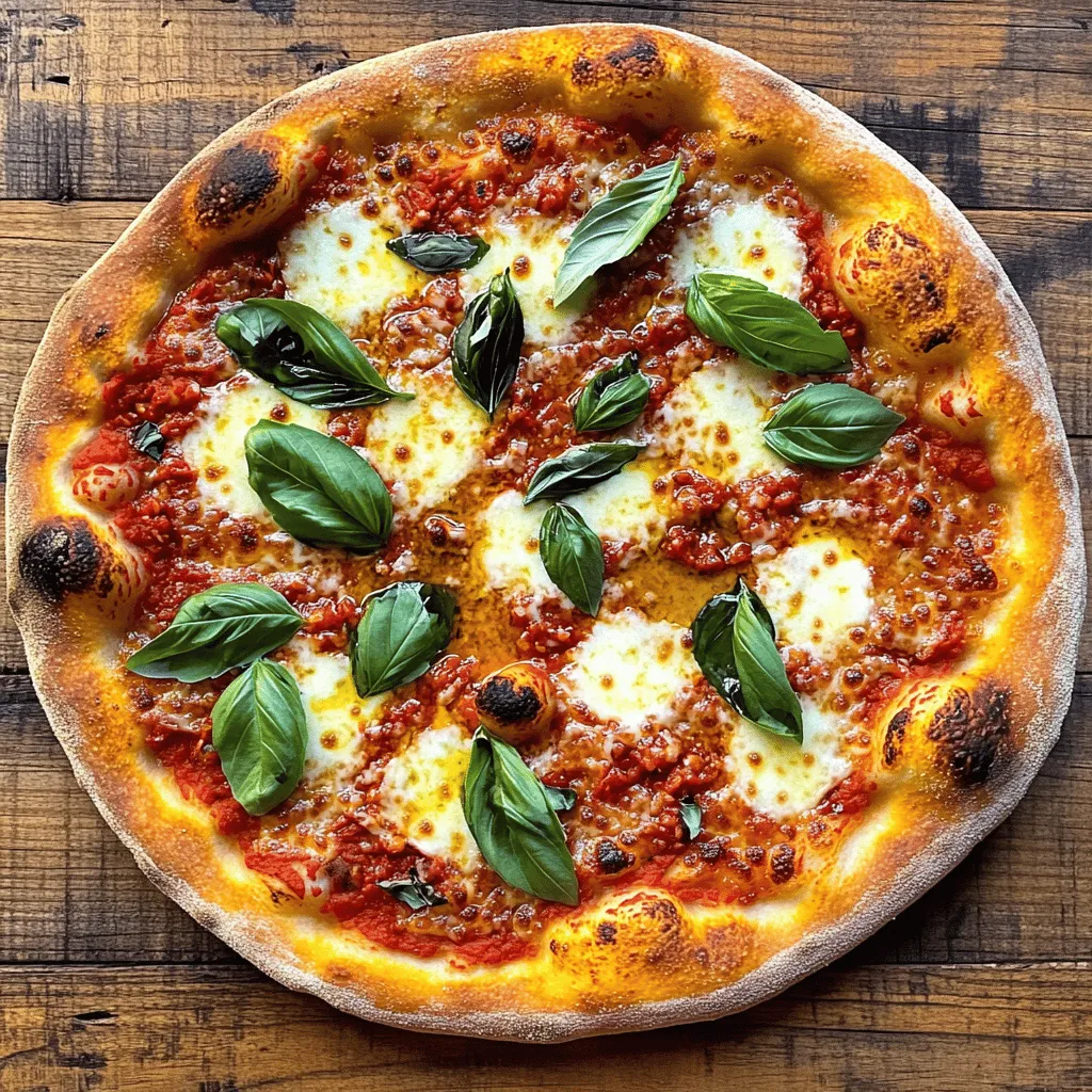 Quality ingredients make a big difference in your pizza. Each one plays a key role in flavor and texture. - All-purpose flour: This gives the dough its structure. Choose high-quality flour for the best results. - Active dry yeast: This helps the dough rise. It creates a soft, airy crust. - Crushed tomatoes: Use San Marzano tomatoes if you can. Their natural sweetness enhances the sauce. - Fresh mozzarella cheese: This melts beautifully and adds creaminess. It makes the pizza extra delicious. - Fresh basil leaves: They add a bright, herbal flavor. Use fresh basil for the best taste. While the classic Margherita pizza is simple, you can add more flavor with a few extras. - Grated Parmesan cheese: This adds a nutty flavor. Sprinkle it on top for an extra kick. - Chili flakes: If you like heat, add chili flakes. They give a nice spicy touch. - Burrata cheese: For a twist, use burrata instead of mozzarella. It has a creamy center that elevates your pizza. For the full recipe, check out the detailed instructions above. To make the dough, start by waking up the yeast. In a bowl, mix warm water, sugar, and active dry yeast. Stir gently and let it sit for about five minutes. You want it to get frothy. This means the yeast is alive! Next, in a larger bowl, whisk the all-purpose flour and salt together. Make a well in the center and pour in the yeast mix and olive oil. Stir with a wooden spoon until you see a shaggy dough forming. Now, it's time to knead. Transfer the dough onto a floured surface. Knead it for about eight to ten minutes. You want it to feel smooth and elastic. If the dough sticks a lot, add a little flour. This helps you get the right texture. Letting the dough rise is key. This step helps the dough grow and become light. Form the dough into a ball and place it in a greased bowl. Turn it around to coat it with oil. Cover it with a damp cloth or plastic wrap. Find a warm, draft-free spot. Let it rise for about one hour, until it doubles in size. Once the dough has risen, gently punch it down. This helps release air. Divide the dough into two equal pieces. Shape them into balls and let them rest under a cloth for ten minutes. To stretch the dough, use your hands. Start from the center and gently push outwards. Avoid tearing. Aim for a round disk that is about ten to twelve inches wide. Now, let’s assemble! Place the stretched dough on a pizza peel or a lined baking tray. Spread a thin layer of crushed tomato sauce on the dough. Leave a small edge for the crust. Arrange the sliced fresh mozzarella evenly on top. Add a few fresh basil leaves for flavor. For the full recipe with more details, check out the Full Recipe section. To make great pizza dough, aim for a soft and elastic texture. You want the dough to be slightly tacky but not sticky. Here are some tips: - Use warm water to activate the yeast. - Knead the dough for 8-10 minutes until smooth. - Let the dough rise in a warm place, covered. Common mistakes include: - Not using enough flour, which makes the dough too wet. - Over-kneading, which can make the dough tough. - Skipping the rise time, leading to a dense crust. Your oven should be hot—around 475°F to 500°F. If you have a pizza stone, place it in the oven to heat up. This helps create a crisp crust. Here’s how to know when it’s done: - Look for a golden-brown crust. - The cheese should be melted and bubbling. - If you gently shake the pizza, it should slide easily. Make your pizza look great by serving on a wooden board. Add fresh basil on top for color and flavor. You can also sprinkle some grated Parmesan for a tasty finish. Serve with a side salad or some garlic bread for a complete meal. Consider pairing with a light wine or sparkling water for the perfect touch. For the full recipe, check out the Margherita Pizza Delight! {{image_4}} Margherita pizza has many local styles. The Neapolitan version is soft and chewy. It has a thick crust and is baked in a wood-fired oven. The Roman style is thinner and crispier. Both are delicious but different in texture. You can also try alternative crusts. Cauliflower crust is a great gluten-free option. It adds veggies without losing flavor. You can even use whole wheat flour for a healthier twist. Each variation brings new taste, making pizza night exciting! Toppings can change with the seasons. In summer, use fresh, ripe tomatoes. They add sweetness and brightness. In fall, consider using pumpkin or squash for a cozy flavor. You can create themed pizzas for holidays. For Halloween, add black olives and orange peppers. For Christmas, use red and green peppers along with festive herbs. These ideas make your pizza fun and special for each occasion. For the full recipe, check out the Margherita Pizza Delight section! When you have leftover pizza, store it right to keep it fresh. Wrap each slice in plastic wrap or foil. Then place the wrapped slices in an airtight container. You can keep it in the fridge for up to four days. If you want to save it longer, freeze the slices. Just make sure to wrap each slice well. This way, they won’t get freezer burn. To reheat your pizza without losing texture, use an oven or skillet. Preheat your oven to 375°F. Place the pizza on a baking sheet for about 10 minutes. This method keeps the crust crispy. If using a skillet, heat it over medium heat. Place the pizza in the skillet, cover it, and heat for about 5-8 minutes. This keeps the cheese gooey and the crust crunchy. If you have leftover dough, store it properly for future use. First, shape the dough into a ball. Lightly coat it with olive oil to prevent sticking. Then, place it in an airtight container or a resealable bag. You can keep it in the fridge for up to three days. If you want to store it longer, freeze the dough. Just wrap it tightly in plastic wrap before placing it in a freezer bag. To refresh day-old dough, take it out of the fridge. Let it sit at room temperature for about 30 minutes. This helps the gluten relax. When you’re ready, knead it gently for a minute. This will bring it back to life and make it easier to shape. Enjoy your pizza-making adventure with fresh dough! Find the Full Recipe [here](#). Making Classic Margherita Pizza takes about 1 hour and 30 minutes. This includes 15 minutes for prep and 1 hour for the dough to rise. After that, baking takes around 10 to 12 minutes. Yes, you can use store-bought dough. It saves time and effort. However, the taste may not be as fresh. Homemade dough gives you more control over flavor and texture. Store-bought options may also have preservatives, which some people prefer to avoid. Bake your pizza at the highest oven setting, usually between 475°F and 500°F. This high temperature helps the crust become crispy and the cheese to melt perfectly. If you have a pizza stone, place it in the oven to heat up for the best results. Look for a golden crust and bubbling cheese. The cheese should be melted and slightly browned. You can also gently lift the pizza with a spatula to check the bottom. It should be lightly browned, not doughy. Enjoy your pizza when it looks and smells amazing! In this blog post, we explored making a Classic Margherita Pizza. We talked about key ingredients, like quality flour and fresh basil, and how they create amazing flavor. You learned step-by-step how to make dough and bake it perfectly. Remember to experiment with toppings to find your favorites. Store and reheat pizza correctly to enjoy it longer. Making pizza at home is fun and rewarding. Enjoy the process and share your creations!