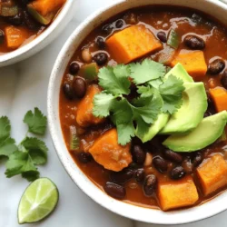 - 2 medium sweet potatoes, peeled and diced into ¾-inch cubes - 1 can (15 oz) black beans, drained and rinsed thoroughly - 1 medium onion, finely diced - 2 cloves garlic, minced - 1 red bell pepper, diced - 1 can (14 oz) diced tomatoes, including their juices - 2 cups vegetable broth (low-sodium recommended) Sweet potatoes add a sweet and creamy texture. Black beans provide protein and fiber. Onions and garlic give depth to the flavor. Diced tomatoes add acidity and moisture. The vegetable broth ties everything together, making the chili hearty. - 1 tablespoon chili powder - 1 teaspoon ground cumin - 1 teaspoon smoked paprika - ½ teaspoon cayenne pepper (adjust based on desired heat level) Chili powder brings warmth to the dish. Cumin adds an earthy taste, while smoked paprika gives a hint of smokiness. Cayenne pepper can spice it up, so you can adjust it to your liking. - Fresh cilantro leaves, for garnish - Ripe avocado slices, for serving - Lime wedges Fresh cilantro adds a pop of color and flavor. Creamy avocado enhances the texture. Lime wedges give a burst of freshness when squeezed over the chili. For the full recipe, check out the [Full Recipe]. This chili is not just tasty; it's good for you too. Enjoy it with friends or family for a cozy meal. - Start by peeling and dicing the sweet potatoes into ¾-inch cubes. - Next, finely dice the onion and red bell pepper. - Mince the garlic cloves and set them aside for later. - In a large pot, heat the olive oil over medium heat. - Add the diced onion and sauté for about 5 minutes. Look for a soft, translucent look. - Then, add the minced garlic and diced red bell pepper. Cook for 3-4 minutes until tender. - Now, stir in the diced sweet potatoes along with chili powder, cumin, smoked paprika, cayenne, salt, and pepper. Mix well to coat the sweet potatoes. - Pour in the can of diced tomatoes and vegetable broth. Stir to blend everything. Bring the mix to a gentle boil, then reduce the heat and cover the pot. - Let the chili simmer for 25-30 minutes. The sweet potatoes should be fork-tender. - Once cooked, gently fold in the black beans. Heat for another 5-10 minutes. - Taste the chili and adjust the seasoning if needed. Remove it from the heat and let it rest for a few minutes. For the full recipe, check out [Full Recipe]. Enjoy your savory sweet potato and black bean chili! - Using canned vegetables: Canned vegetables save time. They are already cooked and ready to use. For this chili, you can use canned black beans and diced tomatoes. Just drain and rinse the beans. This helps reduce prep time and makes cooking faster. - Prepping ingredients in advance: Chop your vegetables the night before. Dicing sweet potatoes, onions, and bell peppers takes time. If you prep them ahead, you will make cooking easier. Store them in a sealed bag in the fridge. This way, you can whip up your chili quickly. - Adjusting spice levels: You can make this chili your own by adjusting the spice level. If you like it mild, skip the cayenne pepper. For more heat, add more cayenne or fresh chilies. Spice is personal, so taste as you go. - Adding extra toppings: Toppings can add fun to your chili. Try fresh cilantro, ripe avocado slices, or a squeeze of lime. Each topping adds flavor and texture. They also make your dish look pretty! - Best pot options for simmering: A large pot or Dutch oven works best for this chili. These pots distribute heat evenly. They also allow for a good simmer, which enhances the flavors. Choose a pot that has a lid to help keep moisture in. - Signs of readiness for sweet potatoes: Sweet potatoes are ready when they are soft. You can check this by piercing them with a fork. If the fork goes in easily, they are done. This usually takes about 25-30 minutes of simmering. Keep an eye on them to avoid overcooking. {{image_4}} You can switch out black beans for other beans. Kidney beans or chickpeas work well. They add different flavors and textures. You can also add more veggies. Try zucchini or corn for a fresh twist. Each choice makes the chili unique and tasty. You can make your chili mild or spicy. If you like it hot, add fresh chilies. Jalapeños or serranos are great options. For less heat, just skip the cayenne pepper. Adjusting the spice level makes it perfect for everyone. Chili is great on its own, but you can get creative. Serve it as a topping for nachos for a fun snack. Just layer the chili over crispy tortilla chips. You can also stuff it in baked sweet potatoes. This adds a hearty twist to your meal. For more ideas, check out the Full Recipe for ways to enjoy this chili! To store your sweet potato and black bean chili, let it cool first. Then, transfer it to an airtight container. This helps lock in flavors and freshness. I recommend using glass containers for better heat resistance. Label and date your container to keep track of how long it’s been stored. You can freeze this chili to enjoy later. First, let the chili cool completely. Pour it into freezer-safe bags or containers. Remove as much air as possible to avoid freezer burn. When you're ready to eat, thaw it in the fridge overnight. To reheat, warm it on the stove over medium heat, stirring often. You can also use the microwave for quick reheating. In the fridge, your chili lasts about 4-5 days. Always check for signs of spoilage. If you see mold or unusual smells, it's best to discard it. Fresh ingredients ensure the best taste and safety. Storing correctly helps you enjoy your chili for days! For the full recipe, check out the Spicy Sweet Potato & Black Bean Chili. You can use butternut squash or regular potatoes. Both add a nice flavor. They cook similarly and give a sweet taste. Yes, you can make this chili in a slow cooker. Just add all your ingredients and stir. Set the cooker on low for 6-8 hours. This lets the flavors blend well. Yes, this chili is gluten-free. All the ingredients are safe for a gluten-free diet. Just check your broth and canned goods to be sure. To add more heat, increase the cayenne pepper. You can also add fresh chopped jalapeños. Adjust to your taste, but start small. You can add meat like ground turkey or beef. Brown the meat first before adding. This adds richness and protein to your meal. For the full recipe, check out the detailed steps above. This chili combines flavorful sweet potatoes, hearty black beans, and spices. You can easily adapt it with different vegetables or spice levels. Remember to store leftovers properly and enjoy them later. You can even try new serving ideas like nachos or baked sweet potatoes. Cooking this chili is simple and fun. I hope you feel inspired to make your own version. Enjoy your delicious chili, knowing it’s healthy and satisfying!