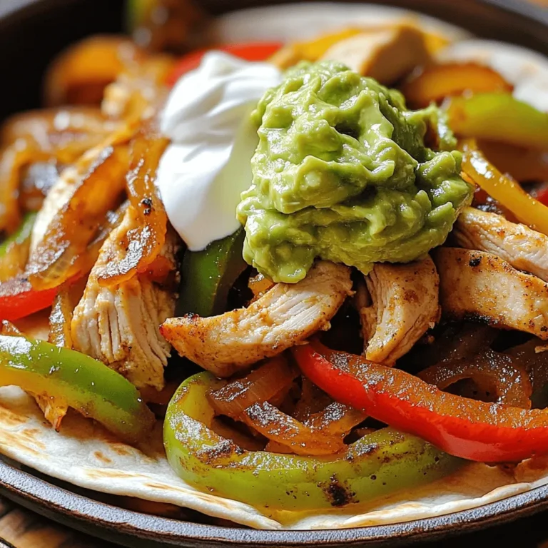 - Chicken breast - Olive oil - Spices (cumin, chili powder, garlic powder, onion powder) - Vegetables (bell pepper, onion) - Tortillas - Optional toppings (sour cream, guacamole, salsa, shredded cheese) To start, you need fresh chicken breast. This meat is tender and cooks quickly. I like to use one pound, thinly sliced. Olive oil helps the spices stick to the chicken and adds flavor. Next, gather your spices. You will need ground cumin, chili powder, garlic powder, and onion powder. Each spice brings its own taste, making your fajitas rich and full. For the veggies, choose a bell pepper and a medium onion. Slice them into strips and rings. These add color and crunch to your dish. Don't forget the tortillas! Small flour tortillas work best for wrapping your fajitas. Lastly, you can add toppings if you like. Sour cream, guacamole, salsa, or shredded cheese make great choices. Each topping lets you customize your meal. For the full recipe, check out the details above! To start, gather your chicken breast, olive oil, and spices. In a large bowl, combine the thinly sliced chicken with: - 1 tablespoon olive oil - 1 teaspoon ground cumin - 1 teaspoon chili powder - 1 teaspoon garlic powder - 1 teaspoon onion powder - Salt and freshly ground black pepper Mix everything well. Make sure the chicken is fully coated with the spices. This step is key for flavor. Allow the chicken to marinate for 10 minutes. This short time helps the spices soak in. While the chicken marinates, preheat your skillet over medium-high heat. Once it’s hot, add the marinated chicken. Cook it for about 5 to 7 minutes. Stir it often to ensure even cooking. You want the chicken to be golden brown and fully cooked. The smell will be amazing! After the chicken is cooked, add the sliced bell pepper and onion to the skillet. Sauté them together for an extra 3 to 4 minutes. You want the veggies to be tender and caramelized. This step enhances the flavor and adds a nice crunch to your fajitas. For the full recipe, check out the instructions that detail each step! To cook chicken fajitas well, use a hot skillet. Aim for medium-high heat. This heat helps brown the chicken nicely. Spread the chicken in a single layer. Avoid crowding the pan. If you add too much chicken at once, it steams instead of browning. This will make it less tasty. For even cooking, cut the chicken into thin strips. This helps it cook fast. Stir the chicken often while it cooks. This keeps it from sticking and helps it cook evenly. When the chicken is golden brown, it’s done. Presentation makes food more fun. Serve your fajitas on a large platter. Arrange the chicken and veggies neatly. Add small bowls for toppings. Guests can pick their favorites. Use colorful garnishes like lime wedges and fresh cilantro. This adds brightness to the dish. For a great look, layer the tortillas on the side. You can also serve the fajitas open. This way, everyone can see the colorful filling. Place colorful napkins next to the platter. A squeeze of lime adds a nice touch. These small tips make your meal look and feel special. For the full recipe, you can refer to the complete cooking guide. {{image_4}} You can switch chicken for other proteins. Beef strips work well in fajitas. Just marinate them like you do chicken. Shrimp is another tasty option. Cook shrimp until they turn pink. Both options add new flavors and textures. For a meatless meal, use tofu or more vegetables. Press tofu to remove water and cut it into cubes. Marinate the tofu like chicken. You can also use mushrooms, zucchini, or squash. These choices add great taste and nutrition. Changing spices can change the whole dish. Try adding smoked paprika or cayenne for heat. You can also use lime juice for a zesty kick. Marinades with soy sauce or teriyaki create a new twist. Experimenting with flavors keeps fajitas fun and exciting. For the full recipe, check out the [Full Recipe]. To keep your chicken fajitas fresh, store leftovers in an airtight container. Let them cool to room temperature first. This helps prevent moisture build-up. When stored correctly, they last about three days. Always label your container with the date. This way, you won't forget how long they’ve been in the fridge. The best way to reheat your fajitas is on the stove. Use a skillet over medium heat. Add a splash of water to keep them moist. Stir often until heated through. You can also microwave them for a quick option. Place them in a bowl, cover with a damp paper towel, and heat for about 1-2 minutes. Check to make sure they are hot throughout. To freeze chicken fajitas, first, let them cool. Place them in a freezer-safe bag or container. Squeeze out as much air as possible. They can stay frozen for up to three months. When ready to eat, thaw them overnight in the fridge. Reheat in a skillet or microwave as mentioned earlier. This method keeps the flavors intact. For the full recipe, check the earlier sections! To make your chicken fajitas spicy, add more chili powder or some cayenne pepper. You can also include diced jalapeños or hot sauce. These ingredients will give your fajitas a nice kick. Adjust the amount to match your heat preference. Yes, you can use corn tortillas. They have a different texture and flavor. Corn tortillas are gluten-free, making them a great option for those with dietary needs. Just warm them up as you would flour tortillas for best results. Several sides pair well with chicken fajitas. Consider serving: - Mexican rice - Refried beans - Chips and salsa - Guacamole - A fresh salad These sides complement the fajitas and add to the meal. Chicken fajitas can last in the fridge for about 3 to 4 days. Make sure to store them in an airtight container. This keeps the flavors fresh and prevents spoilage. Absolutely! You can slice the chicken and veggies a day ahead. Store them in the fridge to save time. Marinating the chicken in advance also boosts the flavor. Just cook everything when you are ready to eat. For the full recipe, check out the detailed instructions above. In this post, we explored making tasty chicken fajitas. We covered the ingredients, how to marinate and cook the chicken, and tips for perfecting your dish. I shared variations, storage info, and answers to common questions. Fajitas are versatile and fun to make. Utilize these steps to create your own delicious meals at home. With practice, you can master this dish and impress others with your cooking skills. Enjoy your fajitas!