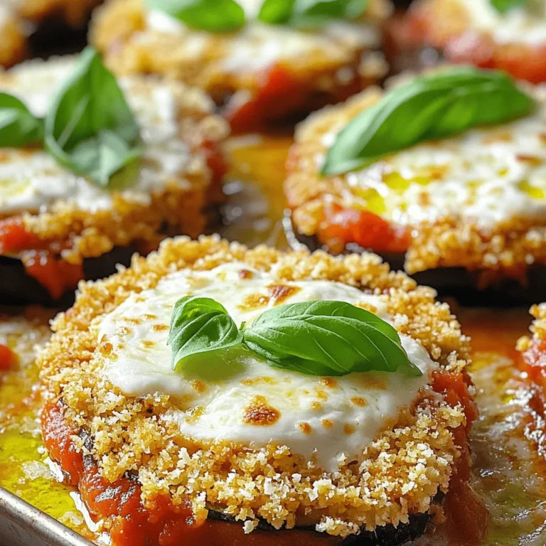This Baked Eggplant Parmesan is a crowd-pleaser. It combines crispy eggplant with rich marinara and gooey cheese. You will love making this dish for family dinners or gatherings. It’s simple yet elegant, perfect for any occasion. Here are the main ingredients you will need for this dish: - 2 medium eggplants, sliced into ½-inch rounds - 2 cups marinara sauce (homemade or store-bought) - 2 cups shredded mozzarella cheese - 1 cup grated Parmesan cheese - 1 cup all-purpose flour - 2 eggs, beaten - 1 cup breadcrumbs (preferably panko for extra crunch) - 1 teaspoon dried oregano - 1 teaspoon dried basil - Salt and pepper to taste - Olive oil spray (or a light drizzle of olive oil) - Fresh basil leaves for garnish These ingredients create layers of flavor and texture, making every bite a delight. You can enhance your Baked Eggplant Parmesan with some tasty add-ins. Here are a few ideas: - Slice fresh tomatoes for added juiciness. - Add spinach or kale for a nutrient boost. - Mix in some red pepper flakes for heat. - Use different cheeses like provolone or fontina for unique flavors. These add-ins let you customize the dish to your taste. Enjoy exploring new flavors! Start by slicing two medium eggplants into ½-inch rounds. Sprinkle salt on both sides of each slice. Place them in a colander and let them sit for about 30 minutes. This step removes excess moisture and bitterness. After that, rinse the slices under cold water. Make sure to pat them dry with paper towels. This drying helps the breading stick better. Set up your breading station with three shallow dishes. In the first dish, add 1 cup of all-purpose flour. In the second, place 2 beaten eggs. In the last dish, combine 1 cup of breadcrumbs, 1 teaspoon of dried oregano, 1 teaspoon of dried basil, and a pinch of salt and pepper. Mix the breadcrumb mixture well. Now, take an eggplant slice. Dip it into the flour and shake off the excess. Next, immerse it in the beaten eggs, letting the extra drip off. Finally, coat it with the breadcrumb mix, pressing gently to help it stick. Repeat this for all slices. Preheat your oven to 375°F (190°C). Line a baking sheet with parchment paper. Arrange the breaded eggplant slices on the sheet in a single layer. Lightly spray or drizzle with olive oil. Bake them for 25-30 minutes, flipping halfway through, until golden brown and crisp. In a large baking dish, spread a layer of marinara sauce on the bottom. Place half of the baked eggplant slices over the sauce. Add half of the remaining sauce and half of the mozzarella and Parmesan cheese. Repeat this with the rest of the ingredients, ending with cheese on top. Return the dish to the oven and bake for another 25-30 minutes, until the cheese bubbles and turns golden. Allow it to sit for 10 minutes before slicing. Garnish with fresh basil leaves. Enjoy this fun and tasty recipe! For the full recipe, check out the details above. To get a crispy crust on your eggplant, follow this simple method. First, set up your breading station with flour, eggs, and breadcrumbs. Each eggplant slice needs to go through these three steps. Start with the flour, then the eggs, and finally the breadcrumbs. Press the breadcrumbs onto the eggplant to make sure they stick. This extra step will give you a nice crunch. The sauce can make or break your dish. You can use store-bought or homemade marinara sauce. If you opt for store-bought, check for natural ingredients. Look for brands with low sugar and no preservatives. For homemade, simmer tomatoes, garlic, and herbs for a rich taste. A good marinara brings out the flavors in your eggplant. Baking time can vary based on your oven. If your eggplant slices are thick, you may need to bake them longer. Keep an eye on the cheese; it should be bubbly and golden. If you notice it browning too quickly, cover the dish with foil for the last few minutes. This way, your eggplant will cook evenly without burning. Check out the Full Recipe for more details. {{image_4}} Baked Eggplant Parmesan is already a great vegetarian dish. You can boost the flavors with extra veggies. Consider adding layers of spinach, mushrooms, or zucchini. These add color and taste. You can also use different cheeses, like goat cheese or ricotta, to create a unique twist. They melt beautifully and enhance the dish. To make this dish gluten-free, swap the all-purpose flour and breadcrumbs. Use gluten-free flour and gluten-free breadcrumbs instead. Many brands offer good options now. Make sure your marinara sauce is gluten-free as well. This way, everyone can enjoy a tasty meal without worry. For a vegan version, replace the eggs and dairy with plant-based alternatives. Use flaxseed meal mixed with water as an egg substitute. For cheese, try cashew cheese or store-bought vegan mozzarella. Nutritional yeast can add a cheesy flavor too. These swaps keep the dish creamy and satisfying without animal products. Explore the Full Recipe for more ideas and methods to make this dish truly yours. Enjoy experimenting with flavors! Once you finish your Baked Eggplant Parmesan, let it cool. After cooling, cover it tightly with plastic wrap or foil. This keeps the dish fresh. Store it in the fridge for up to 3 days. When reheating, check that it’s heated all the way through. You can freeze your Baked Eggplant Parmesan too! Allow it to cool completely. Then, cut it into serving portions. Wrap each piece in plastic wrap, and place them in a freezer-safe container. This keeps it good for about 2 to 3 months. Thaw in the fridge overnight before reheating. To reheat your Baked Eggplant Parmesan, preheat the oven to 350°F (175°C). Place your portion in an oven-safe dish. Cover it with foil to retain moisture. Heat for about 20-25 minutes, or until hot. You can also microwave individual servings for 2-3 minutes. Just make sure it’s hot throughout before serving. Following these steps helps maintain the taste and texture of your dish. Enjoy your leftovers! Yes, you can prepare Baked Eggplant Parmesan ahead of time. Simply follow the recipe until the assembly step. Cover the dish and store it in the fridge for up to 24 hours. When you are ready to bake, just add extra time if needed. This helps the flavors blend nicely. Baked Eggplant Parmesan pairs well with several sides. Here are some great options: - Garlic bread for a crunchy, tasty bite. - A fresh side salad with greens, tomatoes, and vinaigrette. - Roasted vegetables for a healthy touch. - Pasta tossed with olive oil and herbs for a filling meal. To keep your eggplant from becoming soggy, follow these steps: - Salt the eggplant slices and let them sit. This draws out moisture. - Rinse and dry the slices well before breading. - Use a light coating of oil when baking. This helps them crisp up. - Bake until golden brown and crisp. This keeps them firm and tasty. In this post, we covered the key steps to make Baked Eggplant Parmesan. You learned about essential ingredients, how to prepare and bake the dish, and tips to perfect your technique. We also explored variations for different diets and shared storage tips to keep your meal fresh. With these insights, you can confidently create a tasty, satisfying dish. Remember, practice makes perfect, so enjoy your cooking journey!
