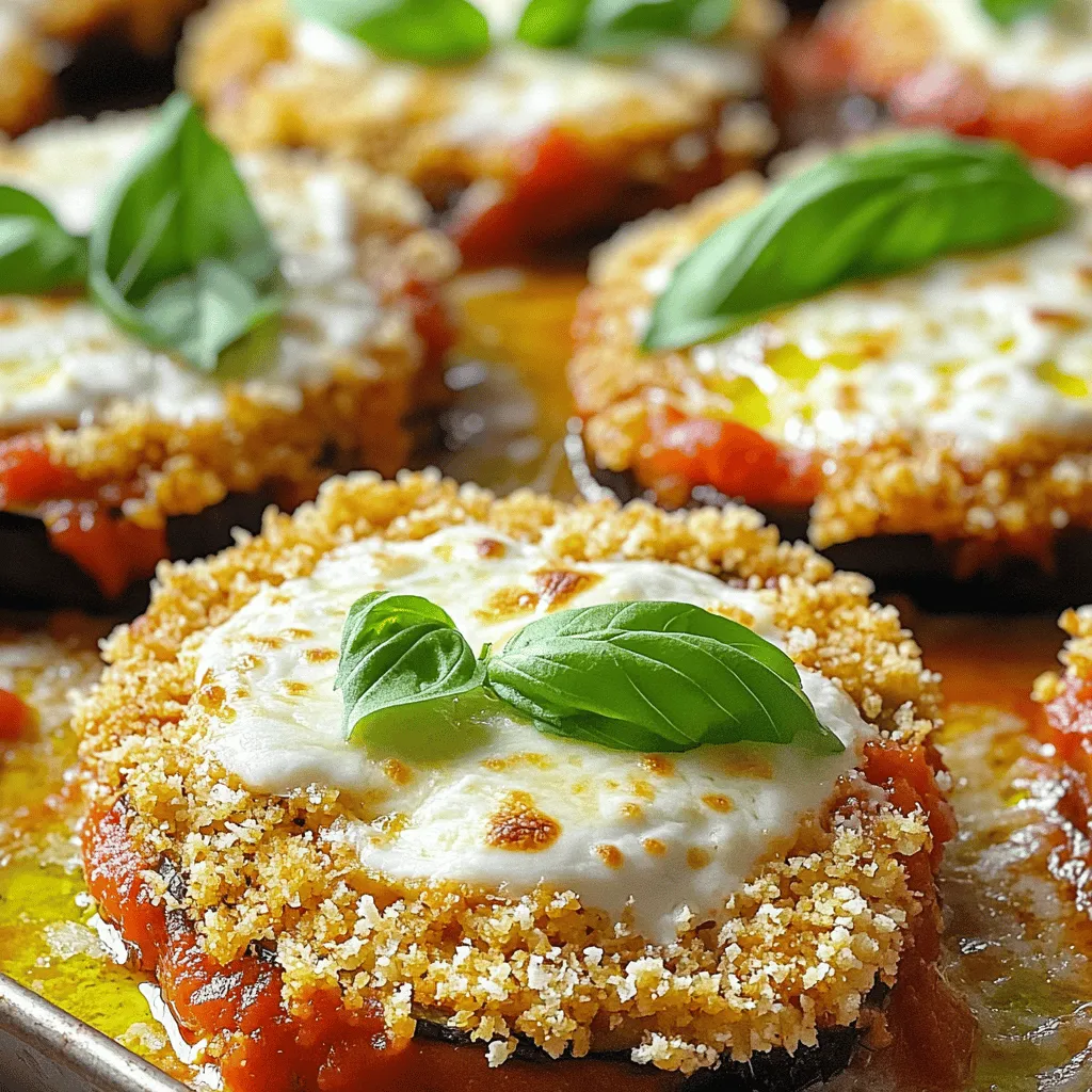 This Baked Eggplant Parmesan is a crowd-pleaser. It combines crispy eggplant with rich marinara and gooey cheese. You will love making this dish for family dinners or gatherings. It’s simple yet elegant, perfect for any occasion. Here are the main ingredients you will need for this dish: - 2 medium eggplants, sliced into ½-inch rounds - 2 cups marinara sauce (homemade or store-bought) - 2 cups shredded mozzarella cheese - 1 cup grated Parmesan cheese - 1 cup all-purpose flour - 2 eggs, beaten - 1 cup breadcrumbs (preferably panko for extra crunch) - 1 teaspoon dried oregano - 1 teaspoon dried basil - Salt and pepper to taste - Olive oil spray (or a light drizzle of olive oil) - Fresh basil leaves for garnish These ingredients create layers of flavor and texture, making every bite a delight. You can enhance your Baked Eggplant Parmesan with some tasty add-ins. Here are a few ideas: - Slice fresh tomatoes for added juiciness. - Add spinach or kale for a nutrient boost. - Mix in some red pepper flakes for heat. - Use different cheeses like provolone or fontina for unique flavors. These add-ins let you customize the dish to your taste. Enjoy exploring new flavors! Start by slicing two medium eggplants into ½-inch rounds. Sprinkle salt on both sides of each slice. Place them in a colander and let them sit for about 30 minutes. This step removes excess moisture and bitterness. After that, rinse the slices under cold water. Make sure to pat them dry with paper towels. This drying helps the breading stick better. Set up your breading station with three shallow dishes. In the first dish, add 1 cup of all-purpose flour. In the second, place 2 beaten eggs. In the last dish, combine 1 cup of breadcrumbs, 1 teaspoon of dried oregano, 1 teaspoon of dried basil, and a pinch of salt and pepper. Mix the breadcrumb mixture well. Now, take an eggplant slice. Dip it into the flour and shake off the excess. Next, immerse it in the beaten eggs, letting the extra drip off. Finally, coat it with the breadcrumb mix, pressing gently to help it stick. Repeat this for all slices. Preheat your oven to 375°F (190°C). Line a baking sheet with parchment paper. Arrange the breaded eggplant slices on the sheet in a single layer. Lightly spray or drizzle with olive oil. Bake them for 25-30 minutes, flipping halfway through, until golden brown and crisp. In a large baking dish, spread a layer of marinara sauce on the bottom. Place half of the baked eggplant slices over the sauce. Add half of the remaining sauce and half of the mozzarella and Parmesan cheese. Repeat this with the rest of the ingredients, ending with cheese on top. Return the dish to the oven and bake for another 25-30 minutes, until the cheese bubbles and turns golden. Allow it to sit for 10 minutes before slicing. Garnish with fresh basil leaves. Enjoy this fun and tasty recipe! For the full recipe, check out the details above. To get a crispy crust on your eggplant, follow this simple method. First, set up your breading station with flour, eggs, and breadcrumbs. Each eggplant slice needs to go through these three steps. Start with the flour, then the eggs, and finally the breadcrumbs. Press the breadcrumbs onto the eggplant to make sure they stick. This extra step will give you a nice crunch. The sauce can make or break your dish. You can use store-bought or homemade marinara sauce. If you opt for store-bought, check for natural ingredients. Look for brands with low sugar and no preservatives. For homemade, simmer tomatoes, garlic, and herbs for a rich taste. A good marinara brings out the flavors in your eggplant. Baking time can vary based on your oven. If your eggplant slices are thick, you may need to bake them longer. Keep an eye on the cheese; it should be bubbly and golden. If you notice it browning too quickly, cover the dish with foil for the last few minutes. This way, your eggplant will cook evenly without burning. Check out the Full Recipe for more details. {{image_4}} Baked Eggplant Parmesan is already a great vegetarian dish. You can boost the flavors with extra veggies. Consider adding layers of spinach, mushrooms, or zucchini. These add color and taste. You can also use different cheeses, like goat cheese or ricotta, to create a unique twist. They melt beautifully and enhance the dish. To make this dish gluten-free, swap the all-purpose flour and breadcrumbs. Use gluten-free flour and gluten-free breadcrumbs instead. Many brands offer good options now. Make sure your marinara sauce is gluten-free as well. This way, everyone can enjoy a tasty meal without worry. For a vegan version, replace the eggs and dairy with plant-based alternatives. Use flaxseed meal mixed with water as an egg substitute. For cheese, try cashew cheese or store-bought vegan mozzarella. Nutritional yeast can add a cheesy flavor too. These swaps keep the dish creamy and satisfying without animal products. Explore the Full Recipe for more ideas and methods to make this dish truly yours. Enjoy experimenting with flavors! Once you finish your Baked Eggplant Parmesan, let it cool. After cooling, cover it tightly with plastic wrap or foil. This keeps the dish fresh. Store it in the fridge for up to 3 days. When reheating, check that it’s heated all the way through. You can freeze your Baked Eggplant Parmesan too! Allow it to cool completely. Then, cut it into serving portions. Wrap each piece in plastic wrap, and place them in a freezer-safe container. This keeps it good for about 2 to 3 months. Thaw in the fridge overnight before reheating. To reheat your Baked Eggplant Parmesan, preheat the oven to 350°F (175°C). Place your portion in an oven-safe dish. Cover it with foil to retain moisture. Heat for about 20-25 minutes, or until hot. You can also microwave individual servings for 2-3 minutes. Just make sure it’s hot throughout before serving. Following these steps helps maintain the taste and texture of your dish. Enjoy your leftovers! Yes, you can prepare Baked Eggplant Parmesan ahead of time. Simply follow the recipe until the assembly step. Cover the dish and store it in the fridge for up to 24 hours. When you are ready to bake, just add extra time if needed. This helps the flavors blend nicely. Baked Eggplant Parmesan pairs well with several sides. Here are some great options: - Garlic bread for a crunchy, tasty bite. - A fresh side salad with greens, tomatoes, and vinaigrette. - Roasted vegetables for a healthy touch. - Pasta tossed with olive oil and herbs for a filling meal. To keep your eggplant from becoming soggy, follow these steps: - Salt the eggplant slices and let them sit. This draws out moisture. - Rinse and dry the slices well before breading. - Use a light coating of oil when baking. This helps them crisp up. - Bake until golden brown and crisp. This keeps them firm and tasty. In this post, we covered the key steps to make Baked Eggplant Parmesan. You learned about essential ingredients, how to prepare and bake the dish, and tips to perfect your technique. We also explored variations for different diets and shared storage tips to keep your meal fresh. With these insights, you can confidently create a tasty, satisfying dish. Remember, practice makes perfect, so enjoy your cooking journey!