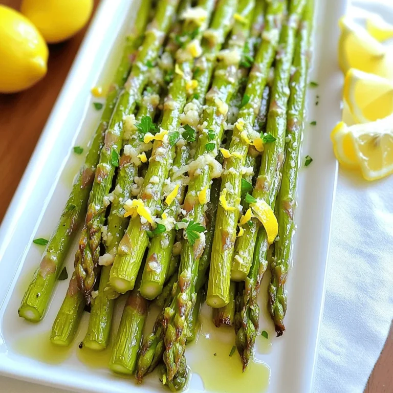 - 1 pound fresh asparagus, trimmed and cleaned - 3 tablespoons extra virgin olive oil - 4 cloves garlic, finely minced - Zest of 1 medium lemon - 2 tablespoons freshly squeezed lemon juice - 1 teaspoon coarse sea salt - ½ teaspoon freshly ground black pepper - ¼ teaspoon red pepper flakes (optional for a spicy kick) - ¼ cup freshly grated Parmesan cheese (optional for a flavorful topping) Fresh ingredients are key to great flavor. When you use fresh asparagus, it tastes bright and crunchy. The garlic adds a robust kick, and the lemon gives a zesty touch. Freshness boosts both taste and nutrition. If you can, get your produce from local farms. It often tastes better and lasts longer. You can play with flavors based on your taste. Adding red pepper flakes gives a spicy twist. If you enjoy cheese, sprinkle Parmesan on top. This will make your dish creamy and rich. Both options are easy to add and enhance the taste. Feel free to get creative! Before you start, gather all your ingredients. Fresh asparagus is key for this dish. You want to wash and trim the asparagus to make it easier to eat. Your prep time is only about 10 minutes, so it’s quick! 1. Preheat your oven to 425°F (220°C). This helps the asparagus roast well. 2. In a large bowl, mix the olive oil, minced garlic, lemon zest, lemon juice, sea salt, black pepper, and red pepper flakes if you like heat. Whisk these together until well combined. 3. Add the trimmed asparagus to the bowl. Use tongs or your hands to toss it in the lemon garlic mix. Make sure every piece is coated. 4. Line a baking sheet with parchment paper. Spread the asparagus in a single layer on the sheet to avoid overcrowding. 5. Roast for 12-15 minutes. You want the asparagus tender with crispy tips. 6. If you chose to add Parmesan cheese, sprinkle it on during the last 2 minutes of roasting. This gives it a nice melt. 7. When finished, take the asparagus out and drizzle any leftover lemon juice from the bowl on top for extra zest. To get the best roast, avoid stacking the asparagus. Each spear needs space for hot air to circulate. You can turn the asparagus halfway for even cooking. If you want more flavor, feel free to add more garlic or a twist of fresh lemon zest before serving. When making lemon garlic roasted asparagus, watch out for these errors: - Overcrowding the Baking Sheet: This causes steaming instead of roasting. Spread the asparagus in a single layer. - Using Old Garlic: Fresh garlic gives a better flavor. Old garlic can taste bitter. - Not Preheating the Oven: Preheat your oven to 425°F (220°C). This step is key for crispness. - Skipping the Tossing Step: Don’t forget to coat each asparagus spear well. This ensures every bite is tasty. To boost the flavor of your dish, try these tips: - Add Zest: Use lemon zest for a stronger lemon taste. It brightens the dish. - Experiment with Herbs: Fresh herbs like thyme or rosemary work well. They add depth and freshness. - Use Quality Olive Oil: Choose extra virgin olive oil for the best flavor. It makes a big difference. - Include Spices: Red pepper flakes add heat if you like spice. Adjust the amount to your taste. Roasting is great, but you can also try: - Grilling: Grill asparagus for a smoky flavor. It cooks quickly and adds a nice char. - Sautéing: Cook asparagus in a pan with olive oil. It takes less time and is easy to control. - Steaming: For a healthy option, steam the asparagus. It keeps the bright green color and nutrients. - Air Frying: If you have an air fryer, use it! It gives a nice crisp without much oil. Discover more about this dish in the Full Recipe. {{image_4}} You can change the taste of lemon garlic roasted asparagus by adding different flavors. Try mixing in herbs like thyme or rosemary. Both herbs add a nice touch. You can also use balsamic vinegar for a sweet twist. Just drizzle a bit over the asparagus before roasting. For a smoky flavor, sprinkle smoked paprika on top. Each of these additions makes the dish unique and fun! If you cannot find asparagus, don’t worry! You can use other vegetables instead. Green beans work well and have a similar crunch. Broccoli is another great choice, giving you a different texture. Try zucchini for a softer bite, or even Brussels sprouts for a bold flavor. Just adjust the roasting time based on the vegetable you choose. Lemon garlic roasted asparagus pairs well with many dishes. It makes a great side for grilled chicken or fish. The fresh flavors balance rich meats nicely. You can also serve it with pasta dishes for a full meal. A light salad alongside adds even more freshness. Don't forget to add lemon wedges for extra zest! For a fun touch, try serving it on a platter with a sprinkle of Parmesan. For the full recipe, check out the details above. Store your leftover lemon garlic roasted asparagus in an airtight container. Place it in the fridge. It stays fresh for about 3 to 4 days. Make sure it cools down before sealing. This helps keep the texture right. If you notice moisture, add a paper towel inside. It absorbs extra water and keeps your asparagus from getting soggy. When you want to reheat your asparagus, use the oven for the best taste. Preheat it to 350°F (175°C). Spread the asparagus on a baking sheet. Heat it for about 10 minutes. This keeps it crispy and tasty. You can also use a microwave if you're in a hurry. Place the asparagus in a microwave-safe bowl. Heat it for 30 seconds to 1 minute. Check it so it doesn’t get mushy. Freezing lemon garlic roasted asparagus is an option, but it may change the texture. If you want to freeze it, first blanch the asparagus. Boil it for 2 minutes, then put it in ice water. Drain and dry it well. Place the asparagus in a freezer bag, removing as much air as possible. It can last for about 2 months. When you're ready to eat it, thaw it in the fridge overnight before reheating. For the complete recipe, check out the [Full Recipe]. Yes, you can use frozen asparagus. It will work, but fresh is always best. Frozen asparagus is often blanched before freezing, which changes its texture. This may make it softer when cooked. If using frozen asparagus, roast it for a shorter time. Aim for about 8 to 10 minutes. Check for tenderness and adjust as needed. To make this recipe vegan, simply skip the Parmesan cheese. You can also add nutritional yeast for a cheesy flavor without dairy. Another option is to use a plant-based cheese. This keeps the dish tasty and friendly for those who avoid animal products. Lemon garlic roasted asparagus pairs well with many main dishes. Try it with grilled chicken or fish for a light meal. It also complements steak nicely. For a vegetarian option, serve it with quinoa or a hearty grain salad. The bright flavors enhance any dish you choose to serve it with. In this blog post, we covered essential tips for making delicious lemon garlic roasted asparagus. Fresh ingredients enhance flavor and ensure great taste. I shared step-by-step instructions and important tips for perfect roasting. Avoid common mistakes to enjoy the best results. Explore variations to customize your dish and make it your own. Proper storage and reheating maintain its scrumptiousness. With these insights, you can create a fantastic side that pairs well with many meals. Enjoy your cooking adventure!