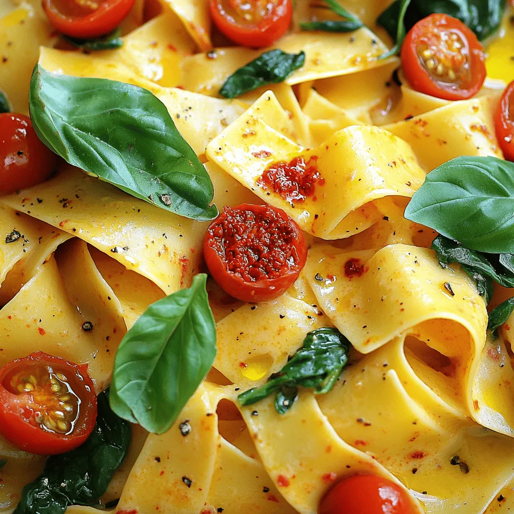 - 12 oz pappardelle pasta - 1 teaspoon Calabrian chili paste - 1 cup heavy cream - ½ cup cherry tomatoes, halved - 1 cup fresh spinach leaves - Fresh basil for garnish - Large pot - Skillet - Whisk To make Creamy Calabrian Chili Pappardelle, you need a few key ingredients. Pappardelle pasta gives a great base. This wide pasta holds the sauce well. The Calabrian chili paste adds a nice kick. You can adjust this based on your spice level. Heavy cream makes the sauce rich and smooth. Optional ingredients can enhance your dish. Cherry tomatoes add sweetness and color. Fresh spinach leaves bring a nice pop of green. Basil adds freshness when you garnish your pasta. You will also need some tools. A large pot helps boil the pasta. A skillet cooks your sauce. A whisk combines everything well. For the full recipe, check out the instructions to bring all these elements together! First, fill a large pot with salted water. Bring it to a rolling boil. Add the pappardelle pasta. Cook it for about 7-9 minutes until al dente, which means it's firm yet tender. Be sure to reserve 1 cup of starchy pasta water before you drain the rest. This water helps the sauce stick to the pasta. Next, heat a large skillet over medium heat. Pour in 2 tablespoons of extra virgin olive oil. Once the oil is hot, add 3 cloves of finely minced garlic. Sauté the garlic for about 1 minute. You want it to smell nice but not brown. Burnt garlic can taste bitter and ruin your dish. Now, slowly pour in 1 cup of heavy cream while stirring. Keep stirring to mix everything well. Let the sauce simmer on low heat. After about 3-4 minutes, it should thicken a little. Stir it often to keep it from sticking to the pan. Once your sauce is ready, it’s time to combine. Add the drained pappardelle to the skillet. Gently toss the pasta to coat it evenly in the creamy sauce. Season with kosher salt and black pepper to taste. Adjust to your liking. Enjoy the beautiful blend of flavors in each bite. For the full recipe, refer to the instructions provided at the start. To change the heat in your Creamy Calabrian Chili Pappardelle, start with the chili paste. Use less for a milder dish. If you love heat, add more chili paste. You can also balance the spice by adding a touch of sugar or honey. Mixing in other spices, like smoked paprika or black pepper, can help create a rich flavor. For a perfect creamy sauce, watch your heavy cream closely. Pour it in slowly and stir well. This helps it blend nicely with the chili paste. Using freshly grated cheese makes a big difference. Pre-grated cheese may not melt as well. If the sauce gets too thick, add some reserved pasta water. This keeps it smooth and creamy. Pair your pappardelle with a fresh side salad. A simple arugula salad with lemon dressing works great. For wine, try a light white like Pinot Grigio. It matches well with the creamy sauce and chili heat. You can even serve it with crusty bread to soak up all that goodness. For the complete recipe, check out the Full Recipe link. {{image_4}} You can make this dish vegetarian by swapping some ingredients. Instead of chicken or sausage, use veggies like mushrooms or zucchini. These add great flavor and texture. You can also boost the dish with more veggies like bell peppers or kale. They add color and nutrients without losing the creamy vibe. Want to add protein? You can easily include chicken, shrimp, or sausage. For chicken, grill or sauté it first, then add it to the sauce. If you're using shrimp, cook them until they turn pink before tossing them in. Sausage needs to be browned before you mix it in. Adjust cooking times for each protein to ensure everything is perfectly cooked. If you need a gluten-free option, pick gluten-free pasta. Many brands offer great choices that taste good. Just make sure to follow the package directions for cooking times. Gluten-free pasta can cook faster or slower than regular pasta, so keep an eye on it to avoid mushiness. Check the [Full Recipe] for all the details needed to create this delicious meal! To store leftovers, let the creamy Calabrian chili pappardelle cool to room temperature. Place it in an airtight container. This keeps the dish fresh and tasty. You can expect it to last up to 3 days in the fridge. After this time, the flavors may fade and the cream can separate. To reheat, use low heat on the stove. Add a splash of reserved pasta water to keep it creamy. Stir often to ensure even warmth. Avoid the microwave if possible, as it can change the texture. Microwaving may cause the sauce to break and lose its silkiness. Yes, you can freeze this dish! To freeze, let it cool completely. Use a freezer-safe container and leave some space for expansion. This dish can stay good for about 2 months in the freezer. When ready to eat, thaw it overnight in the fridge. Reheat gently on the stove, adding cream or pasta water if needed for creaminess. Calabrian chili is a small, red pepper from Italy. - Flavor profile: It has a smoky and fruity taste. The heat level is medium to hot, which adds depth to dishes. - Common uses in cooking: You can use Calabrian chili in pastas, sauces, and marinades. It adds a burst of flavor, making your meals more exciting. Yes, you can prepare this dish in advance. - Tips for meal prep: Cook the pasta and sauce separately. Store them in airtight containers. When ready to serve, reheat each part and combine them. This keeps the pasta from getting mushy. Yes, it can be spicy. - How to control heat levels: Adjust the amount of Calabrian chili paste to your liking. Start with a small amount and taste as you go. - Serving recommendations for spice averse diners: Serve the dish with extra cheese or a splash of cream on top. This can help balance the heat. You can use other ingredients to create a creamy texture. - Alternative ingredients: Try using cashew cream, coconut milk, or a blend of silken tofu and vegetable broth. - Recipe adjustments needed: If using these alternatives, you may need to adjust the cooking time and add different spices for flavor. This blog post shared a tasty recipe that highlights key ingredients like pappardelle pasta, Calabrian chili paste, and heavy cream. We explored steps from boiling pasta to creating a rich sauce. You learned tips for spice levels and variations to fit different diets. Finally, I covered how to store leftovers and answered common questions. Enjoy making this dish your own. The flavors are worth the effort!