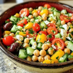 - Chickpeas: You can use canned or dried chickpeas. Canned chickpeas save time. Just rinse and drain them. Dried chickpeas need soaking and cooking. This takes longer but offers a fresher taste. - Fresh Vegetables and Herbs: Use vibrant veggies for crunch. Cherry tomatoes add sweetness. Cucumbers bring a refreshing bite. Red onion gives a sharp flavor. Bell peppers add color and crunch. Fresh parsley brightens the dish. - Cheese and Olives: Feta cheese adds creaminess and saltiness. Kalamata olives bring a rich taste. They both balance the salad nicely. - Olive Oil and Vinegar Options: High-quality olive oil is key. It enhances flavor. For vinegar, red wine vinegar works well. It adds a tangy kick. You can also use lemon juice for extra zest. - Seasoning Essentials: Dried oregano is a must for a Mediterranean twist. Salt and freshly cracked pepper round out the flavors. Adjust these based on your taste preferences. For the complete recipe, check out the [Full Recipe]. Rinsing and Draining Chickpeas Start by opening a can of chickpeas. Pour them into a colander. Rinse them well under cold water. This step removes excess sodium and improves the taste. Let them drain for a few minutes until dry. Chopping and Dicing Fresh Ingredients Next, prepare your fresh veggies. Chop 1 cup of cherry tomatoes in half. Dice 1 medium cucumber into small pieces. Finely chop 1/2 of a red onion and 1 bell pepper. For added flavor, slice 1/4 cup of kalamata olives. Keep each ingredient separate for easy mixing later. Ingredients Needed for the Dressing To make the dressing, gather these items: - 2 tablespoons olive oil - 1 tablespoon red wine vinegar - 1 teaspoon lemon juice - 1 teaspoon dried oregano - Salt and pepper to taste Whisking Techniques for a Perfect Blend In a small bowl, combine the olive oil, vinegar, and lemon juice. Add the oregano, salt, and pepper. Use a whisk to blend these ingredients well. Whisk until the mixture looks smooth. This dressing will add zest to your salad. Tossing the Salad Gently In a large mixing bowl, add the drained chickpeas and all your chopped veggies. Pour the dressing over the mixture. Use a large spoon to gently toss everything together. Be careful not to crush the chickpeas. You want a lovely mix of colors and textures. Tips for Incorporating Feta and Parsley Now it’s time to add special touches. Fold in 1/4 cup of crumbled feta cheese and 2 tablespoons of chopped parsley. Mix lightly. This way, the feta stays in chunks and adds creaminess. Let the salad sit for at least 10 minutes to enhance the flavor. You can refer to the Full Recipe for more detailed instructions. To make your Mediterranean chickpea salad taste even better, marinating is key. I recommend letting it sit for at least 10 minutes at room temperature. This short time allows the flavors to blend nicely. For an even bolder taste, refrigerate the salad for up to 1 hour. This cool time enhances the taste even more. You might want to adjust the seasoning to suit your taste. Start with the recipe's salt and pepper. After marinating, give it a taste. If you want more zest, add a bit more lemon juice. A pinch of salt can also bring out the flavors. Serving your Mediterranean chickpea salad in an eye-catching way makes it more appealing. Use a clear, beautiful glass bowl. This lets all those vibrant colors shine through. You can also layer the ingredients for a fun look. For garnishing, think about adding fresh parsley on top. A few whole olives can add a nice touch too. Crumbled feta can also be sprinkled on the salad just before serving. This adds both flavor and visual appeal. For the full recipe, check out the complete instructions. {{image_4}} Alternatives for Chickpeas or Feta If you want to switch things up, try white beans or lentils instead of chickpeas. They add a nice texture and flavor. For a dairy-free option, use avocado or a non-dairy feta. This keeps your salad creamy and rich without cheese. Seasonal Vegetable Options You can mix in what’s fresh and in season. Try adding roasted zucchini, sun-dried tomatoes, or radishes. These veggies bring new tastes and colors to your salad, making it fun and exciting. Mediterranean Herbs to Try In your dressing, fresh herbs like basil, mint, or dill can change the flavor. Each herb offers a unique taste. You can mix and match to find your favorite combo. For a bolder flavor, try adding fresh garlic or shallots. Adding a Kick: Spice it Up Want more heat? Add a pinch of red pepper flakes or a splash of hot sauce. This gives your salad a lively kick. You can even try a dash of smoked paprika for a different flavor twist. To keep your Mediterranean chickpea salad fresh, store it in the fridge. Use an airtight container. This way, your salad stays crisp and tasty. - Refrigeration Guidelines: Always refrigerate your salad within two hours after serving. This keeps harmful bacteria at bay. If you have leftovers, eat them within three days for the best taste. - How to Keep Ingredients Fresh: Keep the salad dressing separate from the salad if you plan to store it. Add the dressing just before serving. This prevents sogginess and keeps the veggies crunchy. You can make this salad ahead of time. Just remember some key points. - Marinating vs. Immediate Consumption: If you marinate the salad, the flavors blend well. However, if you want the best texture, prepare it right before you eat. - Recommended Time Frames for Storage: For marinating, aim for at least 10 minutes. You can keep it in the fridge for up to one hour. If you prepare it ahead, eat it within three days for the best flavor. For the full recipe, check out the Mediterranean Chickpea Salad. How long does Mediterranean Chickpea Salad last? Mediterranean Chickpea Salad can last in the fridge for about 3 to 5 days. Store it in an airtight container to keep it fresh. The flavors will blend more as it sits, making it even tastier over time. Can I make this salad in advance? Yes, you can make this salad in advance! It tastes best after marinating for a bit. Prepare it a few hours before serving, or even a day ahead. Just remember to add the feta just before serving to keep it fresh. Is Mediterranean Chickpea Salad suitable for meal prep? Absolutely! This salad is perfect for meal prep. You can portion it into containers for easy lunches or snacks. The chickpeas and veggies hold up well, making it a great choice for busy days. What are the health benefits of chickpeas? Chickpeas are a great source of protein and fiber. They help keep you full longer. They are low in fat and packed with vitamins and minerals. Eating chickpeas can support heart health and aid digestion. Plus, they are very versatile in dishes like Mediterranean Chickpea Salad. For the full recipe, check out the [Full Recipe]. Mediterranean chickpea salad is simple and delicious. We explored essential ingredients like chickpeas, fresh veggies, and herbs, along with a tasty dressing. Step-by-step, I showed you how to prepare, mix, and present this salad. Remember the tips for flavor and storage to keep it fresh. Don't shy away from trying variations, too. This salad is not just easy to make but also packed with nutrients. Enjoy your salad adventure and share it with others!