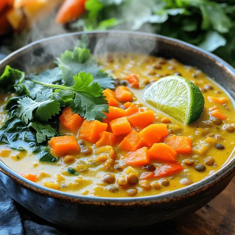To make Coconut Curry Lentil Soup, you will need the following ingredients: - 1 cup green or brown lentils, thoroughly rinsed - 1 can (13.5 oz) full-fat coconut milk - 4 cups vegetable broth (homemade or store-bought) - 1 medium onion, finely diced - 3 cloves garlic, minced - 1 tablespoon fresh ginger, grated - 2 tablespoons red curry paste (adjust for desired spice level) - 1 teaspoon ground cumin - 1 teaspoon ground turmeric - 1 teaspoon salt (or to taste) - 1 tablespoon olive oil - 1 cup carrots, diced into small pieces - 1 cup bell pepper, diced (any color, but a mix adds appeal) - 1 cup baby spinach, roughly chopped - Juice of 1 fresh lime - Fresh cilantro, chopped, for garnishing You can swap in different lentils if you prefer. Red lentils cook faster but will change the soup's texture. If you want a lighter version, use light coconut milk. This soup is vegan and gluten-free, making it a great choice for many diets. The combination of lentils and coconut milk provides protein and healthy fats. Each ingredient adds flavor and nutrition, creating a balanced meal. Always check your labels to ensure they meet your dietary needs. If you want to add more vegetables, feel free to experiment with zucchini or sweet potatoes. For the full recipe, visit the [Full Recipe] section to guide your cooking journey! To make Coconut Curry Lentil Soup, follow these clear steps for a tasty dish. Each step guides you to a flavorful soup. 1. Heat the Olive Oil In a large pot, heat 1 tablespoon of olive oil over medium heat. This takes about 1-2 minutes. The oil should shimmer but not smoke. 2. Sauté the Onion Add 1 medium onion, finely diced. Sauté for about 5 minutes, stirring often. You want the onion to be soft and clear. 3. Add Garlic and Ginger Stir in 3 cloves of minced garlic and 1 tablespoon of fresh ginger. Cook for another 1-2 minutes. The mix should smell great and the garlic should turn a light gold. 4. Mix in Spices Add 2 tablespoons of red curry paste, 1 teaspoon of ground cumin, 1 teaspoon of ground turmeric, and 1 teaspoon of salt. Stir well for 1 minute. This helps toast the spices and boost their flavor. 5. Combine Broth and Milk Carefully pour in 4 cups of vegetable broth and 1 can of coconut milk. Stir to combine. Bring this to a gentle boil, about 5 minutes. Watch it to prevent spills. 6. Add Lentils and Carrots Once boiling, add 1 cup of rinsed lentils and 1 cup of diced carrots. Lower the heat to medium-low and cover partially with a lid. Let it simmer for 25-30 minutes. Check occasionally until the lentils are tender but not mushy. 7. Stir in Bell Pepper and Spinach After the lentils are soft, add 1 cup of diced bell pepper and 1 cup of chopped spinach. Cook for another 5 minutes. The spinach should wilt and mix well. 8. Finish with Lime Juice Remove the pot from heat. Squeeze in the juice of 1 fresh lime. Stir to combine. Taste the soup. Add more salt or lime juice for more brightness if needed. 9. Serve Ladle the soup into bowls. Garnish with fresh cilantro for color and flavor. Serve warm and enjoy your Coconut Curry Lentil Soup! For the complete list of ingredients and more details, check the [Full Recipe]. To make your coconut curry lentil soup just right, adjust the spice levels based on your taste. If you love heat, add more red curry paste. For a milder flavor, use less. You can also add a dash of cayenne pepper for a spicy kick or some coconut sugar for sweetness. For creaminess, coconut milk is your best friend. Stir it in slowly at the end. This keeps the soup smooth and rich. If you want it creamier, blend part of the soup for a silky texture. Don’t forget to taste your soup as you cook. This is key to making it flavorful. Add a pinch of salt or a squeeze of lime to brighten the flavors. Adjust seasoning until it feels just right. When cooking lentils, avoid overcooking them. They should be tender but not mushy. Keep an eye on the time and check them often. Balance your flavors for the best taste. If the soup feels flat, add more lime juice or salt. If it’s too salty, add a splash of water or more coconut milk. You can also add more veggies to enhance the taste and texture. Using the [Full Recipe](#) will guide you through the process step by step, helping to avoid these common mistakes. Enjoy crafting your perfect bowl of coconut curry lentil soup! {{image_4}} You can make this soup even better by adding more vegetables. Zucchini and sweet potatoes work great. They add texture and flavor. You can also toss in some peas or corn for a pop of color. For protein, consider adding chicken or tofu. Chicken gives a hearty touch. Tofu makes it vegan and adds creaminess. Just cook it separately and add it in at the end. To change the spice level, adjust the red curry paste. Add less for a milder dish. For heat lovers, use more paste or add some chili flakes. If you want a low-carb version, swap lentils for cauliflower rice. This keeps the soup light but still tasty. You can also cut down on coconut milk for fewer calories. Explore these variations for a unique twist on this Coconut Curry Lentil Soup. Check the full recipe for all details! To keep your Coconut Curry Lentil Soup fresh, let it cool first. Store it in an airtight container. Place the container in the fridge. Your soup will last about 4 to 5 days. If you want to keep it longer, freeze it. Use freezer-safe containers or bags for this. The soup can last up to 3 months in the freezer. When you are ready to eat, take the soup out of the fridge or freezer. For frozen soup, let it thaw overnight in the fridge. If you are in a hurry, use the microwave on low power. Stir the soup often to heat it evenly. To keep the flavor and texture nice, heat the soup on the stove. Use a medium pot and heat on low. Stir it gently until hot. To brighten the taste, add fresh lime juice or cilantro while reheating. This gives the soup a fresh kick! Can I use different types of lentils? Yes, you can use other lentils. Green, brown, or red lentils work well. Each type brings a unique taste and texture. Red lentils cook faster and become soft. Green and brown lentils hold their shape better. Choose based on your preference. Is this soup suitable for meal prep? Absolutely! Coconut curry lentil soup is great for meal prep. It keeps well in the fridge for up to five days. You can also freeze it for longer storage. Just thaw it overnight before reheating. The flavors blend nicely over time, making it even tastier. How do I adjust the recipe for more or fewer servings? Adjusting servings is simple. For more servings, double or triple the ingredient amounts. For fewer servings, cut the ingredients in half. Keep the cooking times similar. Just check the lentils for doneness, as they may vary. Breakdown of calories and nutrients per serving Each serving of coconut curry lentil soup has about 350 calories. It provides protein, fiber, and healthy fats. You get around 15 grams of protein and 18 grams of fiber. This soup is filling and satisfying. Benefits of the key ingredients in the soup - Lentils: A great source of protein and fiber. They help with digestion and keep you full. - Coconut milk: Adds creaminess and healthy fats. It is dairy-free, making it perfect for many diets. - Vegetables: Carrots and bell peppers add vitamins and minerals. Spinach is rich in iron and antioxidants. - Spices: Turmeric has anti-inflammatory properties, while ginger aids digestion. These spices boost flavor and health benefits. For the complete recipe, check out the Full Recipe section! This blog post covers everything you need for Coconut Curry Lentil Soup. You learned about key ingredients, cooking steps, and tips to enhance flavor. We discussed common mistakes and tasty variations. Don't forget how to store leftovers and reheat them properly. Remember, cooking is a fun journey. Enjoy experimenting with flavors and making it your own. With the right steps, you’ll create a comforting soup every time. Happy cooking!