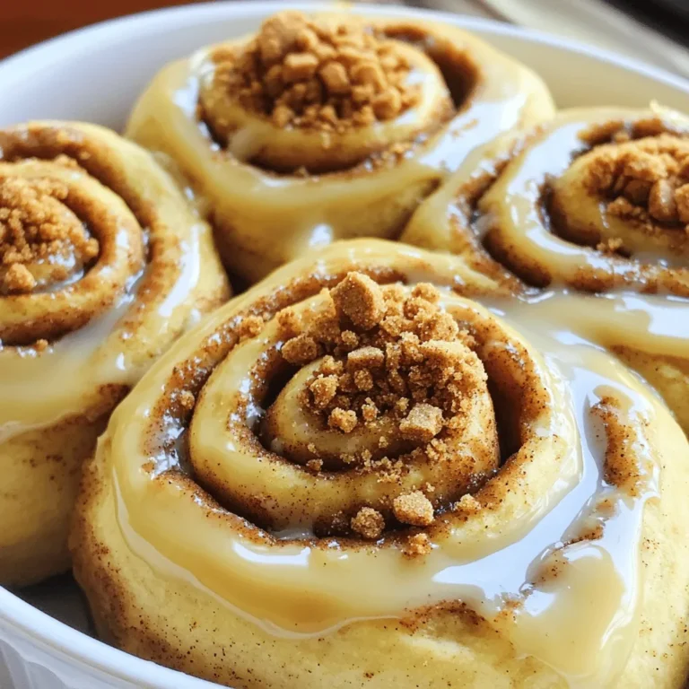 - 2 cups all-purpose flour - 1/2 cup warm milk (approximately 110°F) - 1/4 cup granulated sugar - 1 packet (2 1/4 teaspoons) instant yeast - 1/4 cup unsalted butter, melted - 1 large egg - 1/4 teaspoon salt - 1/2 cup Biscoff cookie butter - 1/4 cup packed brown sugar - 1 tablespoon ground cinnamon - 1/2 cup powdered sugar - 1 tablespoon milk (for the glaze) - Optional: crushed Biscoff cookies for garnish - Mixing bowls - Rolling pin - Baking dish - Sharp knife or dental floss - Whisk - Prep Time: 40 min - Total Time: 2 hr - Servings: 12 rolls The ingredients for these Biscoff cookie butter cinnamon rolls are simple yet impactful. Each element plays a key role in creating a soft and sweet treat. You will need all-purpose flour for the dough base. Warm milk is vital for yeast activation, giving your rolls a light texture. Granulated sugar adds sweetness, while brown sugar deepens the flavor. Instant yeast works quickly to help the dough rise. Unsalted butter adds richness. Use a large egg to bind everything together. Salt enhances the overall taste, while the star ingredient, Biscoff cookie butter, provides a unique flavor. Ground cinnamon adds warmth, and powdered sugar makes the glaze sweet and delightful. Make sure to gather these tools for easy mixing and baking. The mixing bowls help combine ingredients, while a rolling pin rolls out the dough perfectly. A baking dish is essential for holding the rolls as they bake. A sharp knife or dental floss cuts the dough cleanly. Finally, a whisk is needed for mixing the glaze smoothly. Find the full recipe for detailed steps on how to create these rolls. Enjoy the process and get ready for a delicious result! 1. In a large mixing bowl, combine warm milk, sugar, and yeast. Let it sit for about 5 minutes until frothy. 2. Add melted butter, egg, and salt to the mixture. Mix until combined. 3. Gradually add flour to the mixture. Stir until a soft dough forms. 1. Knead the dough on a floured surface for 5-7 minutes. You want it smooth and elastic. 2. Transfer the kneaded dough to a greased bowl. Cover it and let it rise for 1 hour in a warm place. 1. Roll out the dough into a rectangle, about 12x18 inches. 2. Spread Biscoff cookie butter evenly over the dough, leaving a half-inch border. 3. In a small bowl, mix brown sugar and cinnamon. Sprinkle this mixture over the cookie butter. 4. Starting from a long edge, roll the dough into a tight log. Cut the log into 12 equal pieces. 5. Place the pieces cut-side up in a greased baking dish. Let them rise for another 30 minutes. 6. Preheat your oven to 350°F. Bake the rolls for 20-25 minutes until golden brown. Now, these delicious Biscoff cookie butter cinnamon rolls are just a few steps away! For the full recipe and more tips, check out the [Full Recipe]. - Use warm milk, not hot, to wake up the yeast. - Knead the dough until it feels smooth and elastic. This gives the rolls their great texture. - For the glaze, add milk to reach the thickness you like. - Drizzle the glaze over warm rolls. This helps it soak in and adds flavor. - Serve these rolls warm on a pretty plate. This makes them look more inviting. - Offer a small bowl of extra Biscoff cookie butter for dipping. It enhances the treat! For the complete guide on how to whip up these delicious rolls, check the Full Recipe. {{image_4}} You can make these rolls even better by adding nuts. Chopped pecans or walnuts give a nice crunch. If you like chocolate, toss in some chocolate chips for a sweeter treat. Want to mix it up? Try using other spreads. Nutella or peanut butter can change the taste. You can also experiment with flavored cream cheese in the filling. It adds a fun twist! Change the flavors with the seasons. For fall, add pumpkin spice to the dough. During the holidays, use spices like nutmeg and cloves for a festive touch. These variations keep your cinnamon rolls fun and exciting! To keep your Biscoff cookie butter cinnamon rolls fresh, cool them completely first. This step helps to avoid sogginess. Store the rolls in an airtight container at room temperature. They will stay tasty for 2 to 3 days. You can enjoy them warm or at room temperature. If you want to save some rolls for later, freeze them unglazed. Wrap each roll tightly in plastic wrap and place them in a freezer-safe bag. They can last up to 3 months in the freezer. When you're ready to enjoy, simply reheat them in the oven. This method helps to restore their softness and makes them taste fresh again. For a quick treat, warm the rolls either in the oven or microwave. If you use the oven, preheat it to about 350°F. Heat the rolls for about 10 minutes. If using a microwave, heat for about 15-20 seconds. To keep them moist, drizzle a bit of milk over the rolls before heating. This little trick adds a lovely touch to your warm cinnamon rolls! Yes, just activate it in warm milk first before adding it to the mixture. Active dry yeast needs time to foam. This step helps ensure your rolls rise well. You can find Biscoff cookie butter at most grocery stores. It’s also available online at sites like Amazon. Specialty food shops often carry it too. Look for it near the peanut butter or spreads. To make these rolls vegan, substitute butter with vegan butter. You can use a flax egg instead of a regular egg. Mix one tablespoon of flaxseed meal with three tablespoons of water. Let it sit for five minutes until it thickens. This will work well in the dough. You still get the yummy flavor you love! These Biscoff rolls are a delightful treat made with simple ingredients. You combine warm milk, sugar, and yeast, then mix in butter, egg, and flour. After kneading and letting the dough rise, you spread Biscoff cookie butter and cinnamon inside. Don't forget the glaze on top! These rolls are not just tasty; they’re fun to make. With easy steps and tips, you can enjoy them fresh. Try adding nuts or chocolate for a twist. Store leftovers well, or freeze them for later. Enjoy sweet baking moments!