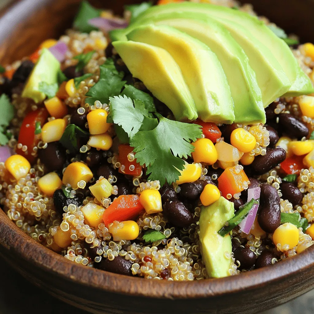 Here is what you need to make a Savory Quinoa and Black Bean Bowl: - 1 cup quinoa, thoroughly rinsed - 2 cups vegetable broth - 1 can (15 oz) black beans, rinsed and drained - 1 cup corn (fresh or frozen) - 1 red bell pepper, finely diced - 1 small red onion, finely diced - 2 cloves garlic, minced - 1 ripe avocado, sliced - 1 teaspoon ground cumin - 1 teaspoon smoked paprika - Juice of 1 lime - Salt and freshly ground black pepper, to taste - Fresh cilantro, chopped, for garnish This list ensures you have all the flavors and textures needed for a great meal. Quinoa is the base of our bowl. It gives protein and a nice nutty taste. Black beans add fiber and richness. Corn brings sweetness, while the bell pepper and onion add crunch and color. Garlic gives depth to the dish. When you set out to cook, remember that fresh ingredients make a big difference. The lime juice will brighten the flavors, and cilantro adds a fresh touch. Each ingredient works together to create balance. You can find the Full Recipe for step-by-step guidance on how to combine all these tasty elements. Enjoy cooking! - In a medium saucepan, combine 1 cup of rinsed quinoa with 2 cups of vegetable broth. - Bring the mixture to a rolling boil over medium-high heat. - Once boiling, reduce heat to low, cover, and let it simmer for about 15 minutes. - After 15 minutes, remove it from heat and fluff the quinoa gently with a fork. - Heat a skillet over medium heat and add a drizzle of olive oil. - Add 1 small finely diced red onion and 2 minced garlic cloves to the skillet. - Sauté for about 3-4 minutes until the onion is soft and smells great. - Next, add 1 finely diced red bell pepper and 1 cup of corn to the skillet. - Sauté for another 3-4 minutes until the bell pepper is slightly soft. - Then, add 1 can of rinsed black beans, 1 teaspoon of ground cumin, 1 teaspoon of smoked paprika, lime juice, salt, and pepper. - Stir well and cook for 2-3 minutes until heated through. - Divide the fluffy quinoa into four serving bowls. - Spoon the savory black bean mixture over the quinoa in each bowl. - Top each bowl with elegant slices of ripe avocado. - Finally, sprinkle freshly chopped cilantro on top for a burst of flavor. For the full recipe, check out the detailed instructions provided above. To cook quinoa just right, use the perfect water-to-quinoa ratio. A good rule is 2 cups of water for every 1 cup of quinoa. This makes it fluffy and tender. Always rinse quinoa before cooking. Rinsing removes bitter saponins. This step is key for better taste. You can enhance flavors by adding spices. Ground cumin and smoked paprika work wonders. Adjust spices based on your taste. Fresh herbs, like cilantro, bring bright flavors. They add a burst of freshness that elevates your dish. Serving matters! Use colorful bowls to make your meal pop. Bright dishes catch the eye and make food look delicious. Arrange toppings artfully for a lovely display. Slices of lime on the side add color and a zesty touch. This makes your Savory Quinoa and Black Bean Bowl even more inviting. Enjoy the process and have fun with it! {{image_4}} You can make this bowl even better while keeping it vegetarian or vegan. Start by swapping vegetable broth for water. This change boosts flavor without adding any animal products. Next, think about adding more veggies. Try adding zucchini or carrots for extra color and crunch. These vegetables blend well with the quinoa and black beans. Need more protein? You can add grilled chicken or shrimp to the bowl. This adds a savory touch and makes it heartier. If you want plant-based options, consider adding tofu or tempeh. These proteins soak up flavors well and keep the dish balanced. Toppings can take your bowl to the next level. Consider adding shredded cheese or your favorite salsa. These add richness and a kick of flavor. For a unique taste, try drizzling sauces like tahini or chipotle dressing over the top. These sauces add a twist that makes each bite exciting. For the full recipe, check out the instructions above! To keep your leftovers fresh, use airtight containers. Glass containers work well. They help prevent spills and keep flavors intact. You can store your Savory Quinoa and Black Bean Bowl in the fridge. It will last for about 3 to 4 days. When you want to enjoy your bowl again, you have a few good options. You can use a microwave or a stovetop. If using the microwave, heat it for about 1 to 2 minutes. Stir halfway to make sure it warms evenly. On the stovetop, add a splash of water and heat over low. This helps the quinoa stay fluffy and the beans soft. To freeze the black bean mixture, let it cool first. Then, put it in a freezer-safe bag. Make sure to remove as much air as possible. This helps prevent freezer burn. You can freeze it for up to 3 months. When you’re ready to eat, thaw it in the fridge overnight. For reheating, warm it on the stovetop or microwave until hot. Enjoy your tasty meal even after freezing! It takes about 30 minutes to make. You spend 10 minutes prepping. The cooking time is 20 minutes. This makes it a quick meal for busy days. Yes, you can prep this dish ahead. Cook the quinoa and black bean mix ahead of time. Store them in separate containers. Keep them in the fridge for up to three days. Reheat them before serving. This makes your meal easy on busy nights. You can serve this bowl with many sides. Consider a fresh salad for crunch. A side of roasted veggies pairs well too. You might also enjoy tortilla chips for a crunchy bite. Adding a dollop of salsa or sour cream can boost flavor. Yes, this recipe is gluten-free. All the ingredients are safe for those avoiding gluten. Quinoa, black beans, and veggies are all gluten-free. You can enjoy this dish with confidence! This blog post detailed how to create a Savory Quinoa and Black Bean Bowl. You learned about the key ingredients, step-by-step cooking tips, and how to enhance flavors. I also shared variations for different diets and storage tips for leftovers. This dish is simple, nutritious, and full of flavor. You can make it your own with different toppings or ingredients. Enjoy your cooking journey and have fun making this bowl!