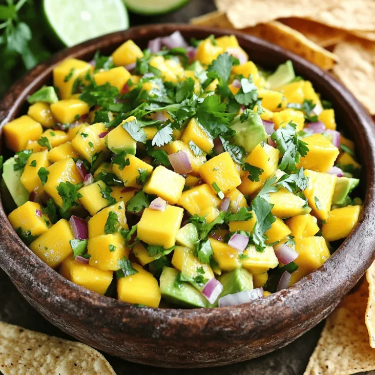 - 1 ripe mango, diced into small cubes - 2 ripe avocados, diced into bite-sized pieces - 1 small red onion, finely chopped - 1 jalapeño pepper, deseeded and finely minced - 1/4 cup fresh cilantro, tightly packed and chopped - 2 tablespoons fresh lime juice - Salt and freshly cracked black pepper to taste How do I convert ingredients for different serving sizes? To adjust the recipe, you can multiply or divide the ingredient amounts based on your needs. For example, if you want to double the recipe, simply double each ingredient. What are the metric and imperial conversions? Here are some common conversions for this recipe: - 1 ripe mango ≈ 200 grams - 2 ripe avocados ≈ 400 grams - 1/4 cup cilantro ≈ 15 grams - 2 tablespoons lime juice ≈ 30 milliliters With these conversions, you can easily prepare this salsa for any occasion. You can find the full recipe in the article, which makes it simple to whip up this vibrant dish. To make Mango Avocado Salsa, start with ripe mango and avocado. A ripe mango feels slightly soft when pressed. Cut it into small cubes. For the avocado, cut it in half, remove the pit, and scoop out the flesh. Dice it into bite-sized pieces. Next, take a medium-sized bowl. Gently add the mango and avocado. Use a spatula or a large spoon to mix them. Be careful not to mash the avocado pieces. You want them to stay chunky for a nice texture. Add finely chopped red onion and minced jalapeño to the bowl. Mix these ingredients delicately. You want all the flavors to spread evenly without crushing anything. For the best flavor, let the salsa sit for a bit. Cover the bowl with plastic wrap. Place it in the fridge for at least 15 minutes. This time lets the flavors blend nicely. Don’t forget to season the salsa to taste. Sprinkle salt and freshly cracked black pepper in. Taste as you go. Adjust the seasoning until it feels just right. Mango Avocado Salsa shines in many ways. Serve it with crispy tortilla chips for a fun snack. You can also use it as a zesty topping for tacos. It pairs wonderfully with grilled meats, like chicken or fish. For a great presentation, serve the salsa in a colorful bowl. A sprinkle of extra cilantro on top adds a nice touch. Place a few lime wedges on the side for a burst of freshness. To make the best mango avocado salsa, you need ripe fruit. Choose a mango that gives slightly when you press it. This means it is sweet and juicy. For avocados, look for ones that feel soft but not mushy. They should yield to gentle pressure. When handling jalapeño peppers, you can control the spice by removing the seeds and white membranes. This part of the pepper holds most of the heat. If you want more spice, leave some seeds in. Always wash your hands after cutting jalapeños. Touching your face can lead to irritation. Storing leftovers properly keeps your salsa fresh. Place it in an airtight container. This helps prevent browning. You can store it in the fridge for up to three days. To refresh the salsa after storing, add a splash of lime juice. This brightens the flavors and helps with browning. If the salsa looks watery, give it a gentle stir. This will mix everything back together. Enjoy it again with chips or as a topping! For the full recipe, check out the complete instructions provided earlier. {{image_4}} You can swap mango and avocado for other fruits. Try using peaches or pineapples for a sweet twist. If you want a creamier texture, use bananas instead of avocado. Adding unique elements can make your salsa stand out. Consider mixing in diced cucumber for crunch or pomegranate seeds for a burst of sweetness. These swaps keep the salsa fresh and fun! Making this salsa vegan is easy. All the ingredients are plant-based, so you don’t need any changes. It’s also gluten-free, perfect for many diets. If you want low-carb options, use less mango. You can add more veggies like bell peppers or radishes. These changes keep the flavor while lowering the carb count. Explore these variations to find your favorite twist on the classic Mango Avocado Salsa. For the full recipe, check out the earlier section! Each serving of Mango Avocado Salsa has about 150 calories. This salsa is light yet fulfilling. It provides a balance of healthy fats and carbs. - Calories: 150 per serving - Carbohydrates: 15g - Protein: 2g - Fat: 10g Mango and avocado are stars in this salsa. Mango is rich in vitamins A and C. It aids in digestion and boosts your immune system. Avocado offers healthy fats that support heart health. - Mango Benefits: - High in vitamin C - Good for skin and vision - Contains fiber for better digestion - Avocado Benefits: - Packed with healthy monounsaturated fats - Rich in potassium - Contains vitamins E and K This salsa is not just tasty; it’s a nutritious choice too. You get vitamins and minerals that help your body. Enjoy this fresh delight while knowing it’s good for you! How long does Mango Avocado Salsa last in the fridge? Mango avocado salsa lasts about 1 to 2 days when stored in the fridge. The avocado can brown quickly, so it's best to eat it fresh. Can I make it ahead of time? Yes, you can make it ahead of time. Just cover it tightly and chill. To keep it fresh, add lime juice right before serving. What can I serve with Mango Avocado Salsa? You can serve it with tortilla chips, tacos, or grilled chicken. It also pairs well with fish and salads. How to make it spicier? To make it spicier, add more jalapeño, or use a hotter pepper. You can also add a pinch of cayenne pepper. Can I make it without cilantro? Yes, you can make it without cilantro. Try adding parsley or omit it for a different taste. What's the best way to cut an avocado? To cut an avocado, slice it in half lengthwise. Twist the halves apart, remove the pit, and scoop out the flesh with a spoon. You can then dice it into pieces. For the full recipe, check out the [Full Recipe]. Mango Avocado Salsa is a fresh and tasty dish that’s easy to make. We covered key ingredients and step-by-step instructions for preparation. You learned about enhancing flavors and serving suggestions to delight your taste buds. With helpful tips on storage and ingredient swaps, this salsa is versatile. Keep its health benefits in mind as you enjoy this vibrant dish. Don’t hesitate to explore variations to suit your needs. Get creative and let your cooking fun begin!