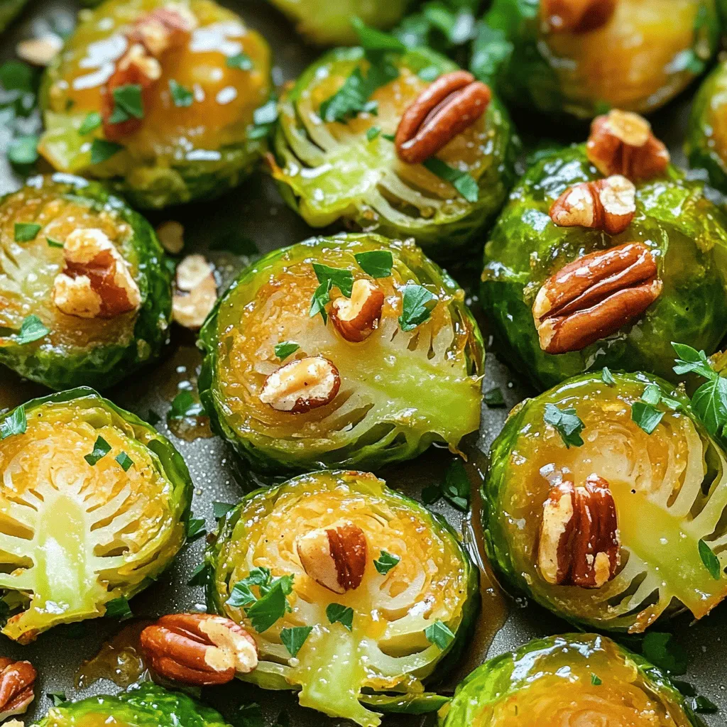 - 1 lb Brussels sprouts, trimmed and halved - 3 tablespoons pure maple syrup - 2 tablespoons extra-virgin olive oil - 1 tablespoon balsamic vinegar - 1 teaspoon Dijon mustard - 1/2 teaspoon garlic powder - Salt and freshly cracked black pepper, to taste - 1/4 cup toasted pecans, chopped (optional) - Fresh parsley, for garnish Each serving of maple glazed Brussels sprouts contains approximately: - Calories: 150 - Protein: 3g - Fat: 8g - Carbohydrates: 20g These sprouts provide a tasty way to add fiber and nutrients to your meals. The maple syrup adds a hint of sweetness, while the olive oil offers healthy fats. You can easily adjust the recipe for your dietary needs. For example, use less maple syrup for fewer sugars. When making this dish, you will enjoy the balance of flavors. The nutty taste of Brussels sprouts pairs well with the sweet maple glaze. The toasted pecans can enhance the crunch and flavor. This dish is not only delicious but also colorful. The bright green of the sprouts and the deep brown of the glaze make it eye-catching. You can find the full recipe at the end of this article. - Preheat oven to 400°F (200°C) - Prepare baking sheet with parchment paper Get your oven ready first. This helps the Brussels sprouts roast evenly. Line your baking sheet with parchment paper. This step makes clean-up easy and keeps the sprouts from sticking. - Whisk together maple syrup, olive oil, balsamic vinegar, Dijon mustard, garlic powder, salt, and pepper In a bowl, mix the glaze. Use these ingredients: - 3 tablespoons pure maple syrup - 2 tablespoons extra-virgin olive oil - 1 tablespoon balsamic vinegar - 1 teaspoon Dijon mustard - 1/2 teaspoon garlic powder - Salt and freshly cracked black pepper, to taste Whisk them together until smooth. The sweet and tangy mix brings out the best flavors in the sprouts. - Add Brussels sprouts to the glaze and mix well Now, take the trimmed and halved Brussels sprouts and add them to the glaze. Use your hands or a spatula to coat each sprout evenly. This ensures every bite is flavorful. - Spread on the baking sheet and roast for 20-25 minutes Spread the coated Brussels sprouts on the baking sheet. Make sure they sit in a single layer. Roast them for 20 to 25 minutes. Halfway through, stir them gently. This helps them brown evenly and get that perfect texture. - Add toasted pecans in the last 5 minutes of roasting If you want to add pecans, toss them in during the last 5 minutes of roasting. This heats them up and gives a nice crunch. You can use about 1/4 cup of chopped pecans for this. - Transfer to serving dish and garnish with parsley Once they are done, take the Brussels sprouts out of the oven. Transfer them to a serving dish. For a pop of color, sprinkle some finely chopped fresh parsley on top. This adds freshness and makes the dish look great. For the full recipe, check out the detailed steps above. Enjoy the savory and sweet goodness of your maple glazed Brussels sprouts! When roasting Brussels sprouts, spacing is key. Spread them out on the baking sheet. This helps them cook evenly. If they touch too much, they may steam instead of roast. Check for doneness after about 20 minutes. The sprouts should be golden brown with crispy edges. You can poke one with a fork to test tenderness. If it’s soft inside, they are done. For an extra kick, add spices or herbs. Try a pinch of chili flakes for heat. You can also mix in fresh thyme or rosemary for a fragrant touch. Toppings can elevate your dish. Crumbled feta or goat cheese adds creaminess. Crispy bacon or pancetta gives a lovely crunch. Experiment with what you like best! Presentation is important to make your dish shine. Serve the Brussels sprouts on a nice platter. Drizzle any leftover glaze over the top for added flavor. Garnish with fresh parsley for color. You can also sprinkle some whole pecans for a decorative touch. A beautiful plate makes the meal more inviting. For the Full Recipe, check the instructions above. {{image_4}} You can play with the glaze to make it your own. Try using honey or agave syrup instead of maple syrup. Honey gives a nice floral note, while agave adds a light sweetness. For a spicy twist, mix in some sriracha. This adds heat and a fun kick to the dish. If you don’t have pecans, use walnuts or almonds. Both will add a nice crunch. You can also swap the Brussels sprouts for green beans or cauliflower. These veggies have different textures but will still soak up the glaze well. You can easily make this dish vegan and gluten-free. Just ensure that the maple syrup and other ingredients you choose meet these needs. This way, everyone can enjoy the flavors of this dish without worry. For the Full Recipe, check the details above to make this tasty meal. To store leftover maple glazed Brussels sprouts, let them cool first. Place the sprouts in an airtight container. This keeps them fresh and tasty. You can store them in the fridge for up to three days. Just remember to seal the container tightly. When reheating, you want to keep that nice texture and flavor. The best way is to use the oven. Preheat it to 350°F (175°C). Spread the sprouts on a baking sheet. Heat them for about 10 minutes. This method helps them stay crispy. You can also use the microwave, but it may make them soft. If you go this route, heat in short bursts and check often. If you want to freeze Brussels sprouts, start with fresh ones. Clean and trim them first. Blanch the sprouts in boiling water for about three minutes. Then, cool them quickly in ice water. Once cool, drain and dry them well. Pack the sprouts in freezer bags, removing as much air as you can. They last up to three months. When you’re ready to cook, thaw them in the fridge overnight before use. Brussels sprouts take about 20 to 25 minutes to roast at 400°F (200°C). You will know they are done when they turn golden brown and have crispy edges. The center should be tender but not mushy. For the best results, stir them halfway through to ensure even cooking. Yes, you can prepare the Brussels sprouts ahead of time. You can wash and trim them a day in advance. Keep them in a sealed container in the fridge until you’re ready to roast. Just make sure to coat them in the maple glaze right before cooking for the best flavor. These Brussels sprouts pair well with many dishes. Try serving them with roasted chicken, grilled steak, or baked salmon. They also work well alongside mashed potatoes or a quinoa salad for a balanced meal. Their sweet and savory taste complements both meat and vegetarian options. Absolutely! This recipe is great for meal prep. You can portion the roasted Brussels sprouts into containers for easy lunches or dinners. Store them in the fridge for up to four days. Reheat them in the oven or microwave before serving to keep them tasty. Yes, you can use frozen Brussels sprouts. Just make sure to thaw and drain them first. Frozen sprouts may not get as crispy as fresh ones. You can roast them longer to achieve better texture, but keep an eye on them to avoid burning. In this blog post, we explored a simple yet delicious recipe for maple-glazed Brussels sprouts. We discussed the key ingredients and their nutritional value. Step-by-step instructions guided you through the cooking process, while tips enhanced flavor and presentation. You can also find variations and storage info to keep your dish fresh. Brussels sprouts are versatile and can fit many diets. Enjoy trying new flavors and sharing your creations. Let this recipe inspire your next meal. Happy cooking!