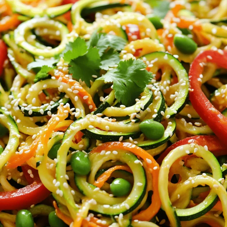 - 4 medium zucchinis, spiralized into noodles - 1 red bell pepper, sliced into thin strips - 1 cup snap peas, trimmed for freshness - 3 cloves garlic, minced - 1 tablespoon fresh ginger, grated - 3 tablespoons soy sauce (or tamari) - 1 tablespoon sesame oil - 1 teaspoon red pepper flakes (optional) - Fresh cilantro and sesame seeds for garnish When making this dish, I love using fresh vegetables. The zucchinis become a perfect base. They soak up flavors and add a nice crunch. The red bell pepper brings sweetness and color. Snap peas add a crisp bite that brightens the dish. To enhance the taste, I always use garlic and ginger. These two ingredients create a warm and inviting aroma. Soy sauce adds depth. It ties all the flavors together in a savory way. Feel free to adjust the garnishes. I often sprinkle sesame seeds on top for texture. Fresh cilantro adds a burst of flavor. If you want some heat, the red pepper flakes work great. This dish is not only quick to make but also fun to eat! For the full recipe, check out the Zesty Zucchini Noodle Stir Fry. - Spiralizing the Zucchini Start by washing the zucchinis well. Use a spiralizer to turn them into noodles. Aim for long, thin strands. Place the noodles in a large bowl and set aside. - Prepping Other Vegetables Slice the red bell pepper into thin strips. Cut the carrot into matchsticks. Trim the snap peas for freshness. Mince the garlic and grate the ginger. These fresh flavors will shine in your dish. - Heating the Oil In a large skillet or wok, pour in the sesame oil. Heat it over medium-high until it shimmers. This step is key for a great stir fry. - Sautéing Aromatics Add the minced garlic and grated ginger to the hot skillet. Sauté for about 30 seconds. Stir often to release their rich aroma. You want your kitchen to smell great! - Adding Vegetables Toss in the sliced red bell pepper, snap peas, and julienned carrot. Stir-fry these for 3-4 minutes. Keep them moving in the pan until slightly tender, but still crunchy. - Incorporating Zucchini Noodles Gently add the spiralized zucchini noodles. Pour in the soy sauce and optional red pepper flakes. Toss everything well for 2-3 minutes. Make sure the noodles heat through, but don’t get mushy. - Seasoning the Stir Fry Taste your stir fry and add salt and pepper as needed. Adjust to your liking for the best flavor. - Garnishing and Serving Remove the stir fry from heat. Sprinkle sesame seeds and chopped green onions on top. For a fresh finish, add chopped cilantro before serving. Enjoy this colorful and quick meal! Check out the Full Recipe for more details. - Preventing Mushy Noodles: To stop zucchini noodles from getting mushy, avoid overcooking them. Cook them just until warm. If you add them too early, they release water and become soft. - How to Achieve the Best Texture: Use medium to high heat when cooking. This helps the noodles stay firm. Stir-frying for just a couple of minutes ensures they remain crunchy and fresh. - Substitutions for Soy Sauce: If you want a different flavor, try coconut aminos or tamari. These options work well for gluten-free diets, giving a similar umami taste. - Balancing Flavors with Acidity: Adding a squeeze of lime or lemon juice brightens your dish. It brings balance to the savory elements and adds a refreshing kick. - Serving Styles: Serve the stir fry in wide, shallow bowls. This allows the colors to pop and makes the dish look appealing. - Adding Color to the Plate: Add bright herbs like cilantro or parsley on top. You can also include colorful veggies like purple cabbage or cherry tomatoes for a visual boost. For a full recipe, check out the Zesty Zucchini Noodle Stir Fry 🥒. It’s a quick meal that will impress! {{image_4}} You can easily add protein to your zucchini noodle stir fry. Options like chicken, shrimp, or tofu work great. - Chicken: Use bite-sized pieces of chicken breast. Cook them first until golden. Then, add your veggies and noodles. - Shrimp: Shrimp cooks fast. Sauté it for about 2-3 minutes until pink. Mix in your veggies after. - Tofu: Firm tofu is perfect. Cube it and sauté until crispy. Then, toss it with the noodles and sauce. These proteins can elevate your dish, adding flavor and nutrition. Feel free to switch up the veggies in your stir fry. Seasonal produce can bring new life to this dish. - Bell Peppers: Different colors add visual appeal and taste. - Broccoli: This adds crunch and nutrients. - Mushrooms: They offer a rich, umami flavor. - Spinach: Toss in fresh spinach at the end for a pop of green. Mixing in seasonal produce can keep your meals fresh and exciting. You can easily adjust this recipe for vegan and gluten-free diets. - Vegan: All the ingredients here are plant-based. Just ensure your soy sauce is vegan, too. - Gluten-Free: Use tamari instead of soy sauce. This keeps the same great taste without gluten. These simple swaps ensure everyone can enjoy your zucchini noodle stir fry. For the full recipe, refer to the Zesty Zucchini Noodle Stir Fry. - Refrigeration Tips: Place any leftover stir fry in an airtight container. Store it in the fridge for up to three days. Make sure to cool it down before sealing. This helps keep the flavors fresh. - Freezing Suggestions: You can freeze the stir fry, but it's best to do this without the zucchini noodles. They can become mushy when thawed. Place the other veggies and sauce in a freezer-safe bag. Use within three months for best taste. - How to Maintain Texture and Flavor: When reheating, use a skillet over medium heat. Add a splash of water or broth to keep it moist. Stir often to heat evenly. Avoid microwaving, as it can make the noodles soggy. - Duration for Optimal Freshness: Enjoy your stir fry within three days when stored in the fridge. If frozen, eat it within three months. After this time, it may lose flavor and texture. Always check for signs of spoilage before eating. To spiralize zucchini, you need a spiralizer. Cut off the ends of the zucchini. Place it in the spiralizer and turn the handle. This will create long noodle shapes. You can also use a julienne peeler if you don’t have a spiralizer. It will give you similar results. Yes, you can prepare the stir fry ahead of time. Cook the veggies and noodles, then store them in the fridge. They will stay fresh for about two days. Reheat them in a pan before serving. This makes for a quick meal on busy days. Zucchini noodle stir fry pairs well with a variety of proteins. You can add chicken, shrimp, or tofu for extra flavor. Serve it with brown rice or quinoa for a wholesome meal. A light salad also complements the dish nicely. Absolutely! This dish is low in calories and high in nutrients. Zucchini is full of vitamins and minerals. Using fresh veggies adds fiber and antioxidants. Plus, you control the ingredients, making it a great choice for a healthy meal. To keep zucchini noodles firm, avoid overcooking them. Add them last in the stir fry and cook just until heated. You can also pat the noodles dry before cooking. This helps remove excess moisture. You can experiment with many sauces for stir fry. Try teriyaki sauce for sweetness or hoisin for a richer flavor. Coconut aminos is a great soy sauce alternative. For a spicy kick, add sriracha or chili paste. Each sauce brings its unique taste, so have fun mixing! This blog post covered a delicious zucchini noodle stir fry. We explored key ingredients like fresh vegetables and flavorful seasonings. I shared simple step-by-step cooking instructions to bring this dish to life. You learned tips for perfect texture and enhanced flavors, along with variations to suit your taste. Embrace the idea of easy, healthy meals that fit your lifestyle. With these recipes and tips, you can enjoy cooking while staying mindful of nutrition. Go ahead, get creative in the kitchen and make this dish your own!