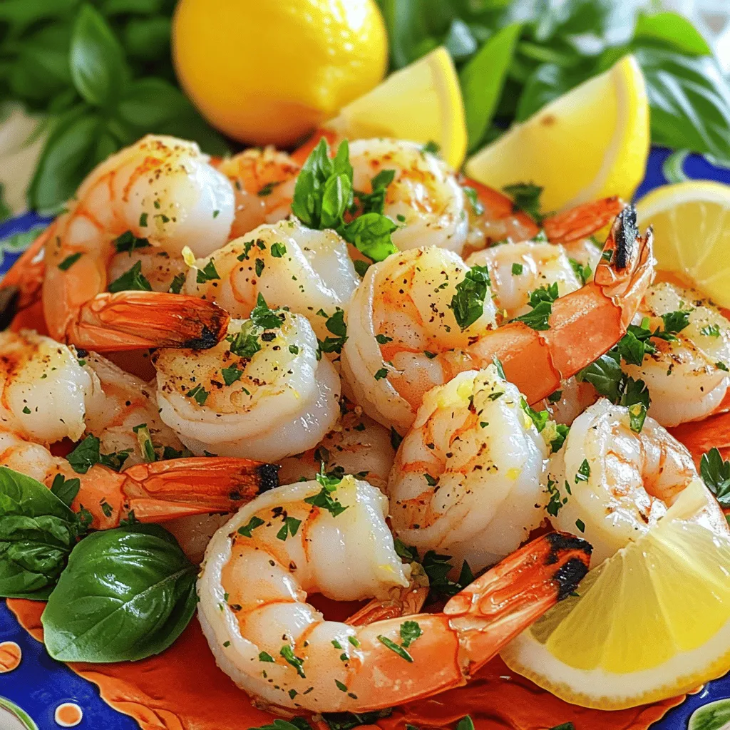 This Lemon Garlic Herb Grilled Shrimp recipe is easy and quick. You can make it in about an hour. The shrimp soak in a tasty marinade, which makes them flavorful and juicy. - 1 pound medium shrimp, peeled and deveined - 3 tablespoons extra virgin olive oil - 3 cloves of garlic, finely minced - Zest and juice of 2 fresh lemons - 2 tablespoons fresh parsley, finely chopped - 1 tablespoon fresh basil, finely chopped - 1 teaspoon smoked paprika - Salt and black pepper to taste - Lemon wedges for serving Each ingredient plays a key role. The shrimp gives the dish its main flavor. Olive oil adds richness and helps the marinade stick. Garlic brings a bold taste. Fresh herbs like parsley and basil add brightness. Smoked paprika gives a mild warmth. Salt and black pepper enhance all these flavors. Lemon wedges serve as a fresh touch when you serve the shrimp. When you gather these ingredients, ensure they are fresh. Fresh shrimp make a big difference in taste. Use good quality olive oil for added flavor. This dish truly shines with fresh herbs. You can find great herbs at local markets. These ingredients combine to create a simple yet delicious meal. For the full recipe, check the detailed steps later in this article. To start, gather a medium mixing bowl. Add 3 tablespoons of extra virgin olive oil. Next, mince 3 cloves of garlic and toss them in. Then, zest and juice 2 fresh lemons, adding both to the bowl. Now, chop 2 tablespoons of fresh parsley and 1 tablespoon of fresh basil, and mix them in. Finally, sprinkle in 1 teaspoon of smoked paprika, salt, and black pepper to taste. Whisk everything together until it’s well combined. This marinade brings a bright flavor to the shrimp. Once your marinade is ready, it’s time for the shrimp. Take 1 pound of medium shrimp, peeled and deveined, and add them to the mixing bowl. Stir gently to coat each shrimp in the marinade. Cover the bowl with plastic wrap and place it in the fridge. Let the shrimp marinate for about 30 minutes. This step is key, as it allows the shrimp to absorb all those delicious flavors. After the shrimp have marinated, preheat your grill to a medium-high heat. If you're using wooden skewers, soak them in water for 30 minutes. This helps prevent burning. When the grill is hot, you can either thread the shrimp onto the skewers or place them directly on the grill grates. Grill the shrimp for about 2-3 minutes on each side. Watch closely; overcooking can make the shrimp rubbery. Once they turn pink and opaque, they are ready. Remove the shrimp from the grill and place them on a serving platter. Serve with lemon wedges to enhance the fresh taste. Enjoy your meal! For the full recipe, check out the above details. To make the best grilled shrimp, always use fresh shrimp. Fresh shrimp tastes better and has a firmer texture. When you buy shrimp, look for ones that are shiny and smell like the ocean. If you can, buy wild-caught shrimp as they offer great flavor. Marinate for at least 30 minutes. This allows the shrimp to soak in all those tasty flavors. You can marinate them up to two hours for a stronger taste, but don’t go longer. Acid from lemon juice can make shrimp mushy. One big mistake is overcooking the shrimp. Shrimp cooks quickly, often in just 2 to 3 minutes per side. Keep an eye on them. They should turn pink and opaque when done. If they get rubbery, you’ve cooked them too long. Another mistake is not using enough marinade. Make sure each shrimp is well-coated. This adds flavor and helps keep them moist. Don’t forget to season with salt and pepper for extra taste. For this recipe, you don’t need many tools. A good grill is key for that smoky flavor. Use a pair of tongs to flip the shrimp without losing any marinade. If you use skewers, opt for stainless steel or soaked wooden ones to prevent burning. A mixing bowl helps combine the marinade easily. A whisk is great for mixing the ingredients together smoothly. Lastly, have a serving platter ready to display your beautiful grilled shrimp once they’re done. For the full recipe, check the section above. Enjoy your cooking journey! {{image_4}} You can change the herbs and spices to fit your taste. Instead of parsley, use cilantro for a fresh twist. If you love a bit of heat, add red pepper flakes. You can also try dill or thyme for a unique flavor. Each herb brings its own charm, making the dish fun and different every time. You don't just have to grill these shrimp. You can sauté them in a pan on the stove. Just heat some olive oil and cook them for a few minutes. Broiling is another great method. Place them under the broiler for a quick cook. If you're in the mood, you can even bake them. Just make sure to keep an eye on the time. Each method gives the shrimp a different taste and texture. Serve your Lemon Garlic Herb Grilled Shrimp with sides that complement its flavors. A fresh garden salad pairs well. Add some avocado and cherry tomatoes for a colorful dish. Grilled vegetables also make a great side. Another idea is to serve them on a bed of rice or quinoa. This adds a nice base and keeps the meal filling. You can find the full recipe for more ideas on how to enjoy this dish! To keep your Lemon Garlic Herb Grilled Shrimp fresh, place them in an airtight container. Ensure the shrimp cool down to room temperature first. Store them in the fridge for up to three days. If you have too many leftovers, consider freezing them for later use. When it's time to enjoy the leftovers, reheat the shrimp gently. You can use the microwave or a skillet. If using the microwave, heat in short bursts to avoid overcooking. If using a skillet, add a splash of olive oil and cook on low heat. This method keeps the shrimp tender and juicy. If you want to freeze the shrimp, do it as soon as possible. Place the shrimp in a freezer-safe bag and remove as much air as you can. This helps prevent freezer burn. The shrimp will stay good for about three months. When ready to eat, thaw them in the fridge overnight before reheating. Enjoy your Lemon Garlic Herb Grilled Shrimp anytime with these simple storage tips! For the full cooking experience, check the Full Recipe. You should marinate shrimp for at least 30 minutes. This time allows the shrimp to soak up the flavors. If you have more time, let them sit for up to 2 hours. Just keep them in the fridge. Yes, you can use frozen shrimp. Just thaw them first. Place them in the fridge overnight or run cold water over them. Pat them dry before marinating. This keeps the marinade from getting too watery. Several sides taste great with this dish. Here are some ideas: - Fresh garden salad - Grilled vegetables - Rice or quinoa - Garlic bread - Pasta with olive oil and herbs These sides balance the shrimp's flavors and create a lovely meal. For the full recipe, check out the details above! This blog post covered how to create delicious Lemon Garlic Herb Grilled Shrimp. We discussed the key ingredients and shared a clear, step-by-step guide. You learned about proper marinating, grilling tips, and ways to avoid common mistakes. In closing, grilling shrimp can be simple and fun. With the right ingredients and techniques, you can enjoy a tasty meal. Try the tips and variations provided to make it your own. Happy grilling!