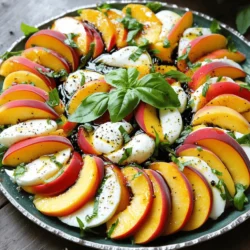 - Ripe peaches - Fresh mozzarella cheese - Fresh basil leaves - Extra virgin olive oil - Balsamic glaze - Seasoning options (salt and pepper) A Peach Caprese Salad shines with fresh, simple ingredients. You need ripe peaches for sweetness. Fresh mozzarella cheese adds a creamy texture. The bright green basil leaves give a lovely aroma. Extra virgin olive oil brings richness. A drizzle of balsamic glaze adds tang. Finally, seasoning with salt and pepper enhances the flavor. This salad is easy to make and perfect for summer. You can find the full recipe below. - Start by washing the peaches and basil leaves. Use cool running water to clean them well. This helps remove dirt and any chemicals. After washing, pat them dry with a clean kitchen towel. - Next, slice the peaches into wedges. Make sure to remove the pit in the center. The slices should be thick enough to hold their shape but thin enough to enjoy. - Now, cut the fresh mozzarella into rounds. Aim for about ¼ inch thick. This size will match nicely with the peach slices. - Take a large serving platter. Begin layering the salad by placing the peach and mozzarella slices next to each other. Alternate them in a circular pattern. This makes the salad look beautiful. - Once you layer the peaches and mozzarella, tuck in fresh basil leaves. Place them between the layers. The basil adds a nice aroma and flavor to the salad. - Drizzle high-quality extra virgin olive oil over the entire salad. Use a light hand to enhance the flavors without overwhelming them. - Follow that with a drizzle of balsamic glaze. This adds a sweet touch that balances the salad's flavors. - Finally, season the dish with a pinch of salt and some freshly ground black pepper. This step brings out the best in all the ingredients. - Let the salad rest for about 5 minutes. This allows the flavors to meld together. Then, it is ready to serve. For a complete guide, check out the Full Recipe. To make the best Peach Caprese Salad, you need ripe peaches. Look for peaches that feel slightly soft when you press them gently. They should smell sweet and fragrant. The skin may have a few blemishes, but avoid any that look shriveled or dark. The best peach varieties for this salad are Freestone peaches and Yellow peaches. These types have juicy flesh and great flavor. To boost the flavor, try adding fresh herbs like mint or thyme. They work well with peaches. You can also sprinkle a little chili flakes for a spicy kick. The goal is to balance the sweetness of the peach with some acidity. A splash of lemon juice or a dash of vinegar can help with this. This balance makes each bite tasty. How you present the salad matters. Use a large, colorful plate to show off the layers. Arrange the peaches and mozzarella in a circle for a nice look. You can also create height by stacking some slices. For garnish, add extra basil leaves or edible flowers. A few peach wedges on the side can add a pop of color. These small touches make your salad stand out and look fresh. For the full recipe, check out the detailed instructions above. {{image_4}} You can play with peach caprese salad by switching fruits. Try nectarines for a similar sweet taste. Strawberries also add a bright color and a juicy bite. Each fruit brings its own twist to this fresh dish. Adding nuts or seeds gives a nice crunch. Chopped walnuts or sunflower seeds work well. They add texture and a nutty flavor that pairs nicely with the soft mozzarella. For those on a vegan diet, dairy-free cheese is a great choice. Look for nut-based cheeses that mimic mozzarella. They still give that creamy taste without the dairy. If you need a gluten-free option, this salad is naturally gluten-free. Just ensure the balsamic glaze is free from gluten. You can enjoy this dish without worry. Local cheese can transform your peach caprese salad. If you live near a farm, try fresh goat cheese or burrata. These cheeses add unique flavors that make the salad special. Infusing regional flavors can elevate your dish. Italian herbs like oregano or thyme add depth. A sprinkle of fresh herbs can take your salad to the next level. To keep your Peach Caprese Salad fresh, focus on the ingredients. Store peaches at room temperature until they are ripe. Once ripe, place them in the fridge to slow down spoilage. Fresh mozzarella should also stay in the fridge. Keep it in its liquid for moisture. Fresh basil leaves do best in a glass of water, like a bouquet. Cover them lightly with a plastic bag to keep them fresh. If you assemble the salad, it's best to serve it right away. If you must store it, keep each ingredient separate. This way, the salad stays crisp and tasty. The salad can last in the fridge for about one day if stored correctly. After that, the ingredients may lose their texture and flavor. Look for signs of spoilage: peaches might get mushy, and mozzarella could smell sour. Basil will wilt and turn brown, indicating it's time to toss it. You can prep the ingredients ahead of time. Slice the peaches and mozzarella a few hours before serving. Keep them in separate containers in the fridge. You can also wash and dry the basil in advance. When it's time to serve, just assemble the salad. This will keep everything fresh and vibrant. Enjoy your Peach Caprese Salad just before serving for the best taste. For the full recipe, check the earlier section. Yes, you can make Peach Caprese Salad ahead of time. I suggest preparing it no more than 2 hours before serving. This way, the peaches stay fresh and bright. If you make it too early, the fruits can become mushy. To keep it fresh, store the salad in the fridge. Cover it tightly with plastic wrap to lock in moisture. If you don’t have balsamic glaze, don’t worry! You can use balsamic vinegar instead. Just drizzle a little over the salad for that tangy flavor. Another option is to mix honey with vinegar. This gives you a sweet and tangy taste. You can also try a light vinaigrette if you prefer a different flavor. Peach Caprese Salad works well for meal prep, but with a few tips. Prepare the peaches and mozzarella in advance, but don’t mix them. Keep the basil separate too. This way, they stay fresh and crisp. When you are ready to eat, just layer everything and drizzle on the olive oil and glaze. It will taste fresh and bright! Peach Caprese Salad goes well with many dishes. Try serving it alongside grilled chicken or fish for a light meal. It also pairs nicely with crusty bread or a fresh baguette. For drinks, consider a crisp white wine or sparkling water with lemon. These options will enhance the salad’s bright flavors. Enjoy your meal! In this post, I shared how to make a delicious Peach Caprese Salad. We covered the key ingredients, from ripe peaches to fresh mozzarella. I provided step-by-step instructions for preparation and assembly. Tips on selecting the best peaches and enhancing flavors helped you elevate this dish. I also explored variations to suit your taste and dietary needs. Try this salad as a fresh option for meals or gatherings. It’s easy, flavorful, and perfect for summer days. Enjoy every bite!
