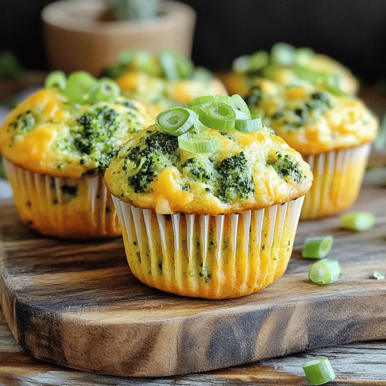 To make these tasty muffins, you need simple ingredients that pack a punch. Here’s what you’ll need: - 1 cup all-purpose flour - 1 teaspoon baking powder - 1/2 teaspoon baking soda - 1/2 teaspoon salt - 1/4 teaspoon black pepper - 1 cup fresh broccoli florets, finely chopped - 1 cup sharp cheddar cheese, grated - 2 large eggs - 1/2 cup milk - 1/4 cup olive oil These ingredients create a wonderful blend of flavors and textures. You can add a few extra items for more flavor. Consider using: - 1 tablespoon Dijon mustard (this gives a nice kick) - 1/4 cup green onions, sliced (for garnish) These options can elevate your muffins from good to great! If you need to substitute ingredients, it’s easy! Here are some ideas: - Use whole wheat flour for a healthier twist. - Swap in almond milk for a dairy-free option. - For cheese, try mozzarella or pepper jack for a fun kick. When you choose fresh broccoli, chop it finely. This ensures even distribution in the muffins. Follow these tips for delicious, savory muffins every time. For the full recipe, check the section above. Start by preheating your oven to 375°F (190°C). This step helps the muffins bake evenly. Next, prepare your muffin tray. You can use paper liners or lightly grease each cup with oil or cooking spray. This will keep the muffins from sticking and make cleanup easy. In a large mixing bowl, take your all-purpose flour, baking powder, baking soda, salt, and black pepper. Whisk these dry ingredients together. This ensures they blend well, which is key for a fluffy muffin. Now, add the finely chopped broccoli florets and grated sharp cheddar cheese to your dry mix. Gently stir them in. Coating the broccoli and cheese with flour helps them mix evenly in the batter. This way, you get a cheesy bite in every muffin. In another bowl, crack the two large eggs. Whisk them together with milk, olive oil, and Dijon mustard if you choose to use it. Whisk until everything looks uniform and a bit frothy. This mix brings moisture to the muffins. Pour the wet ingredients into the bowl with the dry mix. Stir gently until just combined. Don't overmix! A few lumps are okay and will help keep the muffins tender and soft. Using a spoon or an ice cream scoop, fill each muffin cup about 3/4 full with batter. This gives them room to rise as they bake. Place the tray in your preheated oven and bake for about 18-20 minutes. They should turn a lovely golden brown. To check if they are done, insert a toothpick into the center of a muffin. If it comes out clean, they are ready. After baking, let them cool in the pan for five minutes before moving them to a wire rack. Enjoy warm or at room temperature, garnished with sliced green onions for extra flavor. For the complete recipe, check the Full Recipe section. To get the best muffin texture, start with room-temperature ingredients. This helps ensure even mixing. Use fresh baking powder for a good rise. For a tender muffin, mix until just combined. Lumps in the batter are fine. They help keep the muffins soft. Overmixing can make muffins tough. This happens when you stir too much after adding wet to dry. Mix gently until you see no dry flour. It’s okay if the batter looks a bit uneven. Remember, the less you mix, the softer the muffin. Baking time is key for perfect muffins. Bake at 375°F (190°C) for 18-20 minutes. Check doneness with a toothpick. If it comes out clean, your muffins are ready. Let them cool for a few minutes in the pan. This helps them set up nicely. For best taste, serve warm or at room temperature. For a fun twist, try the Full Recipe for extra tips! {{image_4}} You can change the cheese in these muffins for a new twist. Try using mozzarella for a milder taste. Feta adds a salty flavor that pairs well with broccoli. Goat cheese can give a tangy kick that surprises your taste buds. Each cheese brings a unique flavor, so feel free to experiment with your favorites. Want to boost the nutrients? Toss in some grated carrots or zucchini. Both add moisture and flavor. You can also use spinach or kale for extra greens. Just chop them finely and mix them in with the broccoli. This way, you create a colorful and healthy muffin. Your kids won’t even notice the extra veggies! If you need gluten-free muffins, swap the all-purpose flour for a gluten-free blend. Many options work well, like almond flour or coconut flour. For a dairy-free version, use dairy-free cheese and milk. Almond milk or oat milk can be great substitutes. These changes keep the recipe tasty while meeting dietary needs. Just remember, each swap might slightly change the texture. For the full recipe, check out the complete guide to make these savory delights! To keep your muffins fresh, store them in an airtight container. Place a paper towel at the bottom to absorb moisture. This helps keep the muffins soft. They will last for up to three days at room temperature. For longer storage, consider refrigeration. When you're ready to enjoy a muffin again, reheating is easy. You can use a microwave or an oven. For the microwave, heat for about 15-20 seconds. If you prefer the oven, preheat it to 350°F (175°C) and warm the muffins for 5-10 minutes. This will revive their soft texture and warm flavor. Freezing is a great way to keep your savory muffins for a longer time. Wrap each muffin in plastic wrap or foil. Place them in a freezer bag, removing as much air as possible. They can stay frozen for up to three months. To enjoy, thaw them overnight in the fridge or heat directly from the freezer. Enjoy the delicious taste anytime! If you want to know how to make these tasty treats, check out the Full Recipe. You can tell the muffins are done when they are golden brown. Insert a toothpick into the center of one muffin. If it comes out clean, the muffins are ready. They should feel springy when you touch them. The edges will also pull away slightly from the muffin tin. Yes, you can make these muffins ahead of time. They stay fresh for a few days. Simply store them in an airtight container at room temperature. For longer storage, freeze them. Just thaw and reheat when you’re ready to enjoy. These muffins are great warm or at room temperature. You can serve them as a snack or a light meal. For a fun touch, add a dollop of sour cream or yogurt on top. A sprinkle of sliced green onions adds extra flavor and color. For the full recipe, check the earlier section. These savory cheddar and broccoli muffins are easy to make and full of flavor. We covered essential and optional ingredients, plus substitutions for different diets. Step-by-step instructions guide you through preparation and baking. I shared tips for the best texture and how to avoid common pitfalls. You can even try variations to keep things fresh. Store extras easily and enjoy them later. Now, you're ready to bake and impress with these tasty muffins!