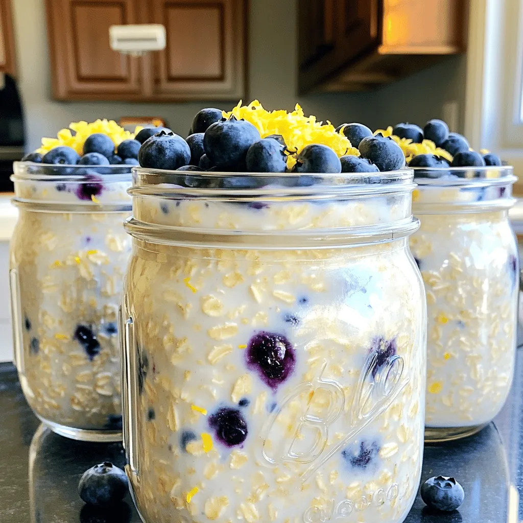 - 1 cup rolled oats - 1 cup almond milk (or any milk of your choice) - 1/2 cup Greek yogurt (or plant-based yogurt for a dairy-free option) - 1/4 cup fresh blueberries (plus extra for garnish) - Zest of 1 lemon - 2 tablespoons maple syrup or honey - 1 tablespoon chia seeds - 1/2 teaspoon pure vanilla extract - Pinch of salt When you make Lemon Blueberry Overnight Oats, you need fresh ingredients for the best taste. Rolled oats are your base, giving a nice texture. Almond milk works well, but you can use any milk you like. Greek yogurt adds creaminess. If you want a dairy-free option, plant-based yogurt is perfect. Blueberries bring that sweet and tart burst. Zest from a lemon lifts the flavor, giving a fresh kick. Maple syrup or honey sweetens the oats, so choose what you like. Chia seeds add some healthy benefits and help thicken the mix. A pinch of salt enhances all the flavors, making your oats taste great. - Additional sweeteners (e.g., agave syrup) - Nuts or seeds for added crunch - Different fruits (e.g., strawberries or raspberries) Feel free to customize your oats! If you want more sweetness, add agave syrup. Nuts or seeds can give a nice crunch. You can also swap in different fruits like strawberries or raspberries for a twist. Get creative and make it your own! For the full recipe, check out the complete guide. - In a medium bowl, combine: - 1 cup rolled oats - 1 tablespoon chia seeds - Pinch of salt Stir these dry ingredients well. This helps them mix evenly. - In another bowl, whisk together: - 1 cup almond milk - 1/2 cup Greek yogurt - Zest of 1 lemon - 2 tablespoons maple syrup or honey - 1/2 teaspoon pure vanilla extract Keep whisking until the mix is smooth and creamy. - Pour the wet mixture into the dry ingredients. Mix well. Ensure every bit of oats is coated. - Gently fold in: - 1/4 cup fresh blueberries Be careful not to smash them. You want those juicy bursts in every bite! - Divide the mixture into two jars or bowls. Make sure each has a good amount. - Cover the jars tightly. Place them in the fridge overnight. You can also leave them for at least 4-6 hours. This step lets the oats soak up all the flavors. The longer they sit, the tastier they become! Enjoy this easy Lemon Blueberry Overnight Oats recipe for a quick, healthy breakfast. To make the best lemon blueberry overnight oats, you need to adjust the liquid ratio. If you like thicker oats, use less milk. For creamier oats, add more milk. Start with equal parts oats and liquid, then tweak as you go. To achieve the perfect consistency, mix your oats and liquid well. After soaking, stir again before serving. If the mixture is too thick, add a splash of milk. This simple step makes all the difference. Want to add extra flavor? Sprinkle in some cinnamon or nutmeg. These spices pair well with blueberries and lemon. They add warmth and depth to your dish. You can also include protein powder to boost nutrition. Mix it into your wet ingredients. This way, you enjoy a tasty and filling breakfast. Serving your oats in clear jars is a great way to show off their colors. Layer your oats with fresh fruits or crunchy granola for a fun twist. This adds texture and a fancy touch. For garnishing, think about extra lemon zest or fresh mint leaves. These add brightness and a pop of color. They make your breakfast look as good as it tastes. For the full recipe, check out the Lemon Blueberry Bliss Overnight Oats. {{image_4}} You can change up the flavor of your lemon blueberry overnight oats in fun ways. - Tropical twist: Add some coconut flakes and diced pineapple for a fruity kick. - Nutty version: Mix in almond or peanut butter for a rich, nutty taste. If you have dietary needs, you can still enjoy this dish. - Vegan alternatives: Use plant-based yogurt and maple syrup instead of honey. - Gluten-free options: Ensure your oats are certified gluten-free for a safe meal. You can adapt your overnight oats to fit the seasons. - Summer version: Swap in mixed berries for a colorful, juicy treat. - Fall version: Add pumpkin spice and pecans for warm, cozy flavors. These variations let you personalize your breakfast, making it exciting every time. Try these ideas with the Full Recipe for a delightful twist on your morning routine! To keep your Lemon Blueberry Overnight Oats fresh, store them in airtight jars. This keeps moisture in and flavors bright. Place them in the fridge right away. They last well for about three to five days. When you want a quick breakfast, just grab a jar. If you notice any separation, give it a good stir before eating. You can freeze these oats if you want to save some for later. Portion them into freezer-safe containers. Leave a little space at the top for expansion. When you want to eat them, move the oats to the fridge to thaw overnight. The texture may change a bit after freezing. They might become creamier, but the taste stays great. Enjoy them chilled or warm them up in the microwave. You can add a splash of milk to help with the texture. You can store Lemon Blueberry Overnight Oats in the fridge for up to five days. Make sure to keep them in a sealed container. The flavors will deepen as they sit. However, enjoy them within this time for the best taste and texture. Yes, you can heat overnight oats if you prefer a warm breakfast. Just transfer the oats to a microwave-safe bowl. Heat them for about 30-60 seconds, stirring halfway through. Adding a splash of milk can help keep them creamy. I recommend using almond milk for a light and nutty flavor. However, feel free to use any milk you like. Cow's milk, oat milk, or soy milk also work well. Choose what fits your taste or dietary needs. Absolutely! Use plant-based yogurt if you want a dairy-free choice. Coconut yogurt, almond yogurt, or soy yogurt are great options. They provide creaminess and flavor without dairy. To make your oats more filling, add protein. Try adding a scoop of nut butter or protein powder. You can also mix in seeds or nuts. This adds healthy fats and keeps you full longer. Overnight oats differ from regular oatmeal in preparation and texture. Overnight oats soak in liquid overnight, making them creamy and soft. Regular oatmeal cooks on the stove or in the microwave. Both are tasty, but overnight oats are quick and easy for busy mornings. For the complete recipe, check out the Full Recipe section. You now have all the details to make tasty Lemon Blueberry Overnight Oats. Start with simple ingredients like oats, yogurt, and milk. Mix them up and let them chill overnight. You can personalize with fruits and nuts or try new flavors. Remember, these oats are easy to store and can last a few days in the fridge. Feel free to explore your creative side and enjoy a healthy breakfast. This dish is a great way to fuel your day. Enjoy your delicious and nutritious gains!