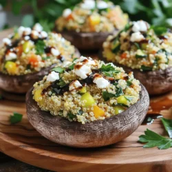 - 4 large portobello mushrooms - 1 cup cooked quinoa - 1 medium zucchini, finely grated - 1 bell pepper (red or yellow), diced into small pieces - 1 small red onion, finely chopped - 2 cloves garlic, minced - 1 cup fresh spinach, chopped coarsely - 1 teaspoon dried oregano - 1 teaspoon ground cumin - 1/2 cup feta cheese, crumbled - 2 tablespoons extra virgin olive oil - Sea salt and freshly cracked black pepper to taste - Fresh parsley, chopped, for garnish Using these fresh ingredients brings great taste and nutrition to your stuffed mushrooms. Portobello mushrooms act as a meaty base. Their rich flavor and texture make them perfect for stuffing. Quinoa is a healthy grain that adds protein and fiber. Zucchini and bell peppers add color and crunch to the filling. Red onion and garlic provide depth and aroma. Spinach adds a pop of green and vitamins. The spices, such as oregano and cumin, give a warm, earthy taste. Feta cheese adds creaminess and tang. The olive oil helps combine everything and adds healthy fats. You can find the full recipe above to guide your cooking. - Preheat your oven to 375°F (190°C). - Use a damp paper towel to clean the portobello mushrooms. - Remove the stems and set the mushrooms stem-side up on a baking sheet. - Gather your filling ingredients: quinoa, zucchini, bell pepper, red onion, garlic, spinach, oregano, cumin, feta, olive oil, salt, and pepper. - In a medium skillet, heat the olive oil over medium heat. - Add the chopped red onion and minced garlic. Sauté for 3-4 minutes until fragrant. - Next, toss in the grated zucchini and diced bell pepper. Cook for 2-3 minutes until tender. - Stir in the chopped spinach, cooked quinoa, oregano, cumin, salt, and pepper. Cook until the spinach wilts. - Remove the skillet from heat and let the mixture cool slightly. - Gently fold in the crumbled feta cheese until evenly mixed. - Generously spoon the quinoa mixture into each portobello mushroom cap. - Press down gently to pack the filling well. - Bake the mushrooms for 20-25 minutes. Look for tenderness and a golden top. - Once done, let them cool for a few minutes. - Garnish with chopped parsley before serving. - Serve on a vibrant platter and drizzle with balsamic glaze for added flavor. For the complete recipe, check out the Full Recipe link. To make sure your mushrooms are tender and flavorful, choose large portobello mushrooms. Clean them gently with a damp paper towel. This keeps them fresh and tasty. Removing the stems will help hold the filling better. When you pack the filling, be sure to press it down gently. This helps the mixture stay in place while baking. A well-packed mushroom means more flavor in every bite. One common mistake is overcooking or undercooking the mushrooms. Bake them for 20 to 25 minutes, until they are tender. Check the tops for a nice golden color. Skipping the resting time after baking is another mistake. Let the mushrooms cool for a few minutes. This helps the flavors settle and keeps you from burning your mouth! Adding spices or herbs can take your stuffed mushrooms to the next level. Try adding a pinch of red pepper flakes for heat or fresh basil for a fragrant touch. You can also use different types of cheese. Feta adds a salty bite, but goat cheese or mozzarella can work, too. Each cheese gives a unique taste that can change the whole dish. For the full recipe, check out my detailed instructions and tips! {{image_4}} You can make this recipe fit your needs. If you want a vegan option, swap feta cheese for a plant-based alternative. Nutritional yeast also adds a cheesy flavor. You can use other grains too. Try brown rice or farro instead of quinoa. For more color and texture, add chopped carrots or corn. Love Mediterranean flavors? Add herbs like basil or thyme. A squeeze of lemon juice brightens the dish too. If you crave spice, add crushed red pepper or diced jalapeños to the filling. This gives the mushrooms a nice kick. You can also sprinkle some smoked paprika for an earthy taste. These stuffed mushrooms shine with a fresh salad. A simple mix of greens, tomatoes, and cucumbers pairs well. For sides, roasted veggies or garlic bread work great too. When it comes to drinks, serve with iced tea or a crisp white wine. These choices enhance the flavor of the mushrooms. Enjoy your meal! Stuffed mushrooms can last up to 3 days in the fridge. Store them in an airtight container. Make sure they cool down before sealing. This keeps them fresh and tasty. To freeze stuffed mushrooms, first let them cool completely. Place them in a freezer-safe bag or container. They can stay good for up to 3 months. When ready to eat, thaw them in the fridge overnight. To reheat stuffed mushrooms, use the oven for the best texture. Preheat the oven to 350°F (175°C). Place the mushrooms on a baking sheet. Heat for about 10-15 minutes. This keeps them from becoming soggy. If you prefer the microwave, heat them in short bursts. This prevents them from losing their shape. Enjoy your stuffed portobello mushrooms just like the first time! It takes about 20 to 25 minutes to cook stuffed portobello mushrooms at 375°F (190°C). This time ensures the mushrooms are tender and the filling is warm. I recommend checking them at the 20-minute mark. Look for a golden top and soft, juicy mushrooms. Yes, you can make stuffed portobello mushrooms ahead of time. Prepare the filling and stuff the mushrooms. Then, cover and refrigerate them for up to a day. When ready to cook, just pop them in the oven. You may need to add a few extra minutes to the cooking time. Stuffed portobello mushrooms pair well with many sides. Here are a few ideas: - A fresh green salad - Garlic bread - Roasted vegetables - Quinoa or rice pilaf These sides complement the rich flavors of the mushrooms and enhance the meal. Yes, you can substitute quinoa with other grains. Some great options include bulgur, couscous, or farro. Each grain adds a different texture and flavor. Just make sure to cook them according to package instructions before mixing them into the filling. Clean portobello mushrooms gently. Use a damp paper towel to wipe off dirt. Avoid soaking them in water, as they can absorb moisture. Remove the stems carefully to make room for stuffing. This way, your mushrooms stay firm and delicious. For the full recipe, check out Savory Stuffed Portobello Dreams. Stuffed portobello mushrooms are a delicious and nutritious meal. You saw how simple the recipe is with ingredients like quinoa, veggies, and feta cheese. I shared tips on cooking times, flavor boosts, and common mistakes. You can even swap ingredients for a twist on the dish. These mushrooms store well and reheat nicely, making them perfect for meal prep. Enjoy making this dish your own, and share it with friends. Cooking should be fun, and these stuffed mushrooms are sure to impress!