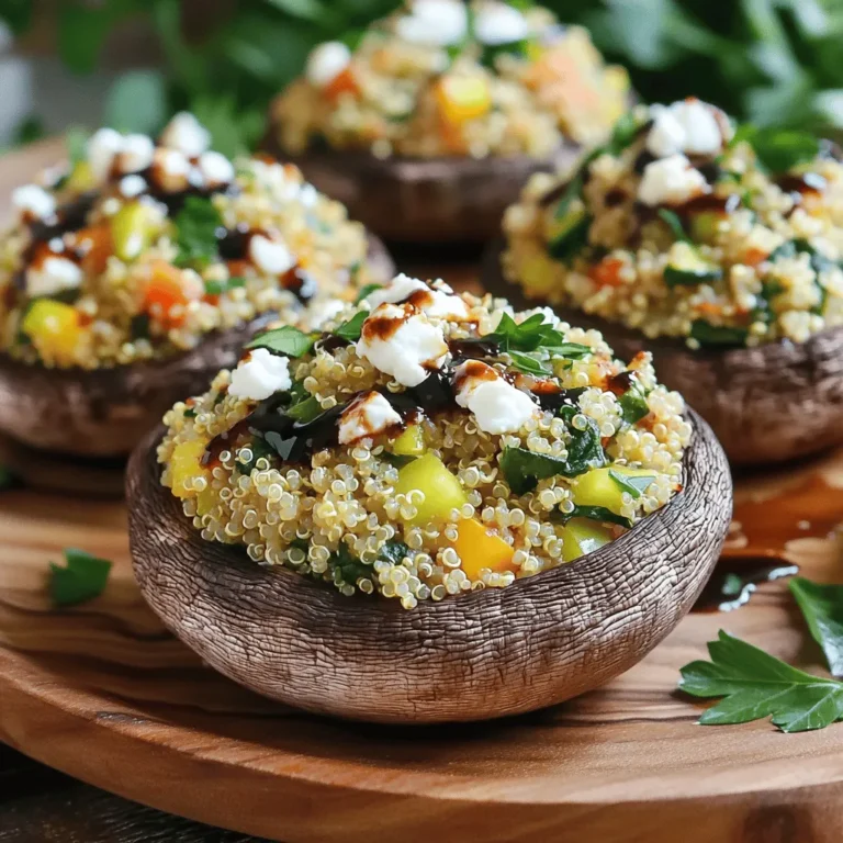 - 4 large portobello mushrooms - 1 cup cooked quinoa - 1 medium zucchini, finely grated - 1 bell pepper (red or yellow), diced into small pieces - 1 small red onion, finely chopped - 2 cloves garlic, minced - 1 cup fresh spinach, chopped coarsely - 1 teaspoon dried oregano - 1 teaspoon ground cumin - 1/2 cup feta cheese, crumbled - 2 tablespoons extra virgin olive oil - Sea salt and freshly cracked black pepper to taste - Fresh parsley, chopped, for garnish Using these fresh ingredients brings great taste and nutrition to your stuffed mushrooms. Portobello mushrooms act as a meaty base. Their rich flavor and texture make them perfect for stuffing. Quinoa is a healthy grain that adds protein and fiber. Zucchini and bell peppers add color and crunch to the filling. Red onion and garlic provide depth and aroma. Spinach adds a pop of green and vitamins. The spices, such as oregano and cumin, give a warm, earthy taste. Feta cheese adds creaminess and tang. The olive oil helps combine everything and adds healthy fats. You can find the full recipe above to guide your cooking. - Preheat your oven to 375°F (190°C). - Use a damp paper towel to clean the portobello mushrooms. - Remove the stems and set the mushrooms stem-side up on a baking sheet. - Gather your filling ingredients: quinoa, zucchini, bell pepper, red onion, garlic, spinach, oregano, cumin, feta, olive oil, salt, and pepper. - In a medium skillet, heat the olive oil over medium heat. - Add the chopped red onion and minced garlic. Sauté for 3-4 minutes until fragrant. - Next, toss in the grated zucchini and diced bell pepper. Cook for 2-3 minutes until tender. - Stir in the chopped spinach, cooked quinoa, oregano, cumin, salt, and pepper. Cook until the spinach wilts. - Remove the skillet from heat and let the mixture cool slightly. - Gently fold in the crumbled feta cheese until evenly mixed. - Generously spoon the quinoa mixture into each portobello mushroom cap. - Press down gently to pack the filling well. - Bake the mushrooms for 20-25 minutes. Look for tenderness and a golden top. - Once done, let them cool for a few minutes. - Garnish with chopped parsley before serving. - Serve on a vibrant platter and drizzle with balsamic glaze for added flavor. For the complete recipe, check out the Full Recipe link. To make sure your mushrooms are tender and flavorful, choose large portobello mushrooms. Clean them gently with a damp paper towel. This keeps them fresh and tasty. Removing the stems will help hold the filling better. When you pack the filling, be sure to press it down gently. This helps the mixture stay in place while baking. A well-packed mushroom means more flavor in every bite. One common mistake is overcooking or undercooking the mushrooms. Bake them for 20 to 25 minutes, until they are tender. Check the tops for a nice golden color. Skipping the resting time after baking is another mistake. Let the mushrooms cool for a few minutes. This helps the flavors settle and keeps you from burning your mouth! Adding spices or herbs can take your stuffed mushrooms to the next level. Try adding a pinch of red pepper flakes for heat or fresh basil for a fragrant touch. You can also use different types of cheese. Feta adds a salty bite, but goat cheese or mozzarella can work, too. Each cheese gives a unique taste that can change the whole dish. For the full recipe, check out my detailed instructions and tips! {{image_4}} You can make this recipe fit your needs. If you want a vegan option, swap feta cheese for a plant-based alternative. Nutritional yeast also adds a cheesy flavor. You can use other grains too. Try brown rice or farro instead of quinoa. For more color and texture, add chopped carrots or corn. Love Mediterranean flavors? Add herbs like basil or thyme. A squeeze of lemon juice brightens the dish too. If you crave spice, add crushed red pepper or diced jalapeños to the filling. This gives the mushrooms a nice kick. You can also sprinkle some smoked paprika for an earthy taste. These stuffed mushrooms shine with a fresh salad. A simple mix of greens, tomatoes, and cucumbers pairs well. For sides, roasted veggies or garlic bread work great too. When it comes to drinks, serve with iced tea or a crisp white wine. These choices enhance the flavor of the mushrooms. Enjoy your meal! Stuffed mushrooms can last up to 3 days in the fridge. Store them in an airtight container. Make sure they cool down before sealing. This keeps them fresh and tasty. To freeze stuffed mushrooms, first let them cool completely. Place them in a freezer-safe bag or container. They can stay good for up to 3 months. When ready to eat, thaw them in the fridge overnight. To reheat stuffed mushrooms, use the oven for the best texture. Preheat the oven to 350°F (175°C). Place the mushrooms on a baking sheet. Heat for about 10-15 minutes. This keeps them from becoming soggy. If you prefer the microwave, heat them in short bursts. This prevents them from losing their shape. Enjoy your stuffed portobello mushrooms just like the first time! It takes about 20 to 25 minutes to cook stuffed portobello mushrooms at 375°F (190°C). This time ensures the mushrooms are tender and the filling is warm. I recommend checking them at the 20-minute mark. Look for a golden top and soft, juicy mushrooms. Yes, you can make stuffed portobello mushrooms ahead of time. Prepare the filling and stuff the mushrooms. Then, cover and refrigerate them for up to a day. When ready to cook, just pop them in the oven. You may need to add a few extra minutes to the cooking time. Stuffed portobello mushrooms pair well with many sides. Here are a few ideas: - A fresh green salad - Garlic bread - Roasted vegetables - Quinoa or rice pilaf These sides complement the rich flavors of the mushrooms and enhance the meal. Yes, you can substitute quinoa with other grains. Some great options include bulgur, couscous, or farro. Each grain adds a different texture and flavor. Just make sure to cook them according to package instructions before mixing them into the filling. Clean portobello mushrooms gently. Use a damp paper towel to wipe off dirt. Avoid soaking them in water, as they can absorb moisture. Remove the stems carefully to make room for stuffing. This way, your mushrooms stay firm and delicious. For the full recipe, check out Savory Stuffed Portobello Dreams. Stuffed portobello mushrooms are a delicious and nutritious meal. You saw how simple the recipe is with ingredients like quinoa, veggies, and feta cheese. I shared tips on cooking times, flavor boosts, and common mistakes. You can even swap ingredients for a twist on the dish. These mushrooms store well and reheat nicely, making them perfect for meal prep. Enjoy making this dish your own, and share it with friends. Cooking should be fun, and these stuffed mushrooms are sure to impress!