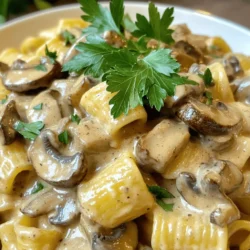 - 12 oz. wide egg-free pasta (such as fettuccine or tagliatelle) - 2 tablespoons extra virgin olive oil - 1 medium onion, finely chopped - 3 cloves garlic, minced - 16 oz. mixed mushrooms (cremini, shiitake, and button), sliced - 1 teaspoon dried thyme - 1 teaspoon smoked paprika - 1 tablespoon low-sodium soy sauce - 1 cup vegetable broth - 1 cup coconut cream or cashew cream - Salt and freshly cracked black pepper to taste - Fresh parsley, chopped (for garnish) Mushrooms are the star in this dish. They give a meaty texture and rich flavor. I love using a mix of cremini, shiitake, and button mushrooms for depth. Each type brings its own unique taste. Olive oil adds healthy fat and richness. It helps sauté the onion and garlic to create a fragrant base. Coconut cream or cashew cream adds a wonderful creaminess without dairy. It makes the sauce thick and luscious. If you need to avoid gluten, choose gluten-free pasta. Many brands offer great options that taste close to regular pasta. For soy allergies, use tamari instead of soy sauce. You can also skip the soy sauce and use extra vegetable broth. If you cannot use coconut, cashew cream works well. You can also blend soaked cashews for a creamy texture. To start, gather your ingredients. Having everything ready makes cooking easy and fun. You will need the following: - 12 oz. wide egg-free pasta (like fettuccine or tagliatelle) - 2 tablespoons extra virgin olive oil - 1 medium onion, finely chopped - 3 cloves garlic, minced - 16 oz. mixed mushrooms (cremini, shiitake, and button), sliced - 1 teaspoon dried thyme - 1 teaspoon smoked paprika - 1 tablespoon low-sodium soy sauce - 1 cup vegetable broth - 1 cup coconut cream or cashew cream - Salt and freshly cracked black pepper to taste - Fresh parsley, chopped (for garnish) First, cook the pasta. Bring water to a boil and add salt. Cook the pasta until al dente and drain it. Reserve some pasta water for later. Next, heat the olive oil in a large skillet over medium heat. Add the chopped onion. Sauté for 3-4 minutes until soft. Then, add minced garlic and cook for one more minute until fragrant. Now, it’s time for the mushrooms. Add them to the skillet and stir occasionally. Cook for 5-7 minutes until they turn golden brown. Once the mushrooms are cooked, sprinkle in the thyme and paprika. Pour in the soy sauce and vegetable broth. Stir everything together and bring it to a gentle simmer for about 5 minutes. This helps the flavors blend nicely. After that, reduce the heat to low. Mix in the coconut cream or cashew cream, stirring until smooth. Taste, and add salt and pepper as needed. Let it simmer for 3 more minutes. Finally, add the cooked pasta to the skillet. Toss it gently to coat the pasta in the sauce. If it’s too thick, add a bit of the reserved pasta water or more broth until it looks just right. Timing is key! Start cooking your pasta while you prep the other ingredients. This saves time. Keep an eye on the mushrooms so they do not burn. Stir often for even cooking. When adding cream, turn the heat down low. This keeps the sauce from separating. Lastly, remember to taste as you go. Adjust the seasoning to match your preference. Enjoy making this hearty vegan mushroom stroganoff! To make your vegan mushroom stroganoff shine, focus on the seasoning. Use fresh herbs like thyme and parsley to boost flavor. Smoked paprika brings warmth and depth. For a tangy twist, try adding a splash of lemon juice or a spoonful of Dijon mustard. These small changes can elevate your dish and make it unforgettable. Having the right tools can help you cook this dish with ease. Use a large skillet for even cooking of mushrooms. A good chef's knife makes chopping onions and garlic quick. A wooden spoon is perfect for stirring and mixing without scratching your pan. Lastly, keep measuring cups handy to ensure you get the right amounts of broth and cream. Serve your creamy vegan mushroom stroganoff over a bed of cooked pasta, as listed in the Full Recipe. For a twist, try it over rice or quinoa for a gluten-free option. Top with a sprinkle of fresh parsley for color. Pair it with a crisp green salad or some garlic bread for a complete meal. This dish is not just filling; it’s also a feast for the eyes! {{image_4}} To make this dish gluten-free, choose a gluten-free pasta. There are many brands available. Look for options made from rice, quinoa, or chickpeas. These pastas work well and will hold the sauce nicely. When cooking, follow the package instructions for best results. Ensure no gluten is in other ingredients, like the soy sauce. Use tamari instead, as it is gluten-free. For added protein, consider mixing in lentils or chickpeas. These ingredients boost nutrition and taste great. If you like tofu, add cubed firm tofu. Sauté it with the mushrooms for extra flavor. Another option is using tempeh. Crumble it into the dish for a hearty texture. These additions make your vegan mushroom stroganoff even more filling and satisfying. If you have nut allergies, use silken tofu instead of cashew cream. Blend it until smooth for a creamy texture. You can also use oat cream or soy cream for a lighter option. These alternatives still give you a rich flavor without nuts. For a lower-fat option, choose unsweetened almond milk. Just be mindful to adjust the seasoning, as it may need more flavor. You can store leftover vegan mushroom stroganoff in the fridge. Use an airtight container to keep it fresh. It will last for up to four days. Before serving, check for any signs of spoilage. If it smells off or looks strange, it’s best to toss it. If you want to keep it longer, freezing is a good option. Place the stroganoff in a freezer-safe container. It will stay good for about three months. Make sure to leave some space for expansion as it freezes. When you're ready to eat, thaw it in the fridge overnight before reheating. Reheat the stroganoff on low heat in a skillet. Add a splash of vegetable broth or water to help loosen it up. Stir it well to ensure even heating. You can also use a microwave, heating in short intervals. Stir in between to avoid hot spots. Enjoy your creamy meal just like you made it fresh! Yes, you can make Vegan Mushroom Stroganoff in advance. It stores well in the fridge. Just let it cool before putting it in a container. You can keep it for up to three days. When you are ready to eat, heat it gently on the stove. Add a splash of vegetable broth to help loosen the sauce. This will keep it creamy and delicious. If you want to skip coconut cream, you have options. Cashew cream is a great substitute. Just soak cashews in water and blend them until smooth. You can also use silken tofu blended until creamy. Almond milk thickened with a bit of cornstarch works, too. Each choice will change the flavor slightly, so pick what you like best. To add some heat, try adding red pepper flakes. Start with a pinch and taste it. You can also add some diced jalapeños or a splash of hot sauce. For a deeper heat, include smoked paprika. This will enhance the flavors while giving it a kick. Adjust the spice to your liking as you cook. Enjoy the bold taste! This blog post covered key ingredients, step-by-step cooking, and tips for vegan mushroom stroganoff. You learned about substitutions for allergens and cooking methods. Storage info helps keep your dish fresh. With these insights, you can enhance flavors and try variations easily. Remember, cooking is about having fun and experimenting. Enjoy making this meal your own and share it with others when you can. Your kitchen skills will shine through!