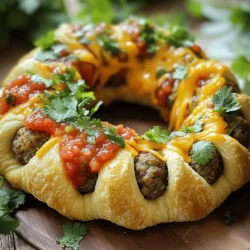 - 1 lb ground beef or ground turkey - 1 cup seasoned breadcrumbs - 1/2 cup grated Parmesan cheese - 1/4 cup taco seasoning - 1 large egg - 1 cup shredded sharp cheddar cheese - 1 can (8 oz) crescent roll dough - 1 cup salsa - 2 tablespoons fresh cilantro - Sour cream, for serving - Optional toppings (jalapeños, green onions, etc.) When making the Taco Meatball Ring, you want to focus on quality. Start with good ground beef or turkey. The choice depends on your taste. Ground turkey offers a leaner option, while beef gives a richer flavor. Seasoned breadcrumbs are key. They help hold the meatballs together while adding flavor. Grated Parmesan cheese brings a nice salty touch to the mix. It pairs well with taco seasoning, which gives the meatballs that wonderful kick. The egg acts as a binder. It helps the meatball mixture stay together during cooking. You can use shredded sharp cheddar cheese for a melty surprise. This cheese adds creaminess and enhances the dish. Crescent roll dough is fun and easy to use. It wraps around the meatballs, making a beautiful ring. Salsa adds brightness and freshness. Use your favorite type, whether mild or spicy. Finally, fresh cilantro gives a burst of color and flavor. To serve, grab some sour cream. It adds a creamy balance to the spice. You can also offer optional toppings like jalapeños or green onions. These add extra flavor and crunch. For the full recipe, check out the details above. Enjoy making this tasty family dinner! - Preheat the oven to 375°F (190°C). - In a large bowl, mix together: - 1 lb ground beef or ground turkey - 1 cup seasoned breadcrumbs - 1/2 cup grated Parmesan cheese - 1/4 cup taco seasoning - 1 large egg Use your hands or a spatula to blend everything well. This ensures the flavors combine nicely. Next, shape the mixture into 16 equal meatballs. Each meatball should be about 1 inch wide. Place them on a plate as you finish shaping them. This makes it easy for the next step. Now, get ready to prepare the crescent roll dough. Unroll the dough on a clean surface. Keep the triangles attached. Press the dough into a flat circle about 10 inches wide. - Position the meatballs in a circle in the center of the dough. - Sprinkle 1 cup of shredded sharp cheddar cheese over the meatballs for extra flavor. Starting from the edge, fold the tips of the dough over the meatballs. Tuck the points into the center. This keeps everything snug while it bakes. Transfer the taco ring to a baking sheet lined with parchment paper. This step helps with cleanup. Bake it in the preheated oven for 25-30 minutes. The dough should turn golden brown. Make sure the meatballs are cooked through; they should reach an internal temperature of 165°F (74°C). Enjoy the aroma as it bakes. Your family will be ready to dig in! To get the best meatballs, mix your ingredients well. This helps bind the meat and keeps the meatballs from falling apart. I like to use my hands to mix everything. It feels more personal, and you can really tell when it’s ready. For size, aim for 1-inch balls. This size cooks evenly and fits perfectly in your taco ring. You can make your taco seasoning stand out. Try adding garlic powder, onion powder, or even chili powder for a kick. If you love cheese, consider mixing in some pepper jack or Monterey Jack. It adds creaminess and a nice flavor twist. Don't be afraid to experiment with spices. Your taste buds will thank you! Serving is just as important as cooking. After baking, let your Taco Meatball Ring cool for a few minutes. This makes cutting easier. Place it on a big platter and sprinkle fresh cilantro on top. It adds a bright color and a fresh taste. You can also serve with a side of salsa and sour cream. This way, everyone can dip and enjoy the flavors together. {{image_4}} You can easily swap out ground beef or turkey. Here are a few options: - Ground chicken: A leaner choice with a mild taste. - Ground pork: Adds a rich flavor that pairs well with taco spices. - Plant-based meat: Products like Beyond Meat or Impossible Burger work great for a vegetarian option. Using plant-based meat gives you the same texture as meat. Plus, it absorbs all the taco flavor while being healthier. You can spice things up in this dish. Here are some ideas: - Add peppers: Mix in jalapeños or serranos for heat. - Cheese combinations: Try pepper jack for a kick or a melty blend of cheeses like Monterey Jack and mozzarella. These changes can make the Taco Meatball Ring exciting and fun for everyone at the table. If you have special dietary needs, don’t worry. Here are some options: - Gluten-free: Use gluten-free crescent rolls instead of regular ones. They taste just as good! - Low-carb: Try lettuce wraps instead of dough. This keeps the flavors but cuts carbs. These options allow everyone to enjoy the Taco Meatball Ring, no matter their dietary needs. To keep your Taco Meatball Ring fresh, let it cool first. Place leftovers in a shallow container. This helps cool it faster. Use an airtight container to keep moisture in. Store in the fridge for up to three days. When reheating, keep the texture nice. The oven works best for this. Set it to 350°F (175°C). Place the Taco Meatball Ring on a baking sheet. Heat for about 10-15 minutes. You can use the microwave, but it may make it a bit soggy. If using a microwave, place a damp paper towel over it and heat in short bursts. You can freeze the Taco Meatball Ring before or after baking. For freezing before baking, wrap it tightly in plastic wrap. Then, place it in a freezer bag. It can stay in the freezer for up to three months. To cook, thaw it overnight in the fridge before baking. If you freeze it after baking, let it cool completely first. Then, follow the same wrapping and freezing steps. To reheat, bake it from frozen at 375°F (190°C) for about 25-30 minutes. A Taco Meatball Ring is a fun dish that combines meatballs and crescent roll dough. It uses simple ingredients to create a tasty meal. The main components are: - 1 lb ground beef or ground turkey - 1 cup seasoned breadcrumbs - 1/2 cup grated Parmesan cheese - 1/4 cup taco seasoning - 1 large egg - 1 cup shredded sharp cheddar cheese - 1 can (8 oz) crescent roll dough - 1 cup salsa - 2 tablespoons fresh cilantro You mix the meatball ingredients, shape them, and wrap them in dough. The result is a beautiful circular dish that's perfect for family dinners. Yes, you can prepare parts of the Taco Meatball Ring ahead. Make the meatballs and store them in the fridge for up to 24 hours. You can also roll out the crescent dough and keep it covered until you are ready to bake. For storage, keep the meatballs in an airtight container. If you want to bake later, wrap the assembled ring tightly in plastic wrap. This way, it stays fresh. This dish pairs well with many sides and dips. Here are some ideas: - Fresh salad with lime dressing - Crispy tortilla chips - Guacamole for dipping - Extra salsa on the side - A scoop of sour cream These options add great flavor and texture to your meal. To check if your meatballs are done, use a meat thermometer. The internal temperature should reach 165°F (74°C). Insert the thermometer into the center of a meatball to check. If you don’t have a thermometer, cut a meatball in half. The meat should be brown all the way through with no pink. This step helps you serve safe and delicious meatballs every time. The Taco Meatball Ring is a fun twist on tacos. With ground beef, spices, and cheese, it's easy to make. You can customize it with your favorite toppings and variations. Remember to store leftovers properly for the best flavor. Whether you serve it at a party or for dinner, you will impress everyone. Experiment with flavors and enjoy this dish often. It’s a simple, tasty meal everyone will love. Get cooking and enjoy your delicious creation!