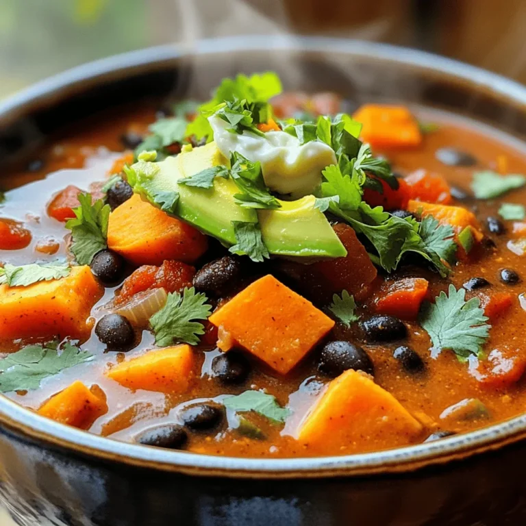 To make this sweet potato black bean chili, gather these simple ingredients: - 2 medium sweet potatoes, peeled and cut into 1/2-inch cubes - 1 can (15 oz) black beans, thoroughly drained and rinsed - 1 can (14 oz) diced tomatoes with green chilies - 1 medium onion, finely chopped - 3 cloves garlic, minced - 1 bell pepper (any color), diced - 2 tablespoons extra virgin olive oil - 1 tablespoon chili powder - 1 teaspoon ground cumin - 1 teaspoon smoked paprika - 1/2 teaspoon cayenne pepper (adjust according to spice preference) - 2 cups vegetable broth - Sea salt and freshly ground black pepper to taste - Fresh cilantro, coarsely chopped, for garnish - Ripe avocado slices for topping (optional) You can make your chili even better with these fun toppings: - Fresh lime wedges for a zesty kick - Sour cream or Greek yogurt for creaminess - Shredded cheese for extra flavor - Green onions for crunch If you have dietary needs, here are some easy swaps: - Use quinoa or lentils instead of black beans for a different protein. - Swap sweet potatoes with regular potatoes or squash. - For a low-sodium version, choose low-sodium vegetable broth and canned beans. - Use a different vegetable broth for a unique flavor profile. Feel free to mix and match these options to suit your taste. Don't miss out on the full recipe for more details! First, grab a large pot or Dutch oven. Pour in the olive oil and heat it over medium heat. Once the oil is hot, add the chopped onion and diced bell pepper. Stir in the minced garlic. Cook these for about 5 minutes. You want them tender and slightly clear. This step builds a strong base for your chili. Next, toss in the diced sweet potatoes with the cooked aromatics. Add the chili powder, ground cumin, smoked paprika, and cayenne pepper. Stir everything together. Cook for an extra 2 to 3 minutes. This toasting process brings out the flavors of the spices. You will smell them getting fragrant, and that’s a good sign! Now, pour in the black beans and the diced tomatoes, juices included. Add the vegetable broth and stir well to mix everything. Increase the heat to bring the chili to a gentle boil. Once it’s bubbling, reduce the heat to low and cover the pot. Let it simmer for 25 to 30 minutes. Stir it occasionally to check if it sticks. The sweet potatoes should be soft when it’s done. Taste your chili and adjust the salt and pepper. If it’s thick, add more broth or water. Serve it hot, garnished with fresh cilantro and avocado slices if you like. Check out the Full Recipe for more details. To boost the taste of your chili, use fresh spices. Fresh spices give more flavor than old ones. Start with chili powder, cumin, and smoked paprika. These spices add depth and warmth. You can also add a pinch of cinnamon for a surprise twist. Mix them well with the sweet potatoes early on. This helps the spices toast and release their full flavors. If you like it hot, add more cayenne pepper. Start with half a teaspoon. Taste it after cooking to see if you want more. You can also add chopped jalapeños for a fresh heat. If it’s too spicy, balance it with a dollop of sour cream or yogurt. This will cool it down and add creaminess. Sweet Potato Black Bean Chili pairs well with many sides. Cornbread is a classic choice that complements the chili's warmth. You can also serve it with a fresh salad for crunch and color. For drinks, a cold beer or a refreshing limeade works great. If you want a twist, serve it over rice or quinoa for extra texture. Check out the Full Recipe for more ideas! {{image_4}} This sweet potato black bean chili is naturally vegetarian and vegan. You don’t need to change much. Use vegetable broth for a rich base. All the spices and veggies add great flavor. You can also add more beans or lentils for variety. They boost protein and texture. Want more protein? Add cooked quinoa or lentils to the pot. They blend well and soak up the chili's flavors. You can also mix in some cubed tofu or tempeh. Both options add a nice bite. If you like meat, ground turkey or chicken works too. Just brown it before adding to the pot. It gives a hearty twist to the dish. This recipe is gluten-free. Just make sure your vegetable broth is certified gluten-free. Some brands use gluten in their products. You can also swap in gluten-free grains like millet or rice. They make a great base if you want to serve the chili over something. Enjoy your comforting bowl of goodness without worry! To keep your sweet potato black bean chili fresh, let it cool first. Then, transfer it to an airtight container. Store it in the fridge for up to 4 days. This way, you can enjoy it later without losing flavor. Freezing is a great option if you want to save some chili for later. Use freezer-safe containers or bags. Make sure to leave some space at the top, as the chili will expand when frozen. It can last in the freezer for up to 3 months. To reheat, thaw the chili overnight in the fridge if frozen. You can warm it up on the stove over medium heat. Stir occasionally until it’s hot. If it seems thick, add a splash of vegetable broth or water. This helps restore its creamy texture. Enjoy your delicious chili just like it was freshly made! Yes, you can use fresh beans. However, fresh beans take longer to cook. You need to soak them overnight. After soaking, cook them until tender before adding to the chili. This can add more time to your meal prep, but the flavor can be richer. Sweet Potato Black Bean Chili lasts about 4 to 5 days in the fridge. Make sure to store it in an airtight container. Cool the chili before placing it in the fridge. This keeps it fresh and safe to eat later. You can serve the chili with rice or cornbread. A side salad also pairs well. For a fun twist, try tortilla chips or avocado slices on top. Fresh cilantro adds a nice touch too. Enjoy the flavors together for a hearty meal! For the complete recipe, check out the [Full Recipe]. In this blog post, we explored the key ingredients and cooking steps for Sweet Potato Black Bean Chili. We discussed optional toppings, substitutions, and tips to enhance flavor. Variations for dietary needs offered more choices. Understanding storage and reheating helped you enjoy leftovers. In conclusion, making this chili is simple and rewarding. You can customize it based on your taste. Enjoy each hearty bite, knowing you created a meal that’s nutritious and delicious. Dive into this dish and make it your own!