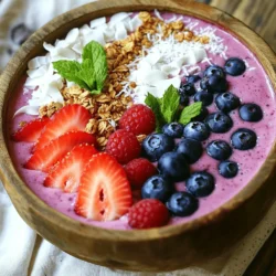 - Fresh mixed berries: Use strawberries, blueberries, and raspberries for the best taste. - Banana and yogurt options: A ripe banana adds creaminess. Greek yogurt gives protein, but plant-based yogurt works too. - Optional sweeteners and toppings: Add honey or maple syrup for sweetness. Top with chia seeds, granola, and fresh mint leaves for fun texture and color. These ingredients create a delightful balance of flavors. The fresh berries shine with their natural sweetness. The banana makes the smoothie thick and creamy. Greek yogurt boosts protein, making this bowl filling. Choosing ripe, fresh berries is key. They should be bright and firm. Avoid any with soft spots. Bananas should be yellow with a few brown spots for sweetness. For yogurt, Greek yogurt is thick and tangy. If you prefer, plant-based yogurt is a great substitute. It’s dairy-free and still creamy. Sweeteners can enhance the flavor. If your berries are tart, a little honey can help. Maple syrup is also a good choice for a vegan option. Lastly, toppings add crunch and beauty. Chia seeds are tiny but packed with nutrients. Granola gives a satisfying crunch. Fresh mint leaves add a pop of color and freshness. Check out the full recipe for exact measurements and instructions. Enjoy crafting your berry smoothie bowl! Start with fresh berries. Wash them well under cool water. Slice any large berries, like strawberries, to match smaller ones. This helps them blend evenly. Next, get your yogurt and milk ready. Use Greek yogurt for creaminess. Choose almond milk or your favorite milk for a tasty base. If you want it sweeter, add honey or maple syrup. Just a spoonful will do! Now it’s time to blend. Add the washed berries, sliced banana, yogurt, and milk to your blender. If you chose a sweetener, add that too. Blend on high speed. Stop to scrape down the sides. This makes sure everything mixes well. Blend until it’s smooth and creamy. You want a thick texture, but not too thick. If it’s too thick, add a little more milk. Once blended, pour the mixture into a bowl. Use a spatula to smooth the top. Now comes the fun part—topping! Sprinkle chia seeds over the smoothie base. They add crunch and nutrition. Then, arrange granola, fresh berries, and mint leaves on top. This makes your bowl look beautiful. Finally, add a sprinkle of coconut flakes for extra flavor. Serve your berry smoothie bowl right away for the best taste. Enjoy this flavorful and nutritious treat! Choosing the best berries for flavor and nutrition Pick ripe, sweet berries like strawberries, blueberries, and raspberries. They add great taste and color. Frozen berries also work well, especially if fresh ones are not available. Look for berries that are firm and bright. This ensures they are fresh and packed with vitamins. How to create a creamy texture Use ripe bananas and Greek yogurt. These ingredients make your smoothie bowl thick and creamy. For a dairy-free option, choose a plant-based yogurt. Adding almond milk helps blend the mix smoothly. Blend until everything is well combined, but don’t overdo it. You want a creamy yet thick consistency. Tips for vibrant presentations Make your bowl look stunning by layering toppings. Use fresh berries, granola, and mint leaves. Arrange them in fun patterns or shapes. A sprinkle of coconut flakes adds a tropical touch. Use a colorful bowl to showcase your creation. The more colorful, the better! Recommended blenders for smoothie bowls Invest in a high-quality blender. A powerful blender will mix your ingredients well. Look for models with multiple speed settings. This way, you can adjust the blend for a smooth texture. Brands like Vitamix or Ninja are great choices for smoothie bowls. Best bowls and utensils for serving Choose a wide, shallow bowl for your smoothie. This lets you display your toppings nicely. Use a spoon with a comfortable grip. It makes eating your bowl easier. Don’t forget a fun straw if you like sipping your smoothie! {{image_4}} You can get creative with your berry smoothie bowl. Try a tropical berry blend. Use fresh mango, pineapple, and coconut with your berries. This mix brings a sweet and zesty flavor. You can also add a splash of orange juice for extra brightness. Another great idea is to add greens. Spinach or kale can boost the nutrition. They add vitamins without changing the flavor much. Just blend a handful in with your fruits. This makes your bowl even healthier and greener. If you are vegan or dairy-free, swap out the Greek yogurt. Use a plant-based yogurt made from almond or coconut. It will still give you that creamy texture. For sweetening, maple syrup works great if you want a touch of sweetness. For those who need gluten-free options, choose gluten-free granola. There are many brands available now that taste amazing. They add crunch and flavor without any gluten. Explore these variations to make the berry smoothie bowl your own. For the full recipe, check the recipe section! You can store your berry smoothie bowl in the fridge. Use an airtight container to keep it fresh. It stays good for up to two days. If you want to save some, cover it well. This helps keep the flavors and texture. To maintain freshness, avoid adding toppings until you're ready to eat. Keep granola, berries, and coconut flakes separate. Add them just before serving. This keeps everything crunchy and bright. Can you freeze smoothie bowls? Yes, you can! However, the texture may change when thawed. If you freeze it, store it in a freezer-safe container. It’s best to eat it within a month for the best taste. To prepare ingredients in advance, wash and chop your fruits. Store them in the fridge for easy access. You can also measure out yogurt and milk. This makes blending quick and easy in the morning. For the full recipe, check out the Berry Bliss Smoothie Bowl. What is a berry smoothie bowl? A berry smoothie bowl is a thick, creamy blend of berries and yogurt. You pour the mixture into a bowl and top it with fruits, seeds, or nuts. It is fun to make and eat! Are berry smoothie bowls healthy? Yes, berry smoothie bowls are very healthy! They are packed with vitamins, minerals, and fiber. Berries are low in calories but high in antioxidants. Plus, adding yogurt gives you protein and probiotics for gut health. How can I customize my smoothie bowl for different diets? You can easily adjust your smoothie bowl for any diet. For a vegan option, use plant-based yogurt and milk. If you want it low in sugar, skip the sweeteners or use a sugar substitute. You can also mix in spinach or kale for extra nutrients. What to do if the smoothie is too thin? If your smoothie is too thin, add more frozen fruit or a banana. You can also try adding a scoop of yogurt or some chia seeds. Blend again until you reach your desired thickness. How to prevent browning of banana? To keep bananas from browning, use fresh ones. You can also squeeze some lemon juice on cut bananas. This helps slow down the browning process and keeps them looking fresh in your bowl. Feel free to explore the Full Recipe for more details and tips! Making a berry smoothie bowl is simple and fun. We covered key ingredients like fresh berries, yogurt, and optional toppings. You learned step-by-step how to wash, blend, and arrange your bowl for the best look. I shared tips for the perfect texture and vibrant presentations. You can explore variations for different diets too. Finally, we discussed how to store leftovers and prep for the future. Now you have all the tools to make your own healthy and tasty berry smoothie bowls any time! Enjoy your delicious creations!