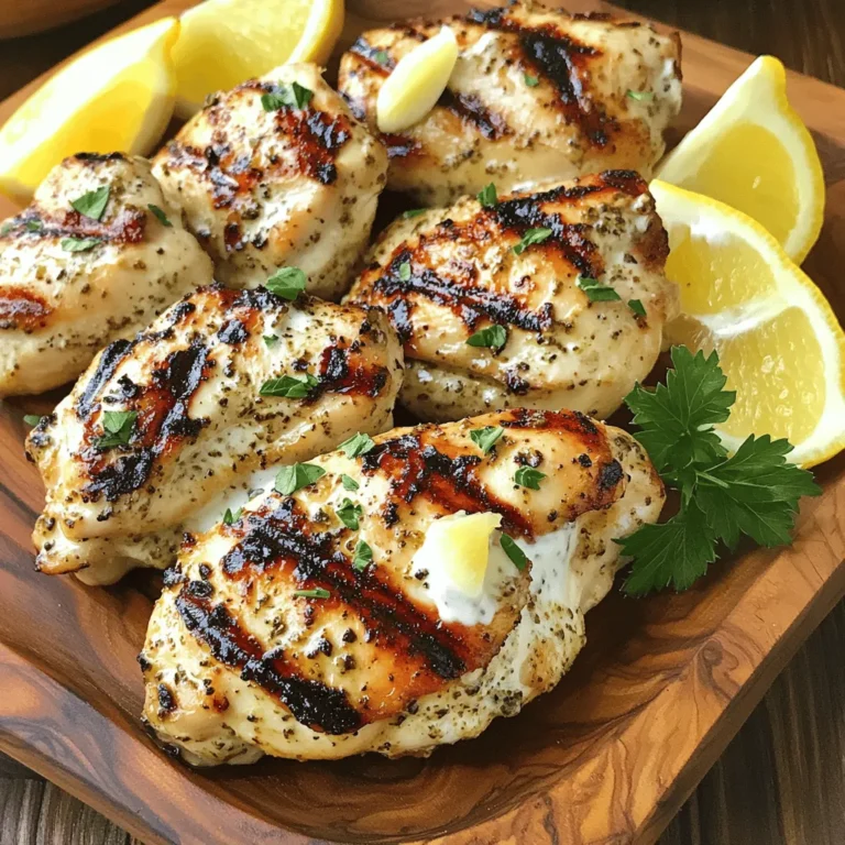 To make the Ultimate Greek Chicken Marinade, you will need several key ingredients. Each one plays a role in creating that vibrant, tasty flavor. - Chicken: - 4 boneless, skinless chicken breasts - Marinade Components: - 1/4 cup high-quality olive oil - 1/4 cup plain Greek yogurt - 3 cloves of garlic, finely minced - Juice of 2 fresh lemons - Zest of 1 lemon - 2 teaspoons dried oregano - 1 teaspoon dried thyme - 1 teaspoon sea salt - 1/2 teaspoon freshly ground black pepper - 1 tablespoon honey - 1 tablespoon Dijon mustard - Optional Garnishes: - Fresh parsley, finely chopped These ingredients blend together to create a marinade that is rich and full of flavor. The olive oil adds smoothness, while the yogurt gives a creamy texture. Fresh garlic and lemon juice bring a zesty punch. The dried herbs add depth, and honey balances the tanginess with sweetness. You can customize the garnish with fresh parsley for a bright touch. For the full recipe, check out the Ultimate Greek Chicken Marinade. To make the marinade, you need a few simple steps. First, gather your ingredients. You will need: - 1/4 cup high-quality olive oil - 1/4 cup plain Greek yogurt - 3 cloves of garlic, finely minced - Juice of 2 fresh lemons - Zest of 1 lemon - 2 teaspoons dried oregano - 1 teaspoon dried thyme - 1 teaspoon sea salt - 1/2 teaspoon freshly ground black pepper - 1 tablespoon honey - 1 tablespoon Dijon mustard In a medium mixing bowl, combine all these ingredients. Whisk them together until they form a smooth mixture. This delicious marinade will make your chicken extra tasty. Next, it's time to marinate the chicken. Take 4 boneless, skinless chicken breasts and place them in a large resealable plastic bag or a shallow dish. Pour the marinade over the chicken. Ensure that each piece gets fully coated. This step is key for flavor. Seal the bag tightly or cover the dish with plastic wrap. Place the chicken in the refrigerator. I recommend letting it marinate for at least 2 hours. If you have time, let it sit overnight. This longer marinating time makes the chicken even more flavorful. When you’re ready to cook, preheat your grill or grill pan to medium-high heat. Make sure it is hot before you add the chicken. This helps get that nice char. Remove the chicken from the marinade and let any excess drip off. Discard the leftover marinade for safety. Place the chicken on the grill and cook for about 6-7 minutes on each side. You want the internal temperature to reach 165°F (75°C). - Resting the Chicken After grilling, take the chicken off the grill. Let it rest for 5 minutes. This resting time is important. It helps the juices go back into the meat. Your chicken will be juicy and tender. Before serving, sprinkle some fresh chopped parsley on top for a pop of color and extra flavor. Enjoy this ultimate Greek chicken with a side of Greek salad or warm pita bread to make it a meal. Don't forget to check out the Full Recipe for more details! To get the best flavor from your chicken, use a few simple tips. First, always use fresh ingredients. Fresh garlic and lemons give a bright taste. Next, make sure your chicken is dry before marinating. This helps the marinade stick better. Use a resealable bag or a shallow dish for marinating. This way, the chicken stays covered in the marinade. When grilling, always preheat your grill. A hot grill gives a nice sear and keeps the juices inside. Cook each side of the chicken for about 6-7 minutes. Check the internal temperature; it should reach 165°F (75°C). Let the chicken rest after grilling. This allows the juices to settle, making the chicken juicy and tender. Want to boost the flavors even more? Consider adding fresh herbs to your marinade. Fresh dill or mint can brighten up the dish. You can also sprinkle feta cheese on the chicken after grilling for a salty kick. For the best taste, marinate your chicken for at least 2 hours. If you have time, overnight is even better. The longer it marinates, the more the flavors soak in. Just remember not to marinate for too long, as acidity from the lemon can break down the chicken. For the complete guide on making this delightful dish, check out the Full Recipe. {{image_4}} You can switch herbs in this marinade. Fresh herbs work well. Try using fresh oregano or thyme. They add bright flavors. You can also use dill for a unique twist. Just chop them finely and mix them in. Adding spices can boost the flavor. Consider adding smoked paprika for a hint of smoke. A pinch of cayenne pepper gives it a nice kick. If you like it sweet, try some ground cinnamon. It pairs well with chicken. Grilling is great, but you have options. You can bake the chicken for a juicy result. Set your oven to 375°F (190°C) and cook for about 25-30 minutes. Another method is pan-searing. This gives a nice crust. Just use a little olive oil in a hot pan. - Serving Suggestions: Serve the chicken with a refreshing Greek salad. Add some tzatziki for a creamy dip. Warm pita bread is perfect on the side. You can also pair it with roasted veggies for a full meal. For more ideas, check out the Full Recipe. After grilling, let your chicken cool down first. Place any leftovers in an airtight container. This keeps the chicken fresh and moist. You can store it in the fridge for up to three days. If you want to keep it longer, freezing is a great option. To freeze leftover chicken, wrap each piece tightly in plastic wrap. Then, place it in a freezer-safe bag or container. Be sure to label the bag with the date. Frozen chicken stays good for about three months. When ready to eat, thaw it in the fridge overnight. To reheat, you can use an oven, microwave, or stovetop. If using an oven, set it to 350°F (175°C). Place the chicken on a baking sheet and cover it with foil. Heat for about 15-20 minutes. For the microwave, place the chicken on a microwave-safe plate. Heat in 30-second bursts until warmed through. Remember, don’t overheat, or it may dry out. You can keep the marinade in the fridge for up to one week. Store it in a sealed jar. If you want to use it later, consider freezing it in ice cube trays. This way, you can use small amounts as needed. Always remember to discard any leftover marinade that touched raw chicken for food safety. Enjoy your flavorful Greek chicken with confidence! Yes, you can use frozen chicken. Just remember to thaw it first. Thawing ensures the marinade soaks in well. It’s best to thaw chicken in the fridge overnight. This keeps it safe and allows for even marinating. You can marinate chicken for 2 to 24 hours. The longer it sits, the more flavor it gains. However, do not exceed 24 hours. Too much time can change the chicken's texture. Aim for at least 4 hours for great results. You can serve Greek chicken with many sides. A fresh Greek salad pairs nicely. Add warm pita bread for an extra touch. Roasted vegetables or rice also work well. These sides balance the flavors and complete the meal. - Is this recipe suitable for meal prep? Yes, this recipe is great for meal prep. You can marinate the chicken ahead of time. Grill it and store in the fridge for 3 to 4 days. It reheats well and keeps its flavor. This makes it perfect for quick lunches or dinners. For the complete process, check out the Full Recipe. This blog post covered how to prepare and grill Greek chicken using simple ingredients. We discussed marinating tips, grilling steps, and ways to enhance the flavor. Variations allow you to customize the dish, while proper storage ensures freshness. In conclusion, you can enjoy delicious Greek chicken anytime. With these steps, you’ll have a great meal ready in no time. Embrace the many flavors and get creative in the kitchen! Your taste buds will thank you.