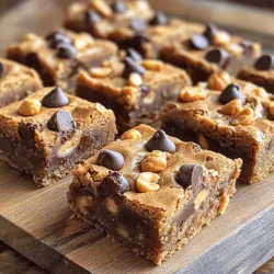 - 1 cup creamy peanut butter - 1/2 cup unsalted butter, melted - 1 cup packed brown sugar - 1/2 cup granulated sugar - 2 large eggs, at room temperature - 1 teaspoon pure vanilla extract - 1 1/2 cups all-purpose flour - 1 teaspoon baking powder - 1/2 teaspoon sea salt - 1 cup semi-sweet chocolate chips - 1/4 cup chopped peanuts (optional) To make Peanut Butter Chocolate Chip Blondies, you need simple ingredients. Each one plays a role in giving these blondies their rich taste. The creamy peanut butter gives a nutty flavor. The unsalted butter makes them moist. Brown sugar adds sweetness and a bit of chewiness. Granulated sugar helps create a nice crust. Eggs bind everything together. They also help with the rise. Pure vanilla extract adds warmth and depth. All-purpose flour gives structure. Baking powder helps the blondies rise. Sea salt balances the sweetness. The semi-sweet chocolate chips melt into gooey pockets of joy. If you want, add chopped peanuts for extra crunch. - Alternative nut butters: You can use almond or cashew butter if you prefer. - Brown sugar vs. white sugar: Brown sugar adds more moisture and flavor. White sugar makes them lighter. - Gluten-free flour options: Use a 1:1 gluten-free flour blend for a gluten-free version. These tips help you customize the recipe to fit your tastes. Enjoy crafting your own version! For the full recipe, check out the recipe section above. - Preheat the oven to 350°F (175°C). - Prepare the baking pan with parchment paper. Make sure to leave some overhang. This helps with easy removal later. - In a large bowl, combine melted butter and creamy peanut butter. - Stir until smooth. It should blend together well. - Next, add brown sugar and granulated sugar. Mix until the sugars blend in. The mix will look glossy when ready. - In another bowl, sift all-purpose flour, baking powder, and sea salt. - Slowly add this dry mix to the wet mix. Use a spatula to fold gently. - Be careful not to overmix. The batter should be thick and a bit lumpy. - Pour the batter into the prepared pan. Spread it out evenly. - Bake in the preheated oven for 25-30 minutes. - Check for doneness by looking for golden edges. A toothpick should come out with moist crumbs. You can find the complete process in the Full Recipe. Baking is fun, but mistakes can happen. Here are some tips to help you. - Use fresh ingredients. Old baking powder can ruin your blondies. - Measure carefully. Too much flour or sugar can change the taste. - Mix well but don’t overmix. Stir until combined for the best texture. - Check for doneness. Insert a toothpick in the center. If it comes out clean, they are ready. A good presentation makes treats more fun! Try these ideas: - Use a decorative platter. Arrange your blondie squares neatly. - Dust with powdered sugar. It adds a nice touch and looks pretty. - Top with chopped nuts. Sprinkle them on for extra crunch and flavor. Letting your blondies cool is key. Here’s why: - Cool before cutting. This helps them set and stay together. - Store in an airtight container. This keeps them fresh longer. - Refrigerate for extra softness. They stay moist and tasty when cold. For the complete recipe, check out the Full Recipe section! {{image_4}} You can switch up the flavors in your blondies. Try using peanut butter chips instead of chocolate chips. You can also add spices like cinnamon or a sprinkle of sea salt. These options add depth and make the blondies even more delicious. If you need a vegan version, swap the eggs for flax eggs. To make flax eggs, mix one tablespoon of ground flaxseed with three tablespoons of water. Let it sit until it thickens. For nut-free blondies, use sun butter instead of peanut butter. This swap keeps the treat safe for those with nut allergies. These blondies taste amazing with ice cream. Serve them warm with a scoop of your favorite flavor. You can also pair blondies with fresh fruits or sauces. A drizzle of chocolate sauce or caramel adds a sweet touch. For a refreshing twist, serve with berries or sliced bananas. For the full recipe, check the section above. Enjoy these variations to make your blondies unique! To keep your peanut butter chocolate chip blondies fresh, store them in an airtight container. This helps prevent them from drying out. You can stack them in layers, placing parchment paper between each layer to avoid sticking. If you want to store them for a longer time, freezing is a great option. Just wrap the blondies tightly in plastic wrap, then place them in a freezer-safe bag. Label the bag with the date for easy tracking. At room temperature, your blondies will last about 3 to 5 days. Just make sure they are in a cool, dry spot, away from sunlight. If you store them in the fridge, they can last up to a week. For the best taste, let them come to room temperature before serving. This way, they regain their soft and chewy texture. Always check for signs of spoilage, like an off smell or changes in texture, before enjoying your delicious treats. Yes, you can make these blondies ahead of time. They taste great after resting for a day. Just let them cool completely before storing. Wrap them in plastic wrap or place them in an airtight container. This keeps them fresh and soft. You can tell if blondies are overbaked by checking their color and texture. If they look dark brown or hard, they are likely overbaked. The edges should be golden brown, and the center should be soft. A toothpick inserted should come out with a few moist crumbs. Common mix-ins for blondies include: - Chopped nuts, like walnuts or pecans - Different types of chocolate chips, like white or butterscotch - Dried fruits, such as cranberries or cherries - Shredded coconut for added flavor and texture Feel free to get creative with what you like! You should store blondies once they are completely cool. If you store them while warm, they may become soggy. Let them sit in the pan for about 10 minutes, then lift them out to cool on a wire rack. This ensures they stay firm and tasty. For the complete list of ingredients and instructions, check the Full Recipe of Peanut Butter Chocolate Chip Blondies. This blog post covered the key ingredients and steps to make delicious peanut butter blondies. You learned about each ingredient's role, important measuring tips, and how to prep your oven. I shared tricks for perfect baking and ideas for fun variations. As you experiment with your blondies, remember that small changes can lead to tasty results. Enjoy baking and sharing these treats!