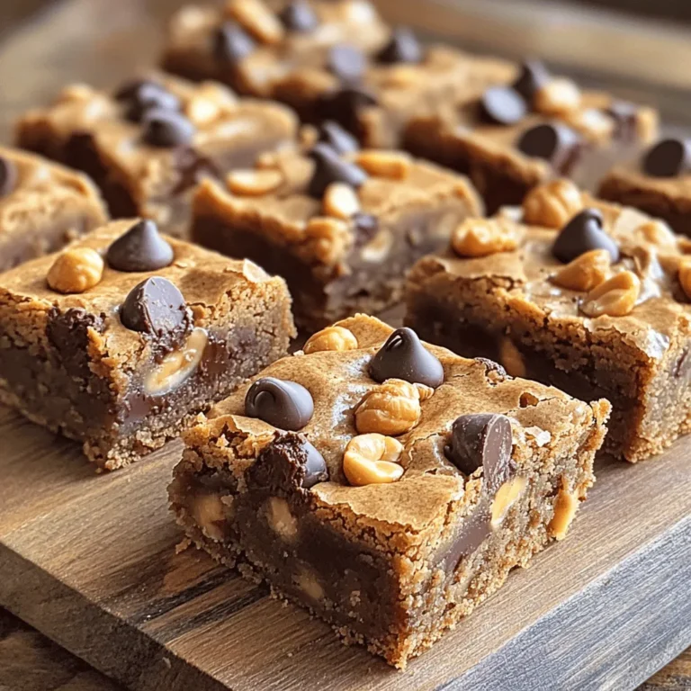 - 1 cup creamy peanut butter - 1/2 cup unsalted butter, melted - 1 cup packed brown sugar - 1/2 cup granulated sugar - 2 large eggs, at room temperature - 1 teaspoon pure vanilla extract - 1 1/2 cups all-purpose flour - 1 teaspoon baking powder - 1/2 teaspoon sea salt - 1 cup semi-sweet chocolate chips - 1/4 cup chopped peanuts (optional) To make Peanut Butter Chocolate Chip Blondies, you need simple ingredients. Each one plays a role in giving these blondies their rich taste. The creamy peanut butter gives a nutty flavor. The unsalted butter makes them moist. Brown sugar adds sweetness and a bit of chewiness. Granulated sugar helps create a nice crust. Eggs bind everything together. They also help with the rise. Pure vanilla extract adds warmth and depth. All-purpose flour gives structure. Baking powder helps the blondies rise. Sea salt balances the sweetness. The semi-sweet chocolate chips melt into gooey pockets of joy. If you want, add chopped peanuts for extra crunch. - Alternative nut butters: You can use almond or cashew butter if you prefer. - Brown sugar vs. white sugar: Brown sugar adds more moisture and flavor. White sugar makes them lighter. - Gluten-free flour options: Use a 1:1 gluten-free flour blend for a gluten-free version. These tips help you customize the recipe to fit your tastes. Enjoy crafting your own version! For the full recipe, check out the recipe section above. - Preheat the oven to 350°F (175°C). - Prepare the baking pan with parchment paper. Make sure to leave some overhang. This helps with easy removal later. - In a large bowl, combine melted butter and creamy peanut butter. - Stir until smooth. It should blend together well. - Next, add brown sugar and granulated sugar. Mix until the sugars blend in. The mix will look glossy when ready. - In another bowl, sift all-purpose flour, baking powder, and sea salt. - Slowly add this dry mix to the wet mix. Use a spatula to fold gently. - Be careful not to overmix. The batter should be thick and a bit lumpy. - Pour the batter into the prepared pan. Spread it out evenly. - Bake in the preheated oven for 25-30 minutes. - Check for doneness by looking for golden edges. A toothpick should come out with moist crumbs. You can find the complete process in the Full Recipe. Baking is fun, but mistakes can happen. Here are some tips to help you. - Use fresh ingredients. Old baking powder can ruin your blondies. - Measure carefully. Too much flour or sugar can change the taste. - Mix well but don’t overmix. Stir until combined for the best texture. - Check for doneness. Insert a toothpick in the center. If it comes out clean, they are ready. A good presentation makes treats more fun! Try these ideas: - Use a decorative platter. Arrange your blondie squares neatly. - Dust with powdered sugar. It adds a nice touch and looks pretty. - Top with chopped nuts. Sprinkle them on for extra crunch and flavor. Letting your blondies cool is key. Here’s why: - Cool before cutting. This helps them set and stay together. - Store in an airtight container. This keeps them fresh longer. - Refrigerate for extra softness. They stay moist and tasty when cold. For the complete recipe, check out the Full Recipe section! {{image_4}} You can switch up the flavors in your blondies. Try using peanut butter chips instead of chocolate chips. You can also add spices like cinnamon or a sprinkle of sea salt. These options add depth and make the blondies even more delicious. If you need a vegan version, swap the eggs for flax eggs. To make flax eggs, mix one tablespoon of ground flaxseed with three tablespoons of water. Let it sit until it thickens. For nut-free blondies, use sun butter instead of peanut butter. This swap keeps the treat safe for those with nut allergies. These blondies taste amazing with ice cream. Serve them warm with a scoop of your favorite flavor. You can also pair blondies with fresh fruits or sauces. A drizzle of chocolate sauce or caramel adds a sweet touch. For a refreshing twist, serve with berries or sliced bananas. For the full recipe, check the section above. Enjoy these variations to make your blondies unique! To keep your peanut butter chocolate chip blondies fresh, store them in an airtight container. This helps prevent them from drying out. You can stack them in layers, placing parchment paper between each layer to avoid sticking. If you want to store them for a longer time, freezing is a great option. Just wrap the blondies tightly in plastic wrap, then place them in a freezer-safe bag. Label the bag with the date for easy tracking. At room temperature, your blondies will last about 3 to 5 days. Just make sure they are in a cool, dry spot, away from sunlight. If you store them in the fridge, they can last up to a week. For the best taste, let them come to room temperature before serving. This way, they regain their soft and chewy texture. Always check for signs of spoilage, like an off smell or changes in texture, before enjoying your delicious treats. Yes, you can make these blondies ahead of time. They taste great after resting for a day. Just let them cool completely before storing. Wrap them in plastic wrap or place them in an airtight container. This keeps them fresh and soft. You can tell if blondies are overbaked by checking their color and texture. If they look dark brown or hard, they are likely overbaked. The edges should be golden brown, and the center should be soft. A toothpick inserted should come out with a few moist crumbs. Common mix-ins for blondies include: - Chopped nuts, like walnuts or pecans - Different types of chocolate chips, like white or butterscotch - Dried fruits, such as cranberries or cherries - Shredded coconut for added flavor and texture Feel free to get creative with what you like! You should store blondies once they are completely cool. If you store them while warm, they may become soggy. Let them sit in the pan for about 10 minutes, then lift them out to cool on a wire rack. This ensures they stay firm and tasty. For the complete list of ingredients and instructions, check the Full Recipe of Peanut Butter Chocolate Chip Blondies. This blog post covered the key ingredients and steps to make delicious peanut butter blondies. You learned about each ingredient's role, important measuring tips, and how to prep your oven. I shared tricks for perfect baking and ideas for fun variations. As you experiment with your blondies, remember that small changes can lead to tasty results. Enjoy baking and sharing these treats!