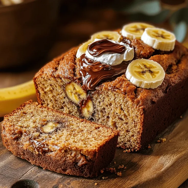 - 3 ripe bananas, thoroughly mashed - 1/3 cup unsalted butter, melted - 1 teaspoon baking soda - Pinch of salt - 3/4 cup granulated sugar - 1 large egg, beaten until frothy - 1 teaspoon pure vanilla extract - 1 cup all-purpose flour, sifted - 1/2 cup semi-sweet chocolate chips (optional) - 1/2 cup Nutella - Chocolate shavings - Sliced bananas - Whipped cream For this Nutella-stuffed banana bread, I love using ripe bananas. They add natural sweetness and moisture. You should mash them well so they mix easily. Melted butter gives it a rich taste. Baking soda helps the bread rise, while salt brings out the flavors. I prefer granulated sugar to sweeten this bread. The beaten egg helps bind everything together, making it fluffy. Pure vanilla extract adds a lovely aroma. Sifting the flour makes it light and airy, which is key for great texture. If you like, add chocolate chips for extra richness. To finish, Nutella is the star! It creates a gooey, chocolatey middle that makes each slice special. You can add toppings like chocolate shavings or sliced bananas for a fun twist. Whipped cream also makes it feel like dessert. Check out the Full Recipe for all the steps to make this delightful treat! - Preheat your oven to 350°F (175°C). - Grease a 9x5-inch loaf pan or line it with parchment paper. - Combine mashed bananas with melted butter. - Incorporate baking soda and salt into the mixture. - Add sugar, beaten egg, and vanilla extract, mixing until smooth. - Gently fold in the sifted flour. - Optional: Incorporate chocolate chips if desired. - Pour half of the batter into the loaf pan. - Dollop Nutella on top and swirl lightly. - Pour remaining batter over the Nutella layer. - Bake for 50-60 minutes. - Check for doneness with a toothpick. - Cool in the pan for 10 minutes before transferring to a wire rack. You can find the [Full Recipe] for more detailed instructions and tips. Enjoy your baking! - Use very ripe bananas for enhanced sweetness. The black spots mean more flavor. - Do not overmix the batter to ensure a soft texture. Mix just until combined. - Serve warm with a dollop of Nutella. This is the best part! - Pair with coffee or tea for an indulgent treat. It makes a great snack. - Loaf pan: A must-have for baking your bread evenly. - Mixing bowls: Use one for wet and one for dry ingredients. - Measuring cups and spoons: Accurate measurements help create the best banana bread. For the full recipe of Nutella-Stuffed Banana Bread, follow the detailed steps above. {{image_4}} If you want a nut-free treat, you can swap Nutella with almond butter or sunflower butter. Both options give you creamy goodness without the nuts. Almond butter has a light taste, while sunflower butter brings a slightly sweet touch. Both choices work well in banana bread. You can make your banana bread even better with some fun add-ins. Here are a few ideas: - Chopped nuts (walnuts or pecans) - Dried fruits (raisins or cranberries) These add-ins give your bread a nice crunch and extra sweetness. You can mix them into the batter or sprinkle them on top. Want to shake things up? You can add some spices or zest to the batter. Try these options: - Add spices like cinnamon or nutmeg to the batter for warmth. - Incorporate orange zest for a fresh, citrusy flavor. These twists can make your Nutella-stuffed banana bread stand out. Each bite will surprise you with new tastes. No matter what you choose, the result will be a delightful treat for everyone. Check out the Full Recipe to get started! Store your Nutella-stuffed banana bread in an airtight container at room temperature. It will stay fresh for up to 3 days. This keeps the bread soft and tasty. For longer storage, wrap the banana bread tightly in plastic wrap or foil. You can freeze it for up to 3 months. Freezing locks in the moisture and flavor. When you're ready to enjoy your banana bread, thaw it overnight in the refrigerator. This slow thaw helps maintain the bread's texture and taste. You can then slice and serve it cold or warm it gently in the oven. Enjoy this delicious treat any time! Yes, thaw and mash them before adding to the batter. Frozen bananas work great. They add moisture and sweetness. Just make sure to drain any extra liquid. Substitute all-purpose flour with a gluten-free flour blend. This choice keeps the bread soft. Check the blend for best results. Some blends may need extra liquid. Consider chocolate spread or homemade chocolate hazelnut spread. Both options maintain a rich flavor. You can even try almond butter for a nut-free twist. When a toothpick inserted in the center comes out clean. If it has wet batter, bake longer. Keep an eye on it; overbaking can dry it out. Yes, adjust baking time accordingly; check for doneness at 25-30 minutes. Mini loaves are perfect for sharing. Just be careful to not overbake them. In this post, we explored how to make Nutella-stuffed banana bread in easy steps. You learned about key ingredients and the importance of ripe bananas. We discussed tips for perfecting your bake and suggested fun variations. This recipe is not just delicious but also versatile. Try adding your favorite nuts or spices for a unique twist. With these simple steps, you can create a delightful treat that everyone will love. Enjoy your baking adventure!